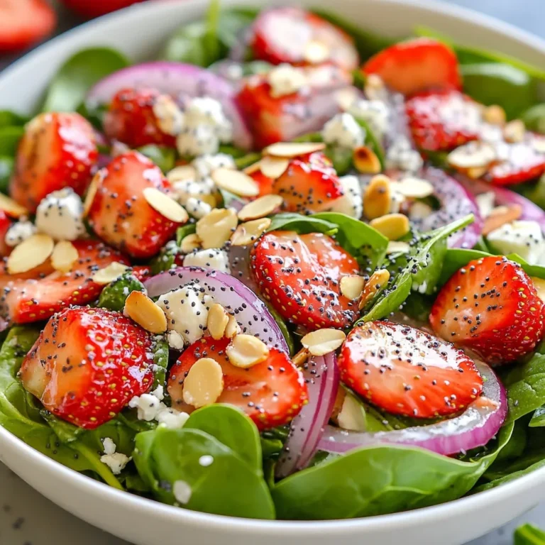 - 4 cups fresh baby spinach leaves - 2 cups juicy strawberries, hulled and elegantly sliced - 1/2 cup red onion, thinly sliced for a delightful crunch - 1/2 cup slivered almonds, toasted to perfection - 1/4 cup feta cheese, crumbled (optional for a creamy touch) - 1/4 cup high-quality olive oil - 2 tablespoons apple cider vinegar for a tangy kick - 1 tablespoon honey to balance flavors - 1 teaspoon Dijon mustard for depth - 1 tablespoon poppy seeds to add a delightful texture - Salt and pepper to taste for seasoning This salad is all about freshness and flavor. I love using fresh baby spinach. It gives the salad a vibrant base. Juicy strawberries add a pop of color and sweetness. The red onion provides a nice crunch and sharpness. For a nutty twist, I use slivered almonds. They should be toasted lightly for the best flavor. If you want a creamy touch, sprinkle in some feta cheese. For the dressing, I keep it simple yet tasty. High-quality olive oil makes a huge difference. Apple cider vinegar adds a tangy note that brightens the salad. Honey brings in sweetness, balancing out the flavors. Dijon mustard adds warmth and depth. Poppy seeds give a delightful crunch. Don’t forget to season with salt and pepper! These ingredients work together to create a refreshing dish that is full of life. Plus, this salad is quick to make, perfect for busy days! {{ingredient_image_2}} - First, grab a large bowl. Add 4 cups of fresh baby spinach leaves. - Next, layer 2 cups of sliced strawberries on top of the spinach. - Add 1/2 cup of thinly sliced red onion for a crunchy bite. - Take 1/2 cup of slivered almonds and place them in a small skillet. - Heat the skillet on medium. Stir the almonds often for about 3-4 minutes. - Watch them closely to avoid burning. They should turn golden brown when done. - In a separate bowl, whisk together 1/4 cup of olive oil and 2 tablespoons of apple cider vinegar. - Add 1 tablespoon of honey and 1 teaspoon of Dijon mustard for flavor. - Toss in 1 tablespoon of poppy seeds, plus salt and pepper to taste. - Blend everything until smooth and the flavors mix well. - Once the almonds cool, sprinkle them over the salad. - If you like, add 1/4 cup of crumbled feta cheese for creaminess. - Drizzle the poppyseed dressing over the top. - Toss the salad gently to coat all the ingredients without bruising them. - Use a large, shallow bowl for a beautiful display. - Garnish with strawberry halves for a pop of color. - Sprinkle extra poppy seeds on top for a nice touch. - Consider adding goat cheese for creaminess. - Top with crispy bacon for a savory twist. - Adjust sweetness by adding more honey if needed. - Add more apple cider vinegar for a tangy kick. - Serve this salad at summer picnics or barbecues. - Great as a light lunch on warm days. - Pair with grilled chicken for a complete meal. - Enjoy with fish for a fresh seafood feast. Pro Tips Use Fresh Ingredients: For the best flavor, always opt for the freshest spinach and strawberries available. Locally sourced or in-season produce will make your salad taste even better. Customize Your Nuts: Feel free to experiment with different types of nuts such as walnuts or pecans to add a unique flavor profile to your salad. Make Ahead Tips: If preparing in advance, store the dressing separately and add it just before serving to keep the spinach crisp and fresh. Dress for Success: When tossing the salad, start with a small amount of dressing and add more as needed. This prevents overdressing and allows you to control the flavor intensity. {{image_4}} You can change this salad with fresh fruits all year long. In spring, try adding sliced peaches or cherries. In summer, blueberries or raspberries work well. Fall brings apples or pears, while winter can feature citrus fruits like oranges. You can also switch the greens in this salad. Try kale or arugula for a different taste. Both add a nice texture and flavor. If you want a vegan version, skip the feta cheese. Use maple syrup instead of honey to keep it plant-based. For a gluten-free option, ensure the Dijon mustard and any other ingredients you use are gluten-free. If you have nut allergies, you can replace almonds with sunflower seeds or pumpkin seeds. These still give a nice crunch. You can play with different nuts in this salad. Walnuts or pecans add a rich taste. If you want to change the cheese, try goat cheese or skip it entirely for a lighter salad. Infusing the dressing with herbs can elevate the flavor. Fresh basil or mint adds a unique spin. Just chop them finely and mix them in. This small change can make your salad feel new and exciting. To keep your Strawberry Spinach Salad fresh, store it in an airtight container. This prevents air from making the salad soggy. If you have leftover dressing, store it separately. This helps keep the salad crisp. Glass or plastic containers work well. Make sure they seal tightly to avoid spills. In the fridge, your salad will stay fresh for about 1-2 days. After that, the spinach can wilt and the strawberries might spoil. Look for signs of spoilage like brown leaves or mushy strawberries. If you see these signs, it’s best to toss the salad. Always check before eating leftovers for safety. Yes, you can prepare this salad ahead of time. I suggest making it no more than a few hours in advance. This helps keep the spinach crisp. You can mix all the ingredients, except for the dressing. Store the salad in the fridge until you're ready to serve. Add the dressing just before serving to keep it fresh. If you don't have poppy seeds, you can try using sesame seeds. They add a nice crunch and flavor. Chopped nuts like walnuts or sunflower seeds also work well. These options keep your salad tasty and interesting. Absolutely! You can add protein to your salad. Grilled chicken, chickpeas, or even hard-boiled eggs are great choices. These additions make the salad heartier and can turn it into a full meal. You can easily tweak the dressing to fit your taste. If you want it sweeter, add more honey. For more tang, increase the apple cider vinegar. Taste as you mix to find the perfect balance. This way, your dressing will match your preference perfectly. This salad recipe brings fresh ingredients and vibrant flavors together. You learned how to prepare the base, toast almonds, and create a delicious poppyseed dressing. I shared tips for serving and ways to customize the dish. Remember, you can adapt this salad by adding seasonal fruits or dietary options. Enjoy making it your own! This salad can brighten any meal and is fun to serve. Keep it fresh and tasty with proper storage, and dig into this delightful dish anytime you want a healthy treat!