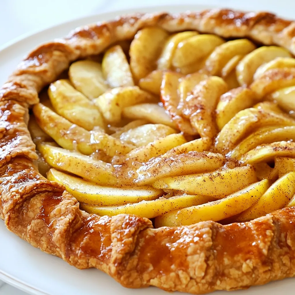 To make a Rustic Apple Galette, you will need the following ingredients: - 2 cups all-purpose flour - 1/2 teaspoon salt - 1 tablespoon granulated sugar - 1/2 cup unsalted butter, chilled and cut into small cubes - 6-8 tablespoons ice water (more if needed) - 4 medium apples, peeled, cored, and thinly sliced - 1 tablespoon fresh lemon juice - 1 teaspoon ground cinnamon - 1/4 teaspoon ground nutmeg - 1/4 cup packed brown sugar - 1 large egg (for egg wash) - Extra granulated sugar for sprinkling on top For a great galette, choose apples that balance sweet and tart. I suggest using: - Granny Smith - Honeycrisp - Fuji - Gala These apples hold their shape well. They bring a nice flavor and texture. Mixing two kinds can enhance taste. You can swap some ingredients if needed. Here are some options: - For all-purpose flour, use whole wheat flour for a nuttier taste. - Coconut oil can replace butter for a dairy-free option. - Maple syrup can be used instead of brown sugar for a different sweetness. - Lemon juice can be swapped with lime juice for a zesty twist. These substitutes still give a delicious result. Feel free to experiment! {{ingredient_image_2}} To make the dough, start with a large bowl. Mix 2 cups of all-purpose flour, 1/2 teaspoon of salt, and 1 tablespoon of granulated sugar. Next, add 1/2 cup of chilled, cubed unsalted butter. Use a pastry cutter, fork, or your fingers to mix. Blend until it looks like coarse crumbs, with small chunks of butter. Add 6-8 tablespoons of ice water one tablespoon at a time. Stir gently until the dough sticks together. It should feel a bit sticky but still manageable. Form the dough into a ball and flatten it into a disk. Wrap it in plastic wrap and chill in the fridge for at least 30 minutes. This helps the dough firm up and makes it easier to work with later. For the filling, take 4 medium apples, like Granny Smith or Honeycrisp. Peel, core, and slice them thinly. In a separate bowl, toss the apple slices with 1 tablespoon of fresh lemon juice, 1 teaspoon of ground cinnamon, 1/4 teaspoon of ground nutmeg, and 1/4 cup of packed brown sugar. Mix until all the apple slices are coated. Let the filling sit for about 10 minutes. This allows the flavors to blend and the juices to form. Preheat your oven to 400°F (200°C). On a floured surface, roll out the chilled dough into a circle about 12 inches wide. Carefully move the dough to a baking sheet lined with parchment paper. Spoon the apple filling into the center of the dough, leaving a 2-inch border. Fold the edges over the apples, creating pleats. This gives the galette a rustic look. Make sure the center stays open, showing off the beautiful apples. Next, beat 1 large egg in a small bowl. Use a pastry brush to apply the egg wash over the exposed crust. Finally, sprinkle some granulated sugar on top. This adds a nice sweetness and sparkle. Now, you're ready to bake! Place the baking sheet in the oven and bake for 35-40 minutes. The crust should turn golden brown, and the apples should be soft and fragrant. Enjoy the delicious aroma filling your kitchen! To make the best dough, keep your butter cold. This helps create a flaky crust. When mixing, use a pastry cutter or your fingers. Blend until it looks like coarse crumbs. You want small chunks of butter to stay in the mix. This adds to the texture. Add ice water slowly, one tablespoon at a time. Mix gently until the dough starts to come together. It should feel a bit sticky but still easy to handle. If it feels too dry, add a bit more water. After mixing, wrap the dough in plastic. Chill it for at least 30 minutes. This resting time is key for good texture. For a tasty filling, choose your apples wisely. I recommend Granny Smith or Honeycrisp. They bring the right balance of sweet and tart. To boost flavor, add lemon juice, cinnamon, and nutmeg. These spices make the apples shine. You can also play with sugars. Brown sugar gives a richer taste. If you want, try a splash of vanilla extract. It adds warmth and depth. Let the apple mixture sit for about 10 minutes. This lets the flavors mix and juices form. When baking, preheat your oven to 400°F (200°C). A hot oven helps the crust become golden. For even baking, use parchment paper on your baking sheet. This prevents sticking and makes cleanup easy. Apply an egg wash to the crust before baking. This gives the galette a nice shine. Sprinkle a little granulated sugar on top. It adds sweetness and sparkle. Bake for 35-40 minutes. Look for a golden crust and tender apples. Trust your senses; the smell tells you it’s ready! Pro Tips Chill Your Ingredients: Ensure that your butter and water are icy cold. This helps create a flaky crust by preventing the butter from melting before baking. Mixing the Dough: Be cautious not to overmix the dough. Stop as soon as it holds together to avoid a tough crust. Apple Selection: Use a mix of tart and sweet apples for a balanced flavor. Granny Smith and Honeycrisp create a lovely contrast. Serving Suggestions: For an extra indulgent treat, serve your galette warm with a scoop of vanilla ice cream or a drizzle of caramel sauce. {{image_4}} The Rustic Apple Galette shines with simple pairings. Serve it warm for the best taste. Here are my top picks: - Vanilla Ice Cream: The creamy texture adds richness and balances the tart apples. - Whipped Cream: A dollop gives a light, fluffy touch. - Caramel Sauce: Drizzle some for extra sweetness and a lovely finish. - Cheese: Try sharp cheddar for a bold contrast. If you have leftovers, store them right for the best taste. Here’s how: - Cool Completely: Let the galette cool down before storing. - Wrap It Up: Use plastic wrap or aluminum foil to keep it fresh. - Refrigerate: Keep it in the fridge for up to 3 days. - Reheat: Warm slices in the oven for a few minutes. This keeps the crust crispy. Make your Rustic Apple Galette look as good as it tastes. Here are some fun ideas: - Slice Neatly: Cut into wedges for easy serving. - Garnish: Add fresh mint leaves on top for a pop of color. - Plate It Right: Use a colorful plate to show off the galette's rustic charm. - Serve with Style: Place a scoop of ice cream on the side for a lovely touch. You can change the filling in your galette easily. Try different fruits like pears, peaches, or berries. Each fruit adds a unique flavor. For a spiced twist, mix in some ginger or cloves with the apples. This adds warmth and depth. You can also add nuts or dried fruits for added texture. Walnuts or raisins pair well with apples. Let your taste guide you! While the traditional crust is delicious, you can experiment with other types. A whole wheat crust gives a nutty flavor. You can also try a flaky pastry made with coconut oil for a dairy-free option. For a sweeter touch, use a honey-sweetened crust. Each crust brings a new taste to your rustic apple galette. Don’t be afraid to try something different! If you need a gluten-free galette, there are great options! Use a gluten-free flour blend for the crust. Look for a blend that has xanthan gum for the best texture. You can also try almond flour for a nutty flavor. Just remember, gluten-free dough may be a bit more delicate. Handle it with care when rolling and shaping. Your gluten-free friends will love this treat! A galette is a rustic, free-form tart. It has a flaky crust and a tasty filling. Unlike traditional pies, galettes do not need a pie pan. You simply fold the edges of the dough over the filling. This makes it easy and fun to make. The galette looks beautiful and has a charming, homemade feel. Yes, you can make the dough ahead of time. After mixing the dough, shape it into a disk. Wrap it tightly in plastic wrap. Store it in the fridge for up to two days. You can also freeze the dough for up to three months. Just let it thaw in the fridge before rolling it out. To know when the galette is done baking, check the crust. It should be golden brown and flaky. The apples inside should feel tender when you poke them with a fork. If the crust is too pale, give it a few more minutes in the oven. Keep an eye on it to avoid burning. Yes, you can freeze the Rustic Apple Galette. Let it cool completely before freezing. Wrap it tightly in plastic wrap and then in foil. It can last for up to three months in the freezer. When ready to eat, bake it straight from the freezer. Just add a few extra minutes to the baking time. This blog post covers everything you need for a perfect rustic apple galette. We explored key ingredients, including recommended apple varieties and possible substitutes. Step-by-step instructions helped you shape the dough and fill it up just right. Tips and tricks ensured your crust turns golden and flaky. Serving suggestions offered ideas for accompaniments and storage. We even discussed variations for different tastes. With all this, you can create a delicious galette that impresses every time. Enjoy your baking!
