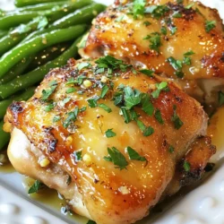 - 4 bone-in, skin-on chicken thighs - 1 pound fresh green beans, ends trimmed - 4 cloves garlic, finely minced - Zest of 1 large lemon - Juice of 2 large lemons - 2 tablespoons extra virgin olive oil - 1 teaspoon dried oregano - 1 teaspoon smoked paprika - Sea salt and freshly ground black pepper to taste When you make Lemon Garlic Chicken Thighs and Green Beans, each ingredient plays a key role. The chicken thighs provide rich flavor and a juicy texture. The skin crisps up beautifully during cooking. Fresh green beans add a nice crunch and vibrant color. Garlic gives the dish its signature aroma and a zesty kick. That bright lemon zest and juice balance the savory flavors. Olive oil ensures everything stays moist and enhances the taste. For seasonings, dried oregano brings an earthy note while smoked paprika adds depth. Sea salt and black pepper round out the flavors, letting each ingredient shine. With these ingredients, your meal will burst with flavor and look stunning on the plate. {{ingredient_image_2}} To begin, gather the marinade ingredients. In a large bowl, whisk together: - 4 cloves garlic, finely minced - Zest of 1 large lemon - Juice of 2 large lemons - 2 tablespoons extra virgin olive oil - 1 teaspoon dried oregano - 1 teaspoon smoked paprika - Sea salt and freshly ground black pepper to taste Mix these well until combined. Next, add the chicken thighs to the bowl. Make sure each thigh is coated in the marinade. Cover the bowl with plastic wrap. Let it marinate for at least 30 minutes at room temperature. For the best flavor, marinate overnight in the fridge. Now, preheat your oven to 425°F (220°C). This high heat will give you crispy skin. While the oven heats, prepare your baking sheet. Line it with aluminum foil for easy cleanup. Place a wire rack on top of the foil. This setup allows hot air to circulate around the chicken. After marinating, remove the chicken thighs from the marinade. Let any excess marinade drip off. Arrange the chicken thighs skin-side up on the wire rack. Roast them in the oven for 30-35 minutes. Check that the internal temperature reaches 165°F (75°C) using a meat thermometer. The skin should be crispy and golden. While the chicken roasts, focus on the green beans. Fill a medium pot with water and add a pinch of salt. Bring it to a rolling boil. Carefully add the green beans and cook for 3-4 minutes. They should be bright green and slightly tender, yet still crisp. Drain the beans and quickly transfer them to a bowl of ice water. This stops the cooking process. Once cooled, drain the beans again. Next, heat a large skillet over medium heat and add 1 tablespoon unsalted butter. Once the butter melts and bubbles, add the blanched green beans. Sauté them for 3-4 minutes, stirring occasionally. This heats them through and gives a bit of caramelization. Lightly season with salt and pepper to enhance their taste. For the best flavor, marinate chicken thighs for at least 30 minutes. This time allows the garlic and lemon to soak into the meat. If you have more time, marinating overnight in the fridge makes a big difference. The longer the chicken sits in the marinade, the more intense the flavor becomes. To get that perfect crispy skin, preheat your oven to 425°F (220°C). This high temperature helps the fat in the skin render out. The result is a golden, crunchy layer that is hard to resist. Place the chicken on a wire rack, which allows heat to circulate evenly around it. When serving, presentation is key. Use a large platter for a beautiful display. Arrange the chicken thighs in the center and place the sautéed green beans around them. For a touch of flair, add thin lemon slices on top. This not only looks pretty but also adds extra flavor. Garnish with fresh parsley for a bright finish. Pro Tips Marinate for Maximum Flavor: Allowing the chicken to marinate overnight in the refrigerator will deepen the flavors and tenderness. Use a Meat Thermometer: For perfectly cooked chicken, always check the internal temperature; it should reach 165°F (75°C). Blanching Green Beans: Blanching the green beans before sautéing helps maintain their vibrant color and crisp texture. Rest the Chicken: Let the chicken rest for 5-10 minutes after cooking to allow the juices to redistribute, ensuring a juicy bite. {{image_4}} You can switch up the green beans with other veggies. Consider using broccoli, asparagus, or bell peppers. Each option brings its unique taste and texture. For a fun twist, try mixing a few different vegetables for color and flavor. Toss them in olive oil, salt, and pepper before roasting. This way, they soak up the flavors, just like the chicken. If you want a change from chicken thighs, you have many choices. Skin-on chicken breasts work well too. They cook quickly and stay juicy. You can also use pork chops or bone-in turkey thighs. Each meat absorbs the lemon and garlic flavors beautifully. Just adjust the cooking time to ensure they reach the right internal temperature. Boost the dish's flavor with some extra spices or herbs. Try adding fresh thyme or rosemary for a fragrant touch. A pinch of red pepper flakes can add some heat. If you love heat, sprinkle some cayenne pepper in the marinade. You can even add a splash of soy sauce for a savory twist. These enhancements will delight your taste buds and make your dish unique! To keep your Lemon Garlic Chicken Thighs and Green Beans fresh, store them right away. Use an airtight container to avoid moisture loss. This keeps your chicken thighs juicy and your green beans crisp. Make sure to refrigerate leftovers within two hours of cooking. They will stay good for about three to four days in the fridge. If you want to enjoy them later, follow the freezing options below. Freezing is a great way to save extra chicken and green beans. First, let them cool completely. Then, place them in freezer bags or airtight containers. Remove as much air as you can to prevent freezer burn. Seal tightly and label with the date. You can freeze them for up to three months. To reheat, simply thaw in the fridge overnight. Then, follow the reheating tips below for best results. Reheating can be tricky, but it’s easy with the right methods. For chicken, use an oven set to 350°F (175°C). Place the chicken in a baking dish and cover it with foil. This keeps the moisture in and prevents drying out. Heat for about 20 minutes, or until it reaches 165°F (75°C). For the green beans, you can quickly sauté them in a pan with a bit of olive oil. This helps them regain their crunch and flavor. Enjoy your delicious meal just like the first time! You should marinate chicken thighs for at least 30 minutes. For more flavor, marinate them overnight. This allows the garlic and lemon to soak into the meat, making it juicy and tasty. Yes, you can use boneless chicken thighs. They will cook faster, so reduce the roasting time by about 10 minutes. Boneless thighs still have great flavor and will be tender and moist. You can serve Lemon Garlic Chicken with various sides. Fresh green beans pair well, but you can also try rice, quinoa, or a salad. For a complete meal, add crusty bread to soak up the lemony juices. Enjoy making this dish your own! This blog post covered making a tasty lemon garlic chicken with green beans. We explored key ingredients, from chicken thighs to flavorful seasonings. I shared step-by-step instructions for marinating and roasting. You learned essential tips for crispiness and presentation. Variations include different proteins and veggies for more options. Lastly, I provided storage tips to keep your meal fresh. Enjoy creating this easy and flavorful dish!
