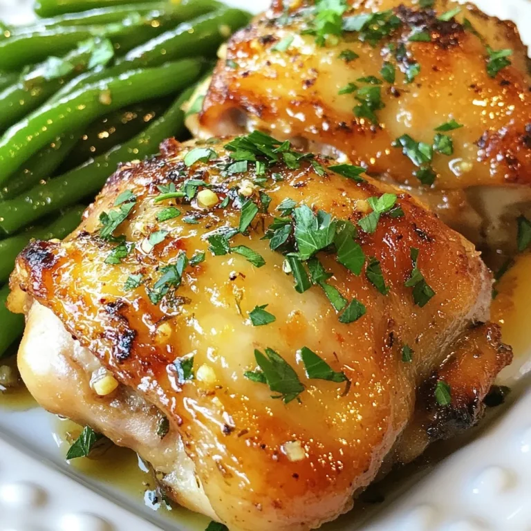 - 4 bone-in, skin-on chicken thighs - 1 pound fresh green beans, ends trimmed - 4 cloves garlic, finely minced - Zest of 1 large lemon - Juice of 2 large lemons - 2 tablespoons extra virgin olive oil - 1 teaspoon dried oregano - 1 teaspoon smoked paprika - Sea salt and freshly ground black pepper to taste When you make Lemon Garlic Chicken Thighs and Green Beans, each ingredient plays a key role. The chicken thighs provide rich flavor and a juicy texture. The skin crisps up beautifully during cooking. Fresh green beans add a nice crunch and vibrant color. Garlic gives the dish its signature aroma and a zesty kick. That bright lemon zest and juice balance the savory flavors. Olive oil ensures everything stays moist and enhances the taste. For seasonings, dried oregano brings an earthy note while smoked paprika adds depth. Sea salt and black pepper round out the flavors, letting each ingredient shine. With these ingredients, your meal will burst with flavor and look stunning on the plate. {{ingredient_image_2}} To begin, gather the marinade ingredients. In a large bowl, whisk together: - 4 cloves garlic, finely minced - Zest of 1 large lemon - Juice of 2 large lemons - 2 tablespoons extra virgin olive oil - 1 teaspoon dried oregano - 1 teaspoon smoked paprika - Sea salt and freshly ground black pepper to taste Mix these well until combined. Next, add the chicken thighs to the bowl. Make sure each thigh is coated in the marinade. Cover the bowl with plastic wrap. Let it marinate for at least 30 minutes at room temperature. For the best flavor, marinate overnight in the fridge. Now, preheat your oven to 425°F (220°C). This high heat will give you crispy skin. While the oven heats, prepare your baking sheet. Line it with aluminum foil for easy cleanup. Place a wire rack on top of the foil. This setup allows hot air to circulate around the chicken. After marinating, remove the chicken thighs from the marinade. Let any excess marinade drip off. Arrange the chicken thighs skin-side up on the wire rack. Roast them in the oven for 30-35 minutes. Check that the internal temperature reaches 165°F (75°C) using a meat thermometer. The skin should be crispy and golden. While the chicken roasts, focus on the green beans. Fill a medium pot with water and add a pinch of salt. Bring it to a rolling boil. Carefully add the green beans and cook for 3-4 minutes. They should be bright green and slightly tender, yet still crisp. Drain the beans and quickly transfer them to a bowl of ice water. This stops the cooking process. Once cooled, drain the beans again. Next, heat a large skillet over medium heat and add 1 tablespoon unsalted butter. Once the butter melts and bubbles, add the blanched green beans. Sauté them for 3-4 minutes, stirring occasionally. This heats them through and gives a bit of caramelization. Lightly season with salt and pepper to enhance their taste. For the best flavor, marinate chicken thighs for at least 30 minutes. This time allows the garlic and lemon to soak into the meat. If you have more time, marinating overnight in the fridge makes a big difference. The longer the chicken sits in the marinade, the more intense the flavor becomes. To get that perfect crispy skin, preheat your oven to 425°F (220°C). This high temperature helps the fat in the skin render out. The result is a golden, crunchy layer that is hard to resist. Place the chicken on a wire rack, which allows heat to circulate evenly around it. When serving, presentation is key. Use a large platter for a beautiful display. Arrange the chicken thighs in the center and place the sautéed green beans around them. For a touch of flair, add thin lemon slices on top. This not only looks pretty but also adds extra flavor. Garnish with fresh parsley for a bright finish. Pro Tips Marinate for Maximum Flavor: Allowing the chicken to marinate overnight in the refrigerator will deepen the flavors and tenderness. Use a Meat Thermometer: For perfectly cooked chicken, always check the internal temperature; it should reach 165°F (75°C). Blanching Green Beans: Blanching the green beans before sautéing helps maintain their vibrant color and crisp texture. Rest the Chicken: Let the chicken rest for 5-10 minutes after cooking to allow the juices to redistribute, ensuring a juicy bite. {{image_4}} You can switch up the green beans with other veggies. Consider using broccoli, asparagus, or bell peppers. Each option brings its unique taste and texture. For a fun twist, try mixing a few different vegetables for color and flavor. Toss them in olive oil, salt, and pepper before roasting. This way, they soak up the flavors, just like the chicken. If you want a change from chicken thighs, you have many choices. Skin-on chicken breasts work well too. They cook quickly and stay juicy. You can also use pork chops or bone-in turkey thighs. Each meat absorbs the lemon and garlic flavors beautifully. Just adjust the cooking time to ensure they reach the right internal temperature. Boost the dish's flavor with some extra spices or herbs. Try adding fresh thyme or rosemary for a fragrant touch. A pinch of red pepper flakes can add some heat. If you love heat, sprinkle some cayenne pepper in the marinade. You can even add a splash of soy sauce for a savory twist. These enhancements will delight your taste buds and make your dish unique! To keep your Lemon Garlic Chicken Thighs and Green Beans fresh, store them right away. Use an airtight container to avoid moisture loss. This keeps your chicken thighs juicy and your green beans crisp. Make sure to refrigerate leftovers within two hours of cooking. They will stay good for about three to four days in the fridge. If you want to enjoy them later, follow the freezing options below. Freezing is a great way to save extra chicken and green beans. First, let them cool completely. Then, place them in freezer bags or airtight containers. Remove as much air as you can to prevent freezer burn. Seal tightly and label with the date. You can freeze them for up to three months. To reheat, simply thaw in the fridge overnight. Then, follow the reheating tips below for best results. Reheating can be tricky, but it’s easy with the right methods. For chicken, use an oven set to 350°F (175°C). Place the chicken in a baking dish and cover it with foil. This keeps the moisture in and prevents drying out. Heat for about 20 minutes, or until it reaches 165°F (75°C). For the green beans, you can quickly sauté them in a pan with a bit of olive oil. This helps them regain their crunch and flavor. Enjoy your delicious meal just like the first time! You should marinate chicken thighs for at least 30 minutes. For more flavor, marinate them overnight. This allows the garlic and lemon to soak into the meat, making it juicy and tasty. Yes, you can use boneless chicken thighs. They will cook faster, so reduce the roasting time by about 10 minutes. Boneless thighs still have great flavor and will be tender and moist. You can serve Lemon Garlic Chicken with various sides. Fresh green beans pair well, but you can also try rice, quinoa, or a salad. For a complete meal, add crusty bread to soak up the lemony juices. Enjoy making this dish your own! This blog post covered making a tasty lemon garlic chicken with green beans. We explored key ingredients, from chicken thighs to flavorful seasonings. I shared step-by-step instructions for marinating and roasting. You learned essential tips for crispiness and presentation. Variations include different proteins and veggies for more options. Lastly, I provided storage tips to keep your meal fresh. Enjoy creating this easy and flavorful dish!