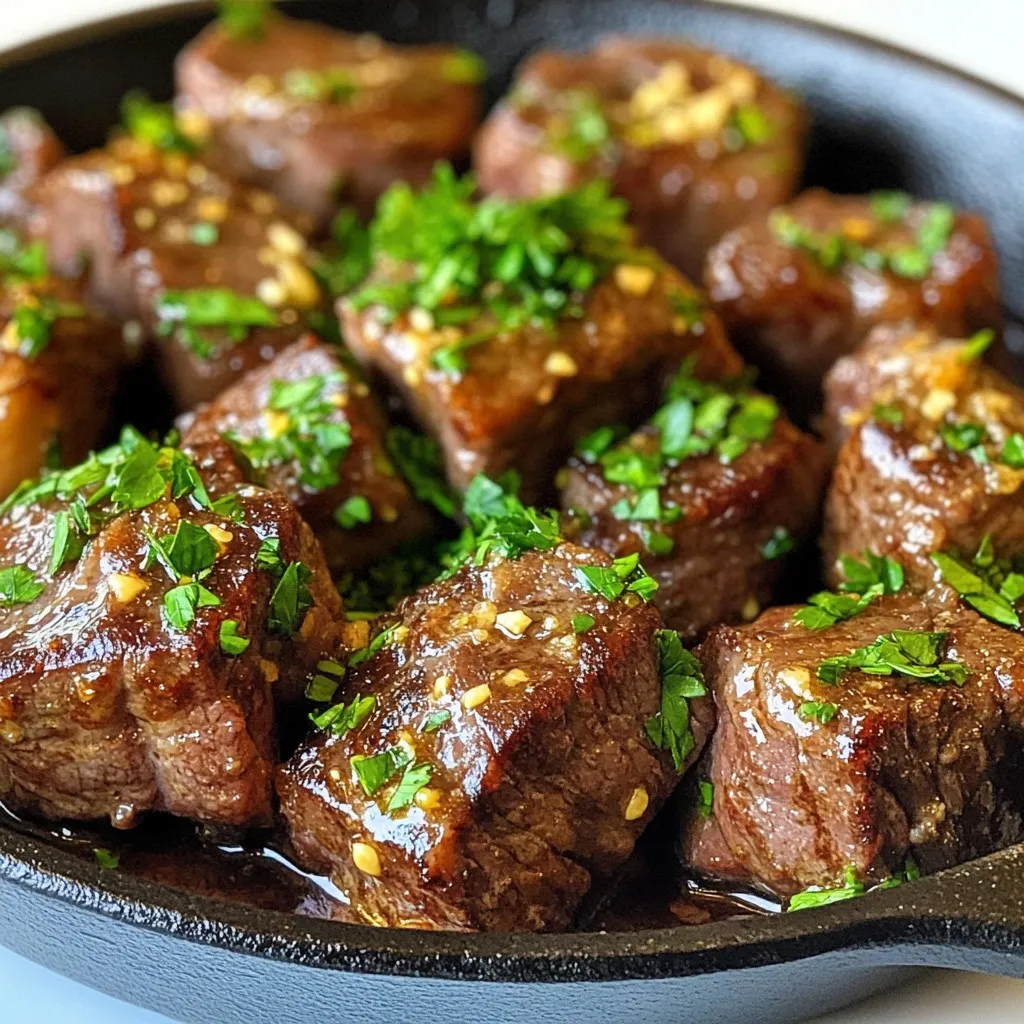 To make the perfect garlic butter steak bites, you'll need a few key ingredients. Here is what you need: - 1 lb sirloin steak, trimmed and cut into bite-sized cubes - 1/4 cup unsalted butter, divided - 4 cloves garlic, finely minced - 2 tablespoons fresh parsley, finely chopped - 1 teaspoon smoked paprika - Salt and freshly ground black pepper, to taste - 1 tablespoon extra virgin olive oil These ingredients work together to create a rich, savory dish full of flavor. For tender steak bites, I recommend using sirloin steak. Sirloin offers a good balance of flavor and tenderness. It cooks well and has just the right amount of fat. This fat helps keep the steak juicy and enhances its taste. If you prefer another cut, look for ribeye or tenderloin. Both cuts are excellent choices for steak bites. You can add more flavor to your garlic butter steak bites with some optional ingredients. Consider adding: - A splash of Worcestershire sauce to deepen the flavor. - Red pepper flakes for a spicy kick. - Fresh herbs like thyme or rosemary for a fragrant touch. These add-ins can elevate your dish and make it even more delicious. Feel free to experiment and find what you like best! {{ingredient_image_2}} First, take your sirloin steak and trim off any extra fat. Cut the steak into bite-sized cubes. In a mixing bowl, season the meat with salt, black pepper, and smoked paprika. Make sure every piece is well coated. Toss gently to mix the spices evenly. This step adds flavor and makes the bites taste great. Next, grab a large skillet and place it over medium-high heat. Pour in the extra virgin olive oil. Heat the oil until it shimmers. Carefully add the seasoned steak cubes in a single layer. Let them sear for about 2-3 minutes without moving them. This helps create a nice brown crust. Flip the steak bites and sear the other side for another 2-3 minutes. If your skillet gets crowded, cook in batches. Once done, remove the steak from the skillet and set it aside on a plate. Lower the heat to medium-low and add half of the unsalted butter to the skillet. Next, add the finely minced garlic. Stir continuously for 1-2 minutes until the butter melts and the garlic smells amazing. Be careful not to let the garlic brown. Return the seared steak bites to the skillet, letting them soak up the garlic butter. Cook for an additional 2-3 minutes to reach your desired doneness. Stir occasionally for even flavor. Finally, fold in the chopped fresh parsley, mixing well to combine everything. Remove the skillet from heat and let it rest for one minute before serving. To keep your steak bites juicy, start with a hot skillet. This helps sear the meat quickly. Make sure to let the steak rest after cooking. This helps the juices stay inside. Avoid overcrowding the skillet. This ensures each piece gets a nice crust. You want that great texture! Use a heavy skillet for best results. A cast-iron skillet holds heat well. This helps cook the steak evenly. A good pair of tongs is helpful too. They let you flip the steak without losing juices. A meat thermometer is also handy. It helps check the steak’s doneness without cutting it. Garlic and butter are key in this dish. They bring rich flavors to the steak. Fresh parsley adds a nice touch too. For a twist, try adding rosemary or thyme. These herbs pair well with steak. Just remember, less is more! A sprinkle of smoked paprika gives a warm, smoky flavor. It balances well with the garlic. Pro Tips Choose the Right Cut: Opt for sirloin steak for a balance of flavor and tenderness, but feel free to experiment with ribeye or tenderloin for a richer taste. Don’t Overcrowd the Pan: Cook the steak bites in batches if necessary to ensure they sear properly and develop a nice crust. Rest the Meat: Allow the steak bites to rest after cooking; this helps retain the juices and enhances the overall flavor. Use Fresh Herbs: Fresh parsley adds a vibrant flavor and color, but you can also try thyme or rosemary for a different twist. {{image_4}} You can add heat to your steak bites. Mix in red pepper flakes or cayenne pepper. This gives the dish a nice kick. Start with half a teaspoon and adjust to your taste. The spicy notes will dance with the garlic butter, making each bite exciting. Adding vegetables makes this dish more colorful and healthy. Try bell peppers or zucchini. Cut them into bite-sized pieces and add them to the skillet with the steak. They will cook quickly and soak up the garlic butter. This way, you get tasty bites of steak and a pop of veggies. You can switch up the sauce for variety. Try a soy sauce mix for an Asian twist. Combine soy sauce, honey, and a splash of lime juice. Or, use chimichurri for a fresh, herby flavor. Both options work great with garlic butter. Just pour the sauce over the cooked steak bites and enjoy a new taste. To keep your garlic butter steak bites fresh, store them in an airtight container. Let the steak cool to room temperature before sealing. This helps prevent moisture buildup, which can make the steak soggy. You can keep the leftovers in the fridge for up to 3 days. For best results, use glass containers. They do not absorb odors and keep the flavor intact. When you are ready to enjoy your leftovers, reheating is key. The best way to reheat steak bites is in a skillet. Heat the skillet over medium heat and add a small amount of olive oil. Add the steak bites and cook for about 3-4 minutes. Stir them occasionally to heat evenly. This method helps keep the steak juicy and flavorful. Avoid using the microwave, as it can make the steak tough. If you want to keep your steak bites longer, freezing is a good option. Place the cooled steak bites in a freezer-safe bag or container. Make sure to remove as much air as possible. This prevents freezer burn. You can freeze them for up to 3 months. To thaw, place the steak in the fridge overnight. Then, reheat them in a skillet for best taste. Yes, you can use other cuts of steak. Some good options are ribeye, filet mignon, or flank steak. Each cut has its own flavor and texture. Ribeye is very tender and juicy. Filet mignon is lean but very soft. Flank steak has a nice beefy taste but is less tender. Just remember to cut the steak into small pieces for even cooking. To check if the steak is done, use a meat thermometer. For medium-rare, aim for 130°F. For medium, go for 140°F. Pressing the steak with your finger helps, too. If it feels soft, it’s rare. If it’s firm, it’s well done. Remember, steak continues to cook after you take it off the heat, so remove it a bit early! Many side dishes work well. Here are a few ideas: - Garlic mashed potatoes - Roasted vegetables - Creamy coleslaw - Grilled asparagus - A fresh garden salad These sides add color and flavor. They also balance the rich taste of the steak bites. Enjoy mixing and matching! Garlic butter steak bites are easy and fun to make. You learned about the best ingredients, like steak cuts, and optional add-ins. The step-by-step guide showed how to prepare, sear, and sauce the steak perfectly. Remember the tips for juiciness and flavor. You can also try variations or store leftovers safely. Enjoying these bites can bring joy to any meal. Dive into this recipe and impress your friends and family. Happy cooking!