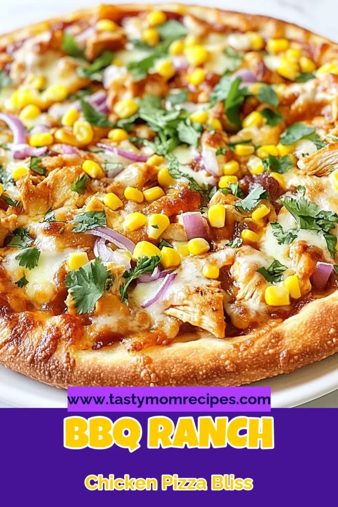 Looking for an easy BBQ chicken pizza recipe? Try this delicious BBQ Ranch Chicken Pizza, topped with a creamy ranch dressing and heaps of shredded chicken! This homemade chicken pizza features BBQ sauce, mozzarella, red onion, and fresh corn for a tasty twist. Perfect for quick pizza recipes, this dish comes together in just 30 minutes. Save this recipe and impress your family tonight! #BBQChickenPizza #RanchDressingPizza #EasyBBQPizza #HomemadePizza