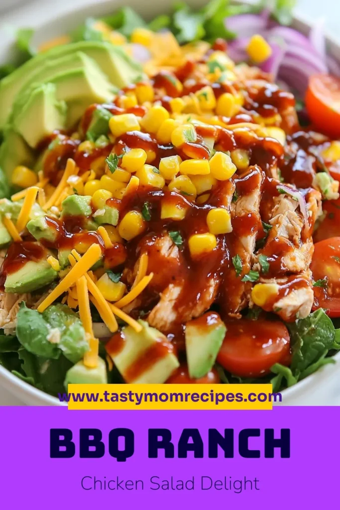 Savor the flavors of this delicious BBQ Ranch Chicken Salad, a perfect blend of healthy ingredients and rich taste. This ranch chicken salad recipe combines shredded chicken, fresh greens, cherry tomatoes, and a zesty BBQ ranch dressing for a satisfying meal. Enjoy a vibrant and healthy BBQ salad that’s quick to prepare, making it ideal for any occasion. Save this recipe for your next meal prep! #BBQChickenSalad #HealthyEats #RanchDressing #SaladRecipe