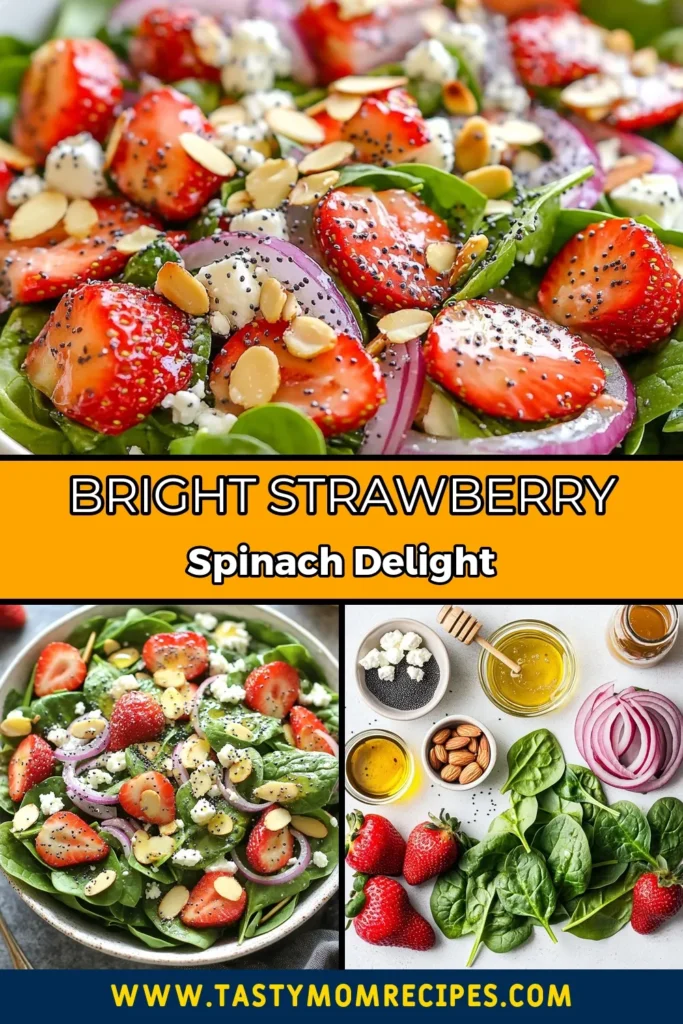 Elevate your meal with this refreshing strawberry spinach salad, perfect for any occasion! Packed with juicy strawberries, crunchy almonds, and optional feta, this fresh spinach salad is a must-try. Drizzle on our delicious poppyseed dressing recipe for a healthy salad that delights. Enjoy this vibrant dish in just 15 minutes! Save this recipe now and impress your family and friends. #StrawberrySpinachSalad #HealthySaladRecipes #PoppyseedDressingRecipe #FreshSpinachSalad