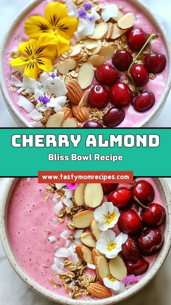 Indulge in a delicious Cherry Almond Smoothie Bowl that's perfect for any healthy lifestyle! This vegan smoothie bowl recipe combines frozen cherries and almond milk for a creamy delight. Top with sliced almonds, fresh cherries, granola, and coconut flakes for an eye-catching finish. Ready in just 10 minutes, it’s not only nutritious but also Instagram-worthy. Try this cherry smoothie bowl today and elevate your breakfast! #SmoothieBowl #VeganRecipes #HealthyEating #CherryAlmond
