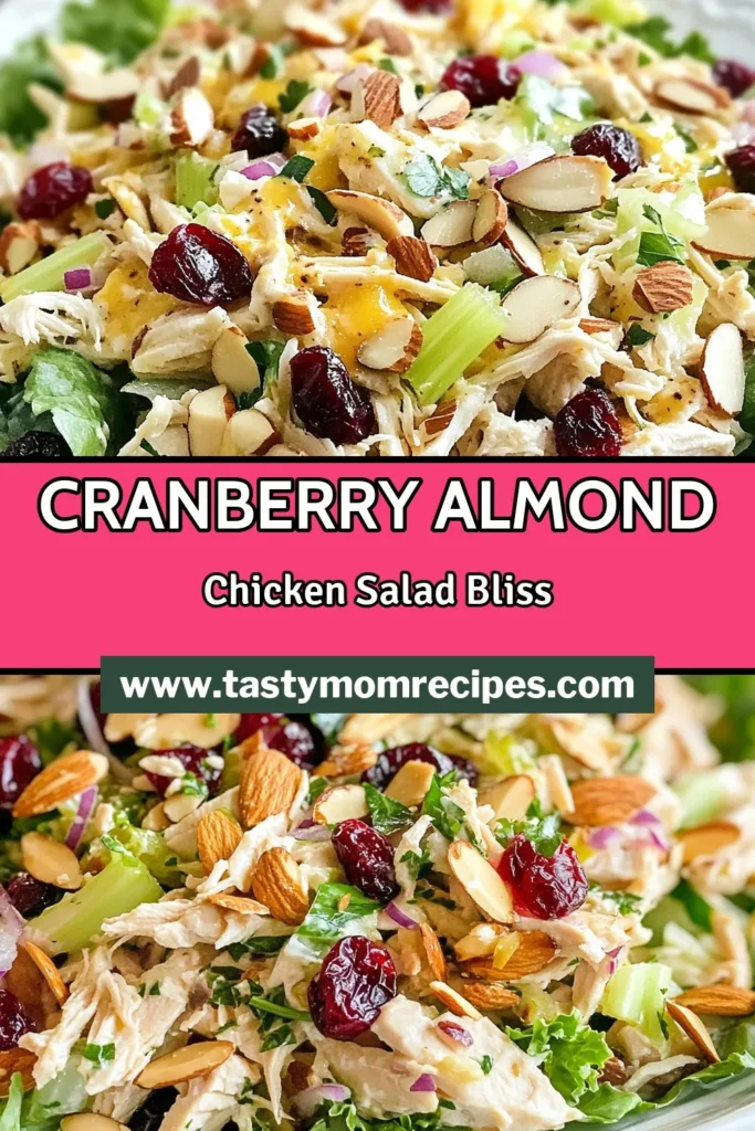 Discover the perfect blend of flavors in this Cranberry Almond Chicken Salad. This healthy chicken salad recipe combines shredded chicken, dried cranberries, and toasted almonds for a delightful crunch. Made creamy with Greek yogurt, this easy salad with cranberries is perfect for lunch or a light dinner. Try this chicken salad with toasted almonds today and enjoy a refreshing meal. Save this recipe for later! #HealthyRecipes #ChickenSalad #QuickMeals #SaladRecipes