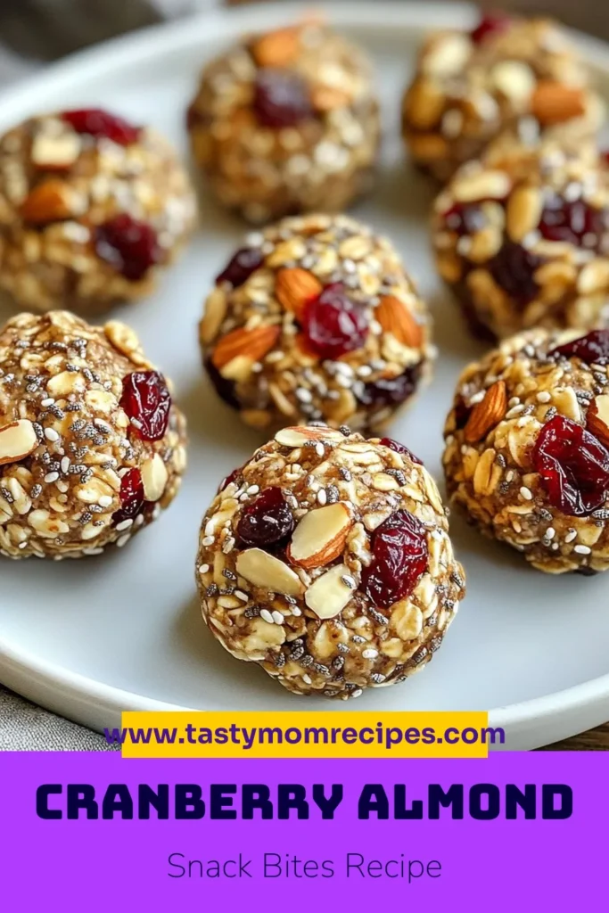 Looking for a tasty and nutritious snack? Try these Cranberry Almond Energy Bites! These no-bake energy bites are perfect for a quick energy boost and packed with flavor. Made from rolled oats, almond butter, and dried cranberries, they're ideal healthy energy snacks. This quick energy bites recipe is simple to make and a great addition to your nutritious snack ideas. Save this recipe for a healthy treat anytime! #EnergyBites #HealthySnacks #NoBakeRecipes #NutritiousSnacks