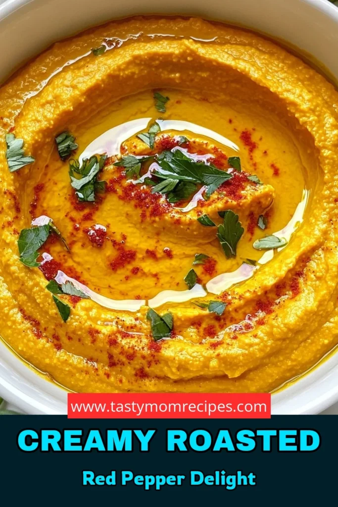 Discover the delightful and healthy creamy roasted red pepper hummus with this easy chickpea hummus recipe! Perfect as a healthy hummus dip, this roasted red pepper dip is loaded with flavor and nutrients. Made in just 10 minutes, it's ideal for serving at parties or enjoying as a snack. Follow the simple steps to create your homemade hummus recipe that everyone will love. Save this recipe for your next gathering! #Hummus #HealthyRecipes #Appetizers #Chickpeas