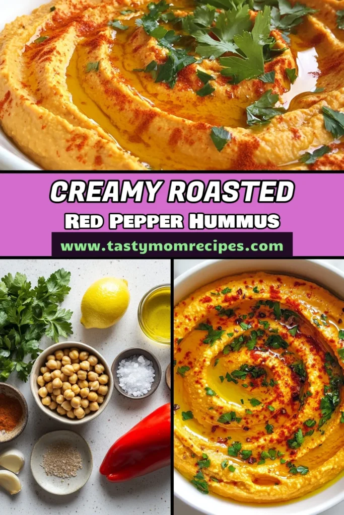 Discover the ultimate recipe for roasted red pepper hummus, a healthy chickpea dip that’s perfect for any gathering! This easy hummus recipe combines roasted red peppers with tahini for a creamy, flavorful vegan appetizer. Ready in just 45 minutes, this homemade hummus with tahini is not only delicious but visually stunning when served with fresh veggies or pita. Save this recipe for your next event! #RoastedRedPepperHummus #HealthyChickpeaDip #EasyHummusRecipe #VeganAppetizerRecipes