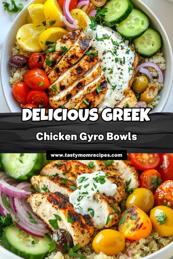 Discover the deliciousness of Greek chicken gyro bowls with this healthy gyro bowl recipe! Packed with protein, quinoa, and fresh veggies, this Mediterranean chicken bowl is perfect for a nutritious meal. Don't forget the homemade tzatziki sauce to elevate the flavors! Try this easy quinoa chicken gyro recipe tonight and enjoy a taste of the Mediterranean. Save this recipe for your next meal prep! #GreekChickenGyroBowls #HealthyGyroBowl #MediterraneanChicken #HomemadeTzatzikiSauce