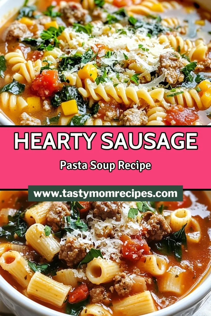 Warm up with this savory sausage pasta soup, a hearty and healthy one pot pasta soup that combines Italian flavors in an easy pasta soup recipe! Made with Italian sausage, fresh vegetables, and tender pasta, this comforting dish is perfect for any night of the week. Try this healthy sausage soup for a nourishing family meal. Save this delicious Italian sausage soup recipe for your next cozy dinner! #SausagePastaSoup #OnePotPasta #EasyDinner #HealthySoup
