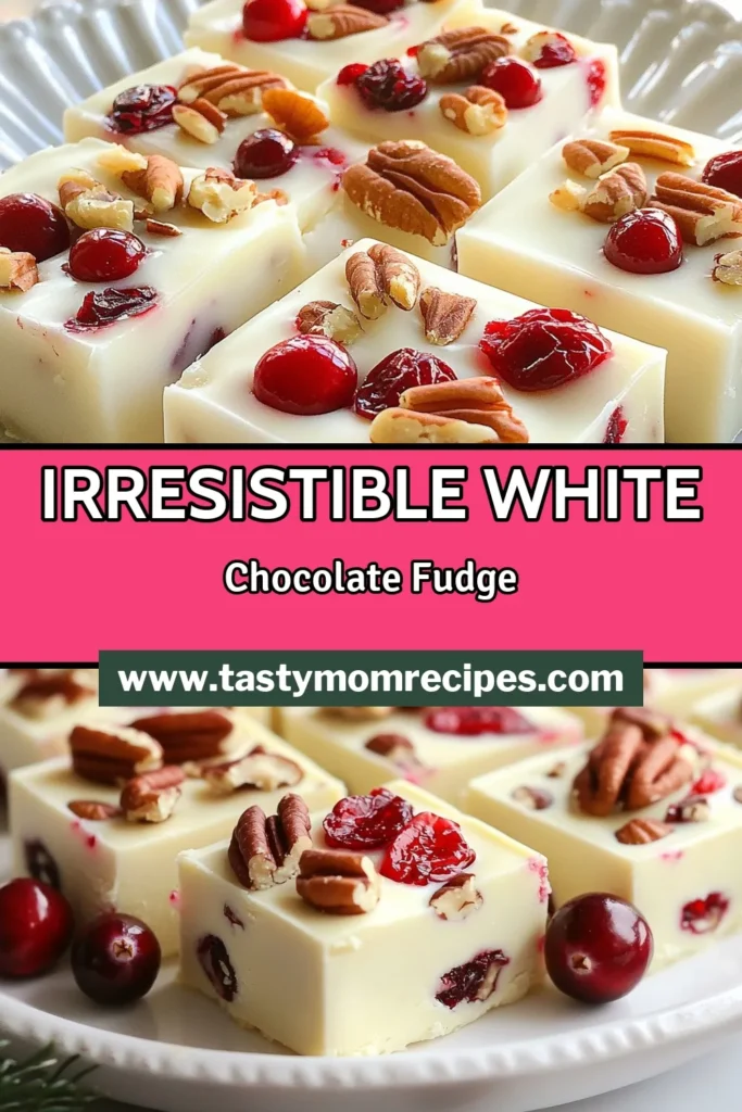 Indulge in the festive spirit with this delicious white chocolate cranberry fudge! This easy fudge recipe combines creamy fudge with cranberries and is perfect for your holiday dessert ideas. With just a few simple ingredients, create a no-bake fudge that delights everyone. Make this delightful treat for gatherings or give as gifts! Trust me, your friends and family will love it. Save this recipe today! #WhiteChocolateCranberryFudge #EasyFudgeRecipe #HolidayDessertIdeas #NoBakeFudgeRecipes