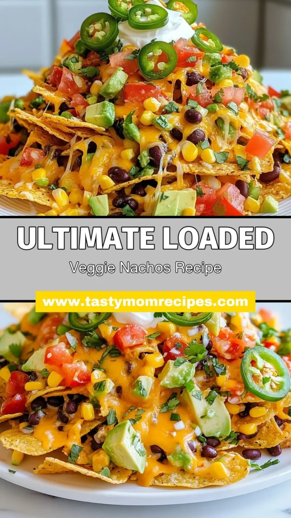 Satisfy your cravings with these delicious loaded veggie nachos! This easy nacho recipe is perfect for a healthy snack or party dish, packed with flavor and color. Enjoy layers of cheesy goodness, black beans, corn, and fresh veggies topped with homemade nacho toppings like avocado and sour cream. Whip up these vegetarian nachos in no time and impress your friends! Save this recipe today! #LoadedVeggieNachos #EasyNachoRecipe #HealthyNachos #VegetarianNachos