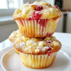 - 2 cups all-purpose flour - 1/2 cup granulated sugar - 1 tablespoon baking powder - 1/2 teaspoon sea salt - 1/2 cup unsalted butter - 1 cup whole milk - 2 large eggs - 1 teaspoon pure vanilla extract - 1 cup fresh (or thawed) raspberries - 1 cup white chocolate chips I love using simple ingredients to create something special. Each item plays a key role. The flour gives structure. Sugar adds sweetness. Baking powder helps the muffins rise. Sea salt brings out the flavors. Melted unsalted butter adds richness and moisture. Whole milk keeps the muffins tender. Eggs bind the mixture and add fluffiness. Pure vanilla extract adds warmth and depth. Fresh raspberries provide a burst of tartness. White chocolate chips bring creamy sweetness. - For gluten-free, use almond flour or a gluten-free blend. - For dairy-free, try almond milk and coconut oil. - Add lemon zest for a fresh twist. - Cinnamon can enhance warmth and spice in the muffins. These options allow you to adapt the recipe. You can still enjoy muffins while catering to your needs. The flavors can evolve based on what you have. {{ingredient_image_2}} 1. Preheat your oven to 375°F (190°C). This is key for perfect muffins. 2. Prepare your muffin tin. Use paper liners or spray it with non-stick spray. This helps the muffins come out easily. 3. In a big bowl, mix the dry ingredients. Combine 2 cups of flour, 1/2 cup of sugar, 1 tablespoon of baking powder, and 1/2 teaspoon of salt. Whisk until fluffy. 1. In another bowl, whisk together the wet ingredients. Mix 1/2 cup of melted butter, 1 cup of milk, 2 eggs, and 1 teaspoon of vanilla. Make sure the butter is cool. 2. Gradually pour the wet mixture into the dry mixture. Use a spatula to gently stir. Stop when the batter is just combined. A few lumps are fine. 1. Carefully fold in 1 cup of raspberries and 1 cup of white chocolate chips. Be gentle to keep the raspberries whole. 2. Spoon the batter into the muffin cups. Fill them about two-thirds full. This allows the muffins to rise nicely. 3. Bake for 18-20 minutes. To check if they are done, insert a toothpick in the center. It should come out clean or with a few crumbs. 1. After baking, let the muffins cool in the pan for 5 minutes. Then, move them to a wire rack to cool completely. 2. For a great presentation, serve warm on a pretty platter. Add some extra raspberries and a light dusting of powdered sugar. This makes them look and taste even better! To make fluffy muffins, avoid overmixing. Mix the wet and dry ingredients until they barely blend. A few lumps are okay; they help keep the muffins light. When you fold in the raspberries and white chocolate chips, do it gently. This keeps the raspberries whole. Crushing them can make the batter soggy. These muffins pair well with coffee or tea. They also taste great with a dollop of whipped cream. For gatherings, serve them warm on a nice platter. Add fresh raspberries on the side for a pretty touch. A light dusting of powdered sugar adds charm and sweetness. Store your muffins in an airtight container. This keeps them moist for up to three days. If you want to keep them longer, freeze them. Wrap each muffin in plastic wrap and place them in a ziplock bag. They stay fresh for about three months in the freezer. Thaw them at room temperature when you’re ready to enjoy. Pro Tips Use Room Temperature Ingredients: Ensuring your eggs and milk are at room temperature helps the batter mix more evenly, resulting in a better texture for your muffins. Don’t Overmix: To keep your muffins light and fluffy, mix until just combined. A few lumps in the batter are perfectly fine! Gently Fold in Add-ins: When adding raspberries and white chocolate chips, use a light hand to prevent crushing the berries and to maintain their shape and juiciness. Cool Before Serving: Allow the muffins to cool on a wire rack before serving. This helps them set properly and enhances their flavor. {{image_4}} You can switch up the flavors in these muffins easily. Try using seasonal fruits like strawberries or blueberries. They add a fresh twist and taste great! If you want a richer chocolate flavor, use dark or milk chocolate instead of white chocolate. Each type brings its own taste. You can mix and match until you find your favorite. If you need gluten-free muffins, use a gluten-free flour blend. It works well and keeps the muffins light. For a dairy-free option, swap whole milk with almond or oat milk. Want a vegan version? Use flax eggs instead of regular eggs and plant-based butter. These changes keep the muffins delicious while meeting your diet needs. Add nuts like walnuts or pecans for a nice crunch. Seeds like sunflower or chia can also enhance the texture. Want to spice things up? Sprinkle in some cinnamon or nutmeg. These spices add warmth and extra flavor to your muffins. Don’t be afraid to get creative! You can store your muffins at room temperature for up to two days. Keep them in an airtight container to maintain their soft texture. If your kitchen is warm, consider putting them in the fridge. This helps them last longer, but the cold can make them a bit dry. To enjoy the best taste, I suggest you eat them fresh. Freezing is a great way to keep your muffins longer. First, let them cool completely. Then, wrap each muffin tightly in plastic wrap. Place them in a freezer bag or container. This will help prevent freezer burn. When you're ready to eat one, take it out and let it thaw at room temperature. You can also heat it in the microwave for a quick treat. These muffins stay fresh for about 2 days at room temperature. In the fridge, they can last up to a week. If you freeze them, they can stay good for about three months. Always check for any signs of spoilage before you eat. Enjoy these sweet bites while they are still delicious! Bake your muffins for 18 to 20 minutes at 375°F (190°C). This temperature helps them rise perfectly. To check if they are done, insert a toothpick into the center. It should come out clean or with a few moist crumbs. If it comes out wet, bake for another minute or two. Yes, you can use frozen raspberries! Thaw them first and drain any excess liquid. Fresh raspberries give a great burst of flavor, but frozen ones work well too. They may break apart more easily, so fold them in gently to keep some shape. This way, you still get juicy bites in your muffins. You can swap white chocolate with dark or milk chocolate chips. This change will give the muffins a richer flavor. You can also use chopped nuts or dried fruits for a fun twist. Experiment with different flavors to find your favorite combination! You now know how to make tasty white chocolate raspberry muffins. We covered each ingredient needed and how to mix them. I shared tips for baking perfect muffins, including serving ideas. You can also explore fun variations to suit your taste. Store your muffins right to keep them fresh. Baking can be fun and simple, and you’ll impress anyone who tastes your muffins. Enjoy your baking journey and experiment with flavors!