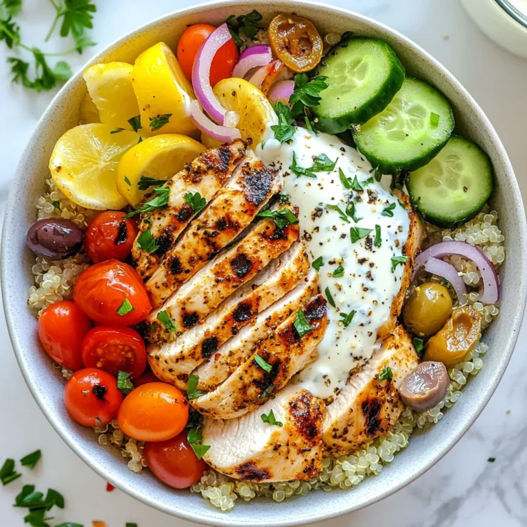 - 1 lb chicken breast, thinly sliced - 1 cup cooked quinoa or rice - 1 cup cucumber, finely diced - 1 cup cherry tomatoes, cut in half - 1/2 red onion, thinly sliced - 1/2 cup Kalamata olives, pitted and halved - 2 tablespoons extra virgin olive oil - 2 teaspoons dried oregano (preferably Greek) - 1 teaspoon garlic powder - 1 teaspoon onion powder - Salt and freshly cracked black pepper, to taste - 1 cup plain Greek yogurt - 2 tablespoons fresh lemon juice - Seasoning (salt and pepper to taste) Gather all these ingredients before you start. This makes cooking smooth and fun. Using fresh veggies and quality chicken gives the best flavor. The olive oil and Greek oregano add a nice touch to the chicken. You can adjust seasoning based on your taste. The yogurt sauce brings it all together with its creamy texture and tangy flavor. {{ingredient_image_2}} 1. Start by marinating the chicken breast. In a large bowl, add 1 lb of thinly sliced chicken. Pour in 2 tablespoons of extra virgin olive oil. Add 2 teaspoons of dried oregano, 1 teaspoon of garlic powder, 1 teaspoon of onion powder, and a healthy pinch of salt and black pepper. Mix well until the chicken is fully coated with the marinade. 2. Next, cook the chicken in a skillet or grill pan. Preheat your non-stick skillet over medium-high heat. Place the marinated chicken in the pan in a single layer. Cook for about 6-7 minutes, turning halfway through. Look for nice grill marks and ensure the chicken is cooked through. Once done, remove it from the heat and let it rest. 1. Now, let's make the tzatziki sauce. In a small mixing bowl, whisk together 1 cup of plain Greek yogurt and 2 tablespoons of fresh lemon juice. Season with a pinch of salt and a dash of pepper. Whisk until the mixture is smooth and creamy. This sauce will add a tangy touch to your gyro bowls. 1. To assemble your gyro bowls, start with the base. Place a generous scoop of cooked quinoa or rice in each bowl. This will give you a hearty foundation. 2. Next, layer the warm, cooked chicken over the grains. Then, add your fresh vegetables: 1 cup of finely diced cucumber, 1 cup of halved cherry tomatoes, thinly sliced 1/2 red onion, and 1/2 cup of pitted and halved Kalamata olives. 3. Drizzle the tzatziki sauce over everything. Let it cascade over the chicken and veggies for added flavor. 4. Finally, garnish each bowl with a sprinkle of chopped fresh parsley. This adds color and a burst of fresh flavor. 5. If you like, serve with warmed pita bread on the side for extra enjoyment. Enjoy your fresh and flavorful Greek Chicken Gyro Bowls! To make the best Greek chicken, cook it for about 6-7 minutes. Use medium-high heat. Make sure the chicken is thinly sliced. It should have a nice char and be white inside. If it's still pink, it needs more time. To avoid overcooking, take it off the heat as soon as it’s done. Let it rest for a few minutes before serving. This keeps the juices inside and makes it tender. For a tasty tzatziki sauce, use plain Greek yogurt. Mix it with fresh lemon juice, salt, and pepper. If you want to change it up, add minced garlic or chopped dill. You can also mix in grated cucumber for a refreshing twist. Adjust the salt and pepper to taste. The sauce should be creamy and smooth. If it’s too thick, add a little water or more lemon juice. Pair your Greek chicken gyro bowls with warm pita bread. This adds a nice touch and is fun to scoop with. You can also serve it with a side of fresh salad or roasted veggies. Consider a mix of greens, like spinach or arugula. These additions will enhance the meal and provide extra crunch. Enjoy your bowls with friends or family for a perfect meal experience! Pro Tips Marinate Longer: For even more flavor, marinate the chicken for at least 30 minutes or up to overnight in the refrigerator. Use Fresh Herbs: Fresh oregano can elevate the dish significantly; consider using it instead of dried for a bright, aromatic flavor. Customize Your Toppings: Feel free to add other toppings like feta cheese, bell peppers, or avocado for a personalized touch. Make It Ahead: Prep the components in advance and store separately in the fridge for a quick assembly during busy weeknights. {{image_4}} You can easily make a vegetarian gyro bowl. Instead of chicken, use falafel. Falafel adds a nice crunch and flavor. You can also grill vegetables like zucchini and bell peppers. Both choices give great taste and texture. They keep the bowl colorful and fun. If you need a gluten-free option, skip the pita. Use quinoa instead of rice. Quinoa is a superfood that boosts protein. It also has a great nutty flavor. You can enjoy all the other toppings without worry. To make your dish even tastier, add spices to the marinade. Try smoked paprika or cumin for a warm touch. Fresh herbs like dill or mint can also brighten the flavors. These small changes can make a big difference. They take your gyro bowl from good to great! To keep your Greek Chicken Gyro Bowls fresh, store leftovers in an airtight container. Place the chicken and veggies in separate containers to maintain their texture. The chicken stays juicy, and the veggies stay crisp. Keep them in the fridge for up to three days. For best results, consume within two days for optimal taste. You can freeze components of your gyro bowl to enjoy later. First, let the chicken cool completely. Then, place it in a freezer-safe bag, removing excess air. You can also freeze the cooked quinoa or rice. Store them in separate bags for easy meals later. Use within three months for the best flavor. Reheat your chicken and grains gently. For chicken, use a skillet over low heat. Add a splash of water to keep it moist. For quinoa or rice, warm them in the microwave or on the stove with a little water. Stir occasionally until hot. This method helps maintain their texture and flavor. Yes, you can make Greek Chicken Gyro Bowls ahead of time. Meal prep is a great way to save time. Prepare the chicken and veggies in advance. Store each ingredient separately in airtight containers. You can cook the chicken and let it cool. Then, place it in the fridge for up to three days. When you're ready to eat, just assemble your bowls. This way, you enjoy fresh meals all week. If you don't have Greek yogurt, there are good substitutes. You can use regular yogurt or sour cream. For a non-dairy option, try cashew cream or coconut yogurt. These options still give you a creamy texture. Each substitute will change the flavor slightly, but they will still taste great. To add heat to your Greek Chicken Gyro Bowls, try a few simple ideas. Add crushed red pepper flakes to the chicken marinade. You can also mix hot sauce into the yogurt sauce. If you love fresh heat, chop jalapeños or add sliced spicy peppers. These small changes will give your bowls a nice kick. Enjoy the extra flavor! In this post, we explored how to make Greek Chicken Gyro Bowls. We discussed the key ingredients, including marinated chicken, quinoa or rice, and fresh veggies. I shared step-by-step instructions for cooking and assembling your bowls. You also learned tips for perfect chicken, delicious sauces, and meal variations. Enjoying these bowls at home is easy and fun. Experiment with flavors to make it your own!