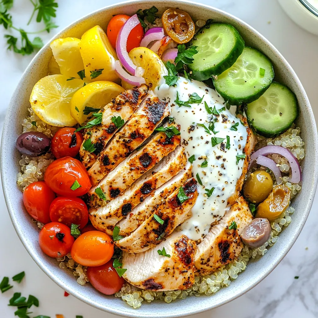 - 1 lb chicken breast, thinly sliced - 1 cup cooked quinoa or rice - 1 cup cucumber, finely diced - 1 cup cherry tomatoes, cut in half - 1/2 red onion, thinly sliced - 1/2 cup Kalamata olives, pitted and halved - 2 tablespoons extra virgin olive oil - 2 teaspoons dried oregano (preferably Greek) - 1 teaspoon garlic powder - 1 teaspoon onion powder - Salt and freshly cracked black pepper, to taste - 1 cup plain Greek yogurt - 2 tablespoons fresh lemon juice - Seasoning (salt and pepper to taste) Gather all these ingredients before you start. This makes cooking smooth and fun. Using fresh veggies and quality chicken gives the best flavor. The olive oil and Greek oregano add a nice touch to the chicken. You can adjust seasoning based on your taste. The yogurt sauce brings it all together with its creamy texture and tangy flavor. {{ingredient_image_2}} 1. Start by marinating the chicken breast. In a large bowl, add 1 lb of thinly sliced chicken. Pour in 2 tablespoons of extra virgin olive oil. Add 2 teaspoons of dried oregano, 1 teaspoon of garlic powder, 1 teaspoon of onion powder, and a healthy pinch of salt and black pepper. Mix well until the chicken is fully coated with the marinade. 2. Next, cook the chicken in a skillet or grill pan. Preheat your non-stick skillet over medium-high heat. Place the marinated chicken in the pan in a single layer. Cook for about 6-7 minutes, turning halfway through. Look for nice grill marks and ensure the chicken is cooked through. Once done, remove it from the heat and let it rest. 1. Now, let's make the tzatziki sauce. In a small mixing bowl, whisk together 1 cup of plain Greek yogurt and 2 tablespoons of fresh lemon juice. Season with a pinch of salt and a dash of pepper. Whisk until the mixture is smooth and creamy. This sauce will add a tangy touch to your gyro bowls. 1. To assemble your gyro bowls, start with the base. Place a generous scoop of cooked quinoa or rice in each bowl. This will give you a hearty foundation. 2. Next, layer the warm, cooked chicken over the grains. Then, add your fresh vegetables: 1 cup of finely diced cucumber, 1 cup of halved cherry tomatoes, thinly sliced 1/2 red onion, and 1/2 cup of pitted and halved Kalamata olives. 3. Drizzle the tzatziki sauce over everything. Let it cascade over the chicken and veggies for added flavor. 4. Finally, garnish each bowl with a sprinkle of chopped fresh parsley. This adds color and a burst of fresh flavor. 5. If you like, serve with warmed pita bread on the side for extra enjoyment. Enjoy your fresh and flavorful Greek Chicken Gyro Bowls! To make the best Greek chicken, cook it for about 6-7 minutes. Use medium-high heat. Make sure the chicken is thinly sliced. It should have a nice char and be white inside. If it's still pink, it needs more time. To avoid overcooking, take it off the heat as soon as it’s done. Let it rest for a few minutes before serving. This keeps the juices inside and makes it tender. For a tasty tzatziki sauce, use plain Greek yogurt. Mix it with fresh lemon juice, salt, and pepper. If you want to change it up, add minced garlic or chopped dill. You can also mix in grated cucumber for a refreshing twist. Adjust the salt and pepper to taste. The sauce should be creamy and smooth. If it’s too thick, add a little water or more lemon juice. Pair your Greek chicken gyro bowls with warm pita bread. This adds a nice touch and is fun to scoop with. You can also serve it with a side of fresh salad or roasted veggies. Consider a mix of greens, like spinach or arugula. These additions will enhance the meal and provide extra crunch. Enjoy your bowls with friends or family for a perfect meal experience! Pro Tips Marinate Longer: For even more flavor, marinate the chicken for at least 30 minutes or up to overnight in the refrigerator. Use Fresh Herbs: Fresh oregano can elevate the dish significantly; consider using it instead of dried for a bright, aromatic flavor. Customize Your Toppings: Feel free to add other toppings like feta cheese, bell peppers, or avocado for a personalized touch. Make It Ahead: Prep the components in advance and store separately in the fridge for a quick assembly during busy weeknights. {{image_4}} You can easily make a vegetarian gyro bowl. Instead of chicken, use falafel. Falafel adds a nice crunch and flavor. You can also grill vegetables like zucchini and bell peppers. Both choices give great taste and texture. They keep the bowl colorful and fun. If you need a gluten-free option, skip the pita. Use quinoa instead of rice. Quinoa is a superfood that boosts protein. It also has a great nutty flavor. You can enjoy all the other toppings without worry. To make your dish even tastier, add spices to the marinade. Try smoked paprika or cumin for a warm touch. Fresh herbs like dill or mint can also brighten the flavors. These small changes can make a big difference. They take your gyro bowl from good to great! To keep your Greek Chicken Gyro Bowls fresh, store leftovers in an airtight container. Place the chicken and veggies in separate containers to maintain their texture. The chicken stays juicy, and the veggies stay crisp. Keep them in the fridge for up to three days. For best results, consume within two days for optimal taste. You can freeze components of your gyro bowl to enjoy later. First, let the chicken cool completely. Then, place it in a freezer-safe bag, removing excess air. You can also freeze the cooked quinoa or rice. Store them in separate bags for easy meals later. Use within three months for the best flavor. Reheat your chicken and grains gently. For chicken, use a skillet over low heat. Add a splash of water to keep it moist. For quinoa or rice, warm them in the microwave or on the stove with a little water. Stir occasionally until hot. This method helps maintain their texture and flavor. Yes, you can make Greek Chicken Gyro Bowls ahead of time. Meal prep is a great way to save time. Prepare the chicken and veggies in advance. Store each ingredient separately in airtight containers. You can cook the chicken and let it cool. Then, place it in the fridge for up to three days. When you're ready to eat, just assemble your bowls. This way, you enjoy fresh meals all week. If you don't have Greek yogurt, there are good substitutes. You can use regular yogurt or sour cream. For a non-dairy option, try cashew cream or coconut yogurt. These options still give you a creamy texture. Each substitute will change the flavor slightly, but they will still taste great. To add heat to your Greek Chicken Gyro Bowls, try a few simple ideas. Add crushed red pepper flakes to the chicken marinade. You can also mix hot sauce into the yogurt sauce. If you love fresh heat, chop jalapeños or add sliced spicy peppers. These small changes will give your bowls a nice kick. Enjoy the extra flavor! In this post, we explored how to make Greek Chicken Gyro Bowls. We discussed the key ingredients, including marinated chicken, quinoa or rice, and fresh veggies. I shared step-by-step instructions for cooking and assembling your bowls. You also learned tips for perfect chicken, delicious sauces, and meal variations. Enjoying these bowls at home is easy and fun. Experiment with flavors to make it your own!
