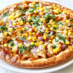 - 1 pre-made pizza crust - 1 cup cooked chicken breast, shredded - 1/2 cup BBQ sauce - 1/2 cup ranch dressing - 1 cup shredded mozzarella cheese - 1/2 cup red onion, thinly sliced - 1/4 cup cilantro leaves, chopped - 1/2 cup corn kernels - Salt and pepper to taste The main ingredients in BBQ Ranch Chicken Pizza are simple and tasty. You start with a pre-made pizza crust. This saves time and makes it easy. The next key item is cooked chicken breast. I like to use shredded chicken for good texture. Next, we add BBQ sauce. It gives the chicken a sweet and smoky flavor. Ranch dressing adds creaminess and a nice tang. You will also need shredded mozzarella cheese. This cheese melts beautifully and holds everything together. For a bit of crunch and sweetness, we include thinly sliced red onion and corn kernels. Fresh cilantro adds a bright flavor at the end. Don’t forget to season with salt and pepper to enhance the taste. - Extra toppings: jalapeños, bell peppers, or bacon bits - Types of crust: gluten-free, whole wheat, or cauliflower crust You can customize your BBQ Ranch Chicken Pizza with optional toppings. Jalapeños add a spicy kick. Bell peppers give a sweet crunch. Bacon bits add a nice, savory touch. You can also choose different crusts. Gluten-free crusts work well for those with dietary needs. Whole wheat crusts add a nutty flavor. Cauliflower crusts are great for a low-carb option. Each choice can change the pizza's taste and texture. {{ingredient_image_2}} - Preheat oven to 425°F (220°C) - Combine shredded chicken with BBQ sauce Start by preheating your oven to 425°F (220°C). This step is key for a crispy crust. While the oven heats, take a medium bowl and add your cooked, shredded chicken. Pour in your favorite BBQ sauce. Stir until the chicken is nicely coated. This mix gives your pizza a smoky, sweet taste. - Spread ranch dressing on the pizza crust - Distribute BBQ chicken mixture evenly - Add corn, red onion, and mozzarella cheese Next, grab your pre-made pizza crust. Place it on a baking sheet or pizza stone. Use a spatula or the back of a spoon to spread ranch dressing evenly across the crust. This will be the creamy layer. Now, take your BBQ chicken mix and spread it all over the ranch. Make sure every bite has chicken in it. Then, sprinkle corn and thinly sliced red onion on top. These add sweetness and crunch. Finally, cover the pizza with shredded mozzarella cheese. The more cheese, the better! - Season with salt and pepper - Bake for 12-15 minutes or until golden brown Before you bake, sprinkle a little salt and pepper over the top. The BBQ sauce adds flavor, so don’t use too much. Now, place your pizza in the preheated oven. Let it bake for 12-15 minutes. Keep an eye on it until the crust is golden brown and the cheese is bubbly. Once it’s done, take it out and let it cool for a few minutes. This will help prevent burns when slicing. Enjoy every cheesy, flavorful bite! To make your BBQ Ranch Chicken Pizza shine, choose high-quality BBQ sauce. This sauce brings rich flavor to your pizza. I love to mix BBQ sauce with ranch dressing. This blend adds a unique taste. The sweet and tangy notes work well together. A crispy crust makes a big difference. Pre-baking the crust for a few minutes helps. It gives you a nice crunch. If you use a homemade crust, roll it out evenly. Make sure it fits your baking sheet. A consistent thickness helps it bake perfectly. Let your pizza cool for about two minutes before slicing. This cooling time helps the cheese set, making it easier to cut. For a great presentation, serve on a wooden cutting board. You can also drizzle extra ranch and BBQ sauce on top. It looks amazing and tastes even better! Pro Tips Use Leftover Chicken: This is a great way to utilize leftover rotisserie chicken or any cooked chicken you have on hand, adding convenience to your meal prep. Customize Your Toppings: Feel free to add other toppings like jalapeños, bell peppers, or bacon for a unique twist on this classic recipe. Grill for Extra Flavor: If you have a grill, consider grilling the pizza instead of baking it for a smoky flavor and crispy crust. Let It Rest: Allow the pizza to rest for a few minutes after baking to let the cheese set slightly, making it easier to slice and serve. {{image_4}} You can change the toppings to fit your taste. For a vegetarian option, swap the chicken for mushrooms or spinach. This adds great flavor and keeps it fresh. If you love meat, try adding sausage or pepperoni. This will make it a hearty meal that meat lovers will enjoy. Experimenting with sauces can change the pizza's taste. Using a spicy BBQ sauce gives your pizza a kick. If you want a creamier base, a creamy garlic sauce works well too. Both options will make the pizza unique and exciting. The crust can also change the pizza's vibe. For a low-carb choice, use a cauliflower crust. It’s a great way to enjoy the pizza without the carbs. If you're short on time, use flatbread for a quick option. It bakes fast and still tastes great. To store leftovers, let the pizza cool completely. Wrap it tightly in plastic wrap or aluminum foil. You can also place it in an airtight container. This helps keep it fresh for up to three days. When you want to reheat, preheat your oven to 350°F (175°C). Place the pizza on a baking sheet. Heat for about 10-15 minutes. This warms the pizza evenly and keeps the crust crispy. To freeze cooked BBQ ranch chicken pizza, let it cool first. Cut it into slices for easy serving later. Wrap each slice in plastic wrap, then in aluminum foil. This prevents freezer burn and keeps it fresh for up to three months. When you're ready to eat, take it out and thaw it in the fridge overnight. For reheating, preheat your oven to 375°F (190°C). Place the slices on a baking sheet and heat for 15-20 minutes. This method ensures a tasty meal any time! No, I do not recommend using raw chicken. Raw chicken needs to cook fully to be safe. If you use raw chicken, bake it first before adding it to the pizza. Cook it for about 20-25 minutes at 425°F (220°C) until it’s no longer pink. This keeps you safe from foodborne illness. Yes, you can make this recipe gluten-free. Look for gluten-free pizza crusts at your store. You can also make your own with gluten-free flour. For the sauce, ensure the BBQ sauce is gluten-free. Many brands offer gluten-free options. You can use other dressings if you want. Try blue cheese or Caesar dressing for a new taste. If you want to make your own ranch, mix mayo, sour cream, and spices like garlic powder and dill. This gives you a fresh dressing option for your pizza. In this blog post, I shared a simple BBQ ranch chicken pizza recipe. We covered the main ingredients, step-by-step instructions, and tips for flavor and crust. You learned how to personalize your pizza with variations and storage tips. This dish is fun and easy to make. With a few small changes, you can create your perfect pizza every time. Enjoy the process and get creative with your toppings!