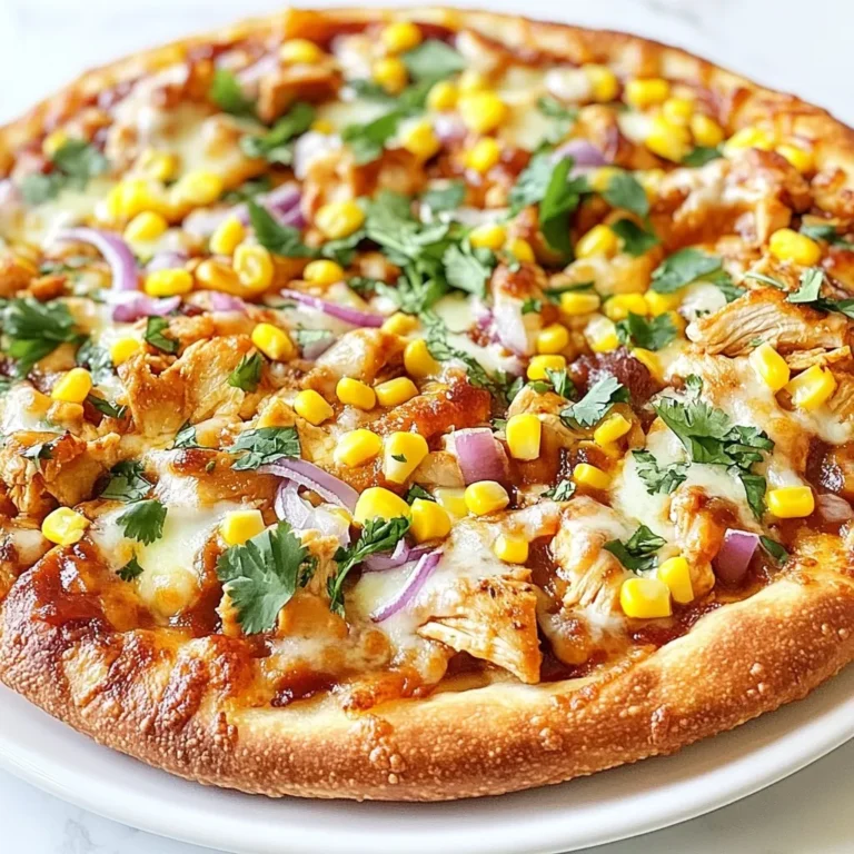 - 1 pre-made pizza crust - 1 cup cooked chicken breast, shredded - 1/2 cup BBQ sauce - 1/2 cup ranch dressing - 1 cup shredded mozzarella cheese - 1/2 cup red onion, thinly sliced - 1/4 cup cilantro leaves, chopped - 1/2 cup corn kernels - Salt and pepper to taste The main ingredients in BBQ Ranch Chicken Pizza are simple and tasty. You start with a pre-made pizza crust. This saves time and makes it easy. The next key item is cooked chicken breast. I like to use shredded chicken for good texture. Next, we add BBQ sauce. It gives the chicken a sweet and smoky flavor. Ranch dressing adds creaminess and a nice tang. You will also need shredded mozzarella cheese. This cheese melts beautifully and holds everything together. For a bit of crunch and sweetness, we include thinly sliced red onion and corn kernels. Fresh cilantro adds a bright flavor at the end. Don’t forget to season with salt and pepper to enhance the taste. - Extra toppings: jalapeños, bell peppers, or bacon bits - Types of crust: gluten-free, whole wheat, or cauliflower crust You can customize your BBQ Ranch Chicken Pizza with optional toppings. Jalapeños add a spicy kick. Bell peppers give a sweet crunch. Bacon bits add a nice, savory touch. You can also choose different crusts. Gluten-free crusts work well for those with dietary needs. Whole wheat crusts add a nutty flavor. Cauliflower crusts are great for a low-carb option. Each choice can change the pizza's taste and texture. {{ingredient_image_2}} - Preheat oven to 425°F (220°C) - Combine shredded chicken with BBQ sauce Start by preheating your oven to 425°F (220°C). This step is key for a crispy crust. While the oven heats, take a medium bowl and add your cooked, shredded chicken. Pour in your favorite BBQ sauce. Stir until the chicken is nicely coated. This mix gives your pizza a smoky, sweet taste. - Spread ranch dressing on the pizza crust - Distribute BBQ chicken mixture evenly - Add corn, red onion, and mozzarella cheese Next, grab your pre-made pizza crust. Place it on a baking sheet or pizza stone. Use a spatula or the back of a spoon to spread ranch dressing evenly across the crust. This will be the creamy layer. Now, take your BBQ chicken mix and spread it all over the ranch. Make sure every bite has chicken in it. Then, sprinkle corn and thinly sliced red onion on top. These add sweetness and crunch. Finally, cover the pizza with shredded mozzarella cheese. The more cheese, the better! - Season with salt and pepper - Bake for 12-15 minutes or until golden brown Before you bake, sprinkle a little salt and pepper over the top. The BBQ sauce adds flavor, so don’t use too much. Now, place your pizza in the preheated oven. Let it bake for 12-15 minutes. Keep an eye on it until the crust is golden brown and the cheese is bubbly. Once it’s done, take it out and let it cool for a few minutes. This will help prevent burns when slicing. Enjoy every cheesy, flavorful bite! To make your BBQ Ranch Chicken Pizza shine, choose high-quality BBQ sauce. This sauce brings rich flavor to your pizza. I love to mix BBQ sauce with ranch dressing. This blend adds a unique taste. The sweet and tangy notes work well together. A crispy crust makes a big difference. Pre-baking the crust for a few minutes helps. It gives you a nice crunch. If you use a homemade crust, roll it out evenly. Make sure it fits your baking sheet. A consistent thickness helps it bake perfectly. Let your pizza cool for about two minutes before slicing. This cooling time helps the cheese set, making it easier to cut. For a great presentation, serve on a wooden cutting board. You can also drizzle extra ranch and BBQ sauce on top. It looks amazing and tastes even better! Pro Tips Use Leftover Chicken: This is a great way to utilize leftover rotisserie chicken or any cooked chicken you have on hand, adding convenience to your meal prep. Customize Your Toppings: Feel free to add other toppings like jalapeños, bell peppers, or bacon for a unique twist on this classic recipe. Grill for Extra Flavor: If you have a grill, consider grilling the pizza instead of baking it for a smoky flavor and crispy crust. Let It Rest: Allow the pizza to rest for a few minutes after baking to let the cheese set slightly, making it easier to slice and serve. {{image_4}} You can change the toppings to fit your taste. For a vegetarian option, swap the chicken for mushrooms or spinach. This adds great flavor and keeps it fresh. If you love meat, try adding sausage or pepperoni. This will make it a hearty meal that meat lovers will enjoy. Experimenting with sauces can change the pizza's taste. Using a spicy BBQ sauce gives your pizza a kick. If you want a creamier base, a creamy garlic sauce works well too. Both options will make the pizza unique and exciting. The crust can also change the pizza's vibe. For a low-carb choice, use a cauliflower crust. It’s a great way to enjoy the pizza without the carbs. If you're short on time, use flatbread for a quick option. It bakes fast and still tastes great. To store leftovers, let the pizza cool completely. Wrap it tightly in plastic wrap or aluminum foil. You can also place it in an airtight container. This helps keep it fresh for up to three days. When you want to reheat, preheat your oven to 350°F (175°C). Place the pizza on a baking sheet. Heat for about 10-15 minutes. This warms the pizza evenly and keeps the crust crispy. To freeze cooked BBQ ranch chicken pizza, let it cool first. Cut it into slices for easy serving later. Wrap each slice in plastic wrap, then in aluminum foil. This prevents freezer burn and keeps it fresh for up to three months. When you're ready to eat, take it out and thaw it in the fridge overnight. For reheating, preheat your oven to 375°F (190°C). Place the slices on a baking sheet and heat for 15-20 minutes. This method ensures a tasty meal any time! No, I do not recommend using raw chicken. Raw chicken needs to cook fully to be safe. If you use raw chicken, bake it first before adding it to the pizza. Cook it for about 20-25 minutes at 425°F (220°C) until it’s no longer pink. This keeps you safe from foodborne illness. Yes, you can make this recipe gluten-free. Look for gluten-free pizza crusts at your store. You can also make your own with gluten-free flour. For the sauce, ensure the BBQ sauce is gluten-free. Many brands offer gluten-free options. You can use other dressings if you want. Try blue cheese or Caesar dressing for a new taste. If you want to make your own ranch, mix mayo, sour cream, and spices like garlic powder and dill. This gives you a fresh dressing option for your pizza. In this blog post, I shared a simple BBQ ranch chicken pizza recipe. We covered the main ingredients, step-by-step instructions, and tips for flavor and crust. You learned how to personalize your pizza with variations and storage tips. This dish is fun and easy to make. With a few small changes, you can create your perfect pizza every time. Enjoy the process and get creative with your toppings!