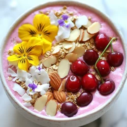 - 1 cup frozen cherries - 1 ripe banana - 1/2 cup almond milk - 1/4 cup Greek yogurt - 1 tablespoon almond butter - 1 tablespoon chia seeds - 1 tablespoon honey or maple syrup (optional) - Toppings: sliced almonds, fresh cherries, granola, coconut flakes, edible flowers You can switch frozen cherries for fresh ones if you prefer. Just add ice to keep it cold. Any plant-based milk works instead of almond milk. Use non-dairy yogurt to keep it vegan. If you don't have almond butter, try peanut butter or sunflower seed butter. For sweetness, skip the honey or maple syrup if you want a more tart flavor. - Cherries: These fruits are rich in vitamins and antioxidants. They help reduce inflammation and boost heart health. - Banana: This fruit provides quick energy and is high in potassium. Potassium helps maintain blood pressure and muscle function. - Almond Milk: Low in calories, almond milk is a great dairy-free option. It has healthy fats that support brain health. - Greek Yogurt: Packed with protein, Greek yogurt aids digestion and helps you feel full longer. - Almond Butter: This nut butter is full of healthy fats and protein. It can help support weight management. - Chia Seeds: These seeds are high in fiber and omega-3s. They promote heart health and keep you satisfied. - Honey or Maple Syrup: These natural sweeteners add flavor and energy, but use them sparingly. {{ingredient_image_2}} To start, gather all your ingredients. You need frozen cherries, a ripe banana, almond milk, Greek yogurt, almond butter, chia seeds, and honey or maple syrup. You can also prepare your toppings: sliced almonds, fresh cherries, granola, coconut flakes, and edible flowers. This setup makes the process smooth and simple. First, add the frozen cherries and banana to your blender. Then, pour in the almond milk and Greek yogurt. Next, spoon in the almond butter and chia seeds. If you want it sweeter, add honey or maple syrup. Blend everything on high speed until it’s creamy and smooth. If it seems too thick, just add a splash of almond milk. Remember to pause and scrape the sides of the blender to mix well. After blending, pour the smoothie into a bowl. Now comes the fun part—decorating! Start by sprinkling sliced almonds over the surface. Next, add fresh cherries and your favorite granola. Finish with a sprinkle of coconut flakes. For a beautiful touch, place a few edible flowers on top. This makes your smoothie bowl look amazing and ready to enjoy. To make your smoothie bowl nice and creamy, use ripe banana. The banana adds natural sweetness and a smooth texture. Also, choose a high-powered blender. It blends the ingredients well. If your bowl is too thick, add a splash of almond milk. This will help you reach the texture you want. Sweetness is all about your taste. If you like it sweeter, add honey or maple syrup. Start with one tablespoon. Blend, taste, and adjust as needed. You can always add more, but it's hard to take away. This way, you control how sweet your smoothie bowl becomes. Toppings make your smoothie bowl fun and tasty. Use sliced almonds for crunch. Fresh cherries add color and flavor. Granola gives a nice bite, while coconut flakes add a tropical touch. Feel free to mix and match your favorite toppings. Get creative! You can even add edible flowers for a special look. Pro Tips Use Fresh Cherries for Extra Flavor: If you have access to fresh cherries, add a handful to your smoothie for a vibrant flavor boost and a beautiful color contrast. Customize Your Sweetness: Adjust the sweetness of your smoothie bowl by varying the amount of honey or maple syrup based on your personal preference and the ripeness of your banana. Experiment with Toppings: Feel free to mix and match different toppings like nuts, seeds, or dried fruits to create a unique flavor profile that suits your taste. Chill Your Bowl: For a refreshing experience, chill your bowl in the freezer for a few minutes before serving your smoothie. This keeps it cool and enhances the overall enjoyment. {{image_4}} You can swap the frozen cherries for other fruits. Summer brings ripe strawberries and peaches. Fall offers tasty apples and pears. Fresh fruits add unique flavors and colors to your smoothie bowl. You can even use frozen fruits for a chilly treat year-round. Just remember to keep the texture creamy! To boost your smoothie bowl, add protein sources. You can mix in protein powder, Greek yogurt, or nut butter. Each adds rich flavor and fills you up. Superfoods like spirulina or acai can also enhance the nutrition. Just a spoonful can make your bowl even more powerful! If you prefer a vegan or dairy-free bowl, make simple swaps. Use non-dairy yogurt for a creamy base. Almond milk works great, but you can also try coconut or oat milk. For sweetness, maple syrup is a perfect choice. These swaps keep your bowl tasty while fitting your diet. If you have leftover smoothie bowl, you can store it easily. Place it in an airtight container. Make sure to seal it well. Keep it in the fridge. It will last for one day. If you want to eat it later, you can freeze it. To keep your smoothie bowl fresh, avoid adding toppings until you eat it. Toppings like nuts and fruits can get soggy. Store the base and toppings separately. If you use honey or maple syrup, add that right before serving. This will keep the flavor bright and fresh. You can also freeze some ingredients for later use. Frozen cherries work great. You can freeze ripe bananas too. Just peel and slice them before freezing. Store them in a zip-top bag. For almond milk, you can freeze it in ice cube trays. This way, you have smoothie-ready ingredients anytime! Yes, you can use fresh cherries in this recipe. Fresh cherries will give your smoothie bowl a bright taste. However, using frozen cherries makes the smoothie colder and thicker. If you choose fresh, add ice cubes for a chill. To make this smoothie bowl nut-free, swap almond milk for oat milk or coconut milk. Use sunflower seed butter instead of almond butter. Avoid toppings like sliced almonds. Instead, try pumpkin seeds or sunflower seeds for crunch. You can get creative with toppings! Use sliced bananas, berries, or granola. Consider adding seeds like chia or hemp for extra nutrition. You can also sprinkle cinnamon or drizzle nut-free chocolate sauce for a sweet touch. This blog post covered how to create a delicious smoothie bowl. We explored key ingredients, their health benefits, and useful substitutions. You learned step-by-step instructions for blending and topping tips to enhance flavor. I shared ways to make your smoothie bowl creamier and adjust sweetness. We also discussed variations with seasonal fruits and protein options. Lastly, I provided storage tips to keep your bowl fresh. Remember, getting creative with toppings can make your smoothie bowl unique and tasty! Enjoy your healthy treat!