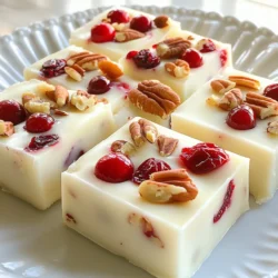 To make the best white chocolate cranberry fudge, you need a few simple ingredients. Each one plays a role in creating the rich taste and smooth texture. Here’s the complete list: - 2 cups white chocolate chips - 1 can (14 oz) sweetened condensed milk - 1/4 cup unsalted butter - 1/2 cup dried cranberries, roughly chopped - 1/2 cup pecans, chopped (optional) - 1 teaspoon pure vanilla extract - Pinch of salt These ingredients are easy to find at any grocery store. The white chocolate chips give the fudge its creamy base. Sweetened condensed milk adds sweetness and helps the fudge set well. Unsalted butter makes it rich and smooth. Dried cranberries add a fruity bite, while pecans bring in a nice crunch if you choose to include them. Vanilla extract boosts the flavor, and salt balances the sweetness. When I make this fudge, I love to use high-quality chocolate chips. They melt better and taste amazing! Feel free to adjust the amount of dried cranberries and pecans based on your preference. This fudge is very forgiving, so you can add your favorite mix-ins. Enjoy the process of gathering these ingredients, as it sets the stage for a delicious treat! {{ingredient_image_2}} Start by prepping your baking dish. You need an 8x8 inch dish. Line it with parchment paper. Make sure some paper hangs over the sides. This helps when you lift out the fudge later. A good lining makes a big difference. Next, we melt the chocolate mixture. In a medium saucepan, combine the white chocolate chips, sweetened condensed milk, and unsalted butter. Set the heat to low. Keep stirring as it melts. This keeps the chocolate from burning. Once it is smooth and creamy, you can take it off the heat. Now, let’s add flavor. Stir in the vanilla extract and a pinch of salt. This step boosts the fudge's taste. Then, fold in the chopped dried cranberries and, if you like, the pecans. Mix well to spread out the fruits and nuts evenly. This way, every bite is tasty and fun. Pour the mixture into your lined baking dish. Smooth the top with a spatula for a nice finish. Now, it’s time to chill. Place the dish in the refrigerator. Let it set for at least 2-3 hours. Once it is firm, lift it out using the parchment paper. Move it to a cutting board and slice into squares. Enjoy your sweet treat! To get the right texture for your fudge, melt the white chocolate slowly. Use low heat and stir well. This helps the chocolate blend smoothly with the sweetened condensed milk and butter. If your fudge is too thick, add a bit more condensed milk. If it's too runny, let it cool a bit before pouring it into the dish. You can boost the taste of your fudge easily. Try adding a teaspoon of orange zest for a fruity twist. You can also mix in spices like cinnamon or nutmeg for warmth. If you love nuts, feel free to add more pecans, or even try walnuts or almonds. Chopped dried cherries or apricots can also add fun flavors! Make your fudge look fancy with a few simple tips. Cut it into neat squares and place them on a pretty platter. You can sprinkle whole cranberries and pecan halves on top for color. A drizzle of melted chocolate over the squares adds a touch of elegance. For a fun touch, serve the fudge with a side of whipped cream or vanilla ice cream. Pro Tips Use Quality Chocolate: The flavor of your fudge heavily depends on the quality of the white chocolate. Opt for high-quality chocolate chips for the best taste and texture. Chill for Best Results: Allowing the fudge to chill for a full 3 hours ensures it sets properly. If you’re in a hurry, a freezer can speed up the process, but be cautious not to freeze it. Experiment with Mix-ins: Feel free to get creative with your mix-ins! Swap out cranberries and pecans for other dried fruits or nuts to customize your fudge to your liking. Store Correctly: To keep your fudge fresh, store it in an airtight container at room temperature for up to a week, or in the refrigerator for longer shelf life. {{image_4}} You can make this fudge healthier with a few swaps. First, consider sugar-free options. You can find sugar-free white chocolate chips at many stores. This change keeps the taste while cutting down on sugar. Next, try using alternative sweeteners. Options like stevia or monk fruit work well. Just be sure to check the package for the right amount to use. This method keeps your fudge sweet but lowers the calories. To jazz up your fudge, add spices. A pinch of cinnamon or nutmeg can give it a warm flavor. These spices blend nicely with the white chocolate and cranberries. You can also use different nuts or fruits. Instead of pecans, try walnuts or almonds. They add a nice crunch. For fruit, consider dried cherries or apricots. Each choice brings a unique taste to your fudge, making it special every time. To keep your white chocolate cranberry fudge fresh, store it in an airtight container. I recommend placing a piece of parchment paper between layers if you stack the fudge. This helps prevent sticking. Keep the container in a cool, dry place, away from direct sunlight. This way, your fudge stays delicious longer. When stored properly, your fudge will last about one week at room temperature. If you want to keep it longer, refrigerate it. In the fridge, it can last up to two weeks. Just remember to let it come to room temperature before serving. This keeps the texture nice and creamy. If you need to store the fudge for a longer time, freezing is a great option. Cut the fudge into squares first. Wrap each piece tightly in plastic wrap. Then, place them in a freezer-safe bag. Your fudge can last up to three months in the freezer. When you're ready to enjoy it, let the fudge thaw in the fridge overnight. This keeps it from getting too soft. The fudge takes about 2-3 hours to set in the fridge. You want it firm. If you leave it longer, it will be even better. Just be patient! Yes, you can use milk chocolate or dark chocolate. Each type gives a new taste. Milk chocolate will be sweeter, and dark will be richer. Adjust the sweetness if needed. Yes, this fudge is gluten-free! The ingredients we use do not contain gluten. Just check the labels to be sure. Enjoy this treat with confidence! This blog post covered a simple fudge recipe with key ingredients like white chocolate and cranberries. I shared step-by-step instructions for making fudge, from preparation to chilling. You learned tips for perfect consistency and variations for healthier options. Lastly, I provided storage info and answered frequent questions about the recipe. Enjoy making your fudge! It’s fun and easy for all.