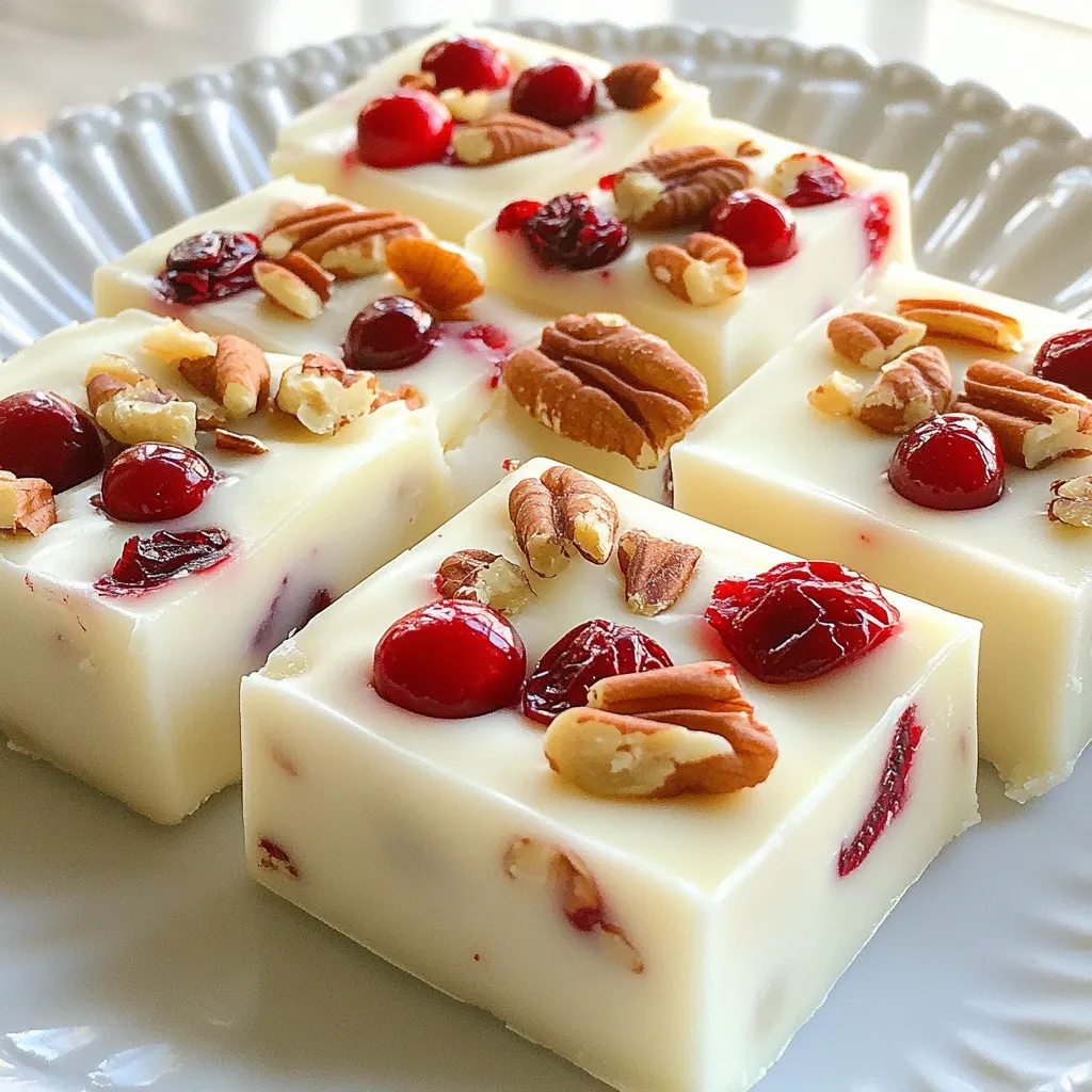 To make the best white chocolate cranberry fudge, you need a few simple ingredients. Each one plays a role in creating the rich taste and smooth texture. Here’s the complete list: - 2 cups white chocolate chips - 1 can (14 oz) sweetened condensed milk - 1/4 cup unsalted butter - 1/2 cup dried cranberries, roughly chopped - 1/2 cup pecans, chopped (optional) - 1 teaspoon pure vanilla extract - Pinch of salt These ingredients are easy to find at any grocery store. The white chocolate chips give the fudge its creamy base. Sweetened condensed milk adds sweetness and helps the fudge set well. Unsalted butter makes it rich and smooth. Dried cranberries add a fruity bite, while pecans bring in a nice crunch if you choose to include them. Vanilla extract boosts the flavor, and salt balances the sweetness. When I make this fudge, I love to use high-quality chocolate chips. They melt better and taste amazing! Feel free to adjust the amount of dried cranberries and pecans based on your preference. This fudge is very forgiving, so you can add your favorite mix-ins. Enjoy the process of gathering these ingredients, as it sets the stage for a delicious treat! {{ingredient_image_2}} Start by prepping your baking dish. You need an 8x8 inch dish. Line it with parchment paper. Make sure some paper hangs over the sides. This helps when you lift out the fudge later. A good lining makes a big difference. Next, we melt the chocolate mixture. In a medium saucepan, combine the white chocolate chips, sweetened condensed milk, and unsalted butter. Set the heat to low. Keep stirring as it melts. This keeps the chocolate from burning. Once it is smooth and creamy, you can take it off the heat. Now, let’s add flavor. Stir in the vanilla extract and a pinch of salt. This step boosts the fudge's taste. Then, fold in the chopped dried cranberries and, if you like, the pecans. Mix well to spread out the fruits and nuts evenly. This way, every bite is tasty and fun. Pour the mixture into your lined baking dish. Smooth the top with a spatula for a nice finish. Now, it’s time to chill. Place the dish in the refrigerator. Let it set for at least 2-3 hours. Once it is firm, lift it out using the parchment paper. Move it to a cutting board and slice into squares. Enjoy your sweet treat! To get the right texture for your fudge, melt the white chocolate slowly. Use low heat and stir well. This helps the chocolate blend smoothly with the sweetened condensed milk and butter. If your fudge is too thick, add a bit more condensed milk. If it's too runny, let it cool a bit before pouring it into the dish. You can boost the taste of your fudge easily. Try adding a teaspoon of orange zest for a fruity twist. You can also mix in spices like cinnamon or nutmeg for warmth. If you love nuts, feel free to add more pecans, or even try walnuts or almonds. Chopped dried cherries or apricots can also add fun flavors! Make your fudge look fancy with a few simple tips. Cut it into neat squares and place them on a pretty platter. You can sprinkle whole cranberries and pecan halves on top for color. A drizzle of melted chocolate over the squares adds a touch of elegance. For a fun touch, serve the fudge with a side of whipped cream or vanilla ice cream. Pro Tips Use Quality Chocolate: The flavor of your fudge heavily depends on the quality of the white chocolate. Opt for high-quality chocolate chips for the best taste and texture. Chill for Best Results: Allowing the fudge to chill for a full 3 hours ensures it sets properly. If you’re in a hurry, a freezer can speed up the process, but be cautious not to freeze it. Experiment with Mix-ins: Feel free to get creative with your mix-ins! Swap out cranberries and pecans for other dried fruits or nuts to customize your fudge to your liking. Store Correctly: To keep your fudge fresh, store it in an airtight container at room temperature for up to a week, or in the refrigerator for longer shelf life. {{image_4}} You can make this fudge healthier with a few swaps. First, consider sugar-free options. You can find sugar-free white chocolate chips at many stores. This change keeps the taste while cutting down on sugar. Next, try using alternative sweeteners. Options like stevia or monk fruit work well. Just be sure to check the package for the right amount to use. This method keeps your fudge sweet but lowers the calories. To jazz up your fudge, add spices. A pinch of cinnamon or nutmeg can give it a warm flavor. These spices blend nicely with the white chocolate and cranberries. You can also use different nuts or fruits. Instead of pecans, try walnuts or almonds. They add a nice crunch. For fruit, consider dried cherries or apricots. Each choice brings a unique taste to your fudge, making it special every time. To keep your white chocolate cranberry fudge fresh, store it in an airtight container. I recommend placing a piece of parchment paper between layers if you stack the fudge. This helps prevent sticking. Keep the container in a cool, dry place, away from direct sunlight. This way, your fudge stays delicious longer. When stored properly, your fudge will last about one week at room temperature. If you want to keep it longer, refrigerate it. In the fridge, it can last up to two weeks. Just remember to let it come to room temperature before serving. This keeps the texture nice and creamy. If you need to store the fudge for a longer time, freezing is a great option. Cut the fudge into squares first. Wrap each piece tightly in plastic wrap. Then, place them in a freezer-safe bag. Your fudge can last up to three months in the freezer. When you're ready to enjoy it, let the fudge thaw in the fridge overnight. This keeps it from getting too soft. The fudge takes about 2-3 hours to set in the fridge. You want it firm. If you leave it longer, it will be even better. Just be patient! Yes, you can use milk chocolate or dark chocolate. Each type gives a new taste. Milk chocolate will be sweeter, and dark will be richer. Adjust the sweetness if needed. Yes, this fudge is gluten-free! The ingredients we use do not contain gluten. Just check the labels to be sure. Enjoy this treat with confidence! This blog post covered a simple fudge recipe with key ingredients like white chocolate and cranberries. I shared step-by-step instructions for making fudge, from preparation to chilling. You learned tips for perfect consistency and variations for healthier options. Lastly, I provided storage info and answered frequent questions about the recipe. Enjoy making your fudge! It’s fun and easy for all.