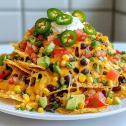 To make loaded veggie nachos, you need some key ingredients. Here’s what you’ll need: - 1 large bag of tortilla chips - 1 cup shredded cheddar cheese - 1 cup shredded pepper jack cheese - 1 can black beans, rinsed and drained - 1 cup corn kernels (fresh, canned, or frozen) - 1 medium red bell pepper, diced - 1 medium jalapeño, thinly sliced (optional) - 1 avocado, diced - 1 cup cherry tomatoes, halved - ½ cup green onions, sliced - ½ cup sour cream or dairy-free alternative - ¼ cup fresh cilantro, chopped - 2 tablespoons olive oil - Salt and pepper to taste These ingredients create a tasty mix of flavors and textures. The beans add protein, while the cheese gives that gooey goodness we all love. To enhance your nachos, you can add fun toppings. Here are some ideas: - Sliced black olives - Pickled jalapeños for heat - Diced red onions for crunch - Fresh lime juice for zest - Hot sauce for a spicy kick These toppings let you customize your nachos. Feel free to play with different options and find what suits your taste. Seasonings make your nachos pop with flavor. Here’s what I suggest: - Olive oil for a smooth finish - Ground cumin for warmth - Chili powder for depth - A pinch of garlic powder for extra flavor Drizzle olive oil over your veggie mix to keep it moist. Add the spices to bring out the best in your ingredients. These simple touches make a big difference in taste. {{ingredient_image_2}} First, gather all your ingredients. You will need a large bag of tortilla chips, shredded cheddar cheese, and shredded pepper jack cheese. Also, grab a can of black beans, corn kernels, and a medium red bell pepper. If you want some heat, get a jalapeño. Don't forget the avocado, cherry tomatoes, green onions, sour cream, fresh cilantro, olive oil, salt, and pepper. Next, preheat your oven to 400°F (200°C). This ensures your nachos bake evenly. Line a large baking sheet with parchment paper. This helps with easy cleanup and prevents sticking. Spread the tortilla chips evenly across the sheet. Make sure they do not overlap. This is key for even topping distribution. In a mixing bowl, combine the rinsed black beans, corn kernels, diced red bell pepper, and jalapeño if you choose to use it. Drizzle with olive oil and sprinkle in some salt and pepper. Toss the mixture well. You want every piece to be nicely coated. Now, gently spoon the bean and veggie mix over the tortilla chips. Spread it out evenly over the chips. This way, each bite will have flavor. Next, sprinkle the shredded cheddar and pepper jack cheeses generously on top. Make sure to cover everything. You want a gooey, cheesy layer when it bakes. Place the baking sheet in the preheated oven. Bake for about 10 to 12 minutes. You’ll know they’re ready when the cheese is melted and bubbly. Once done, carefully take the baking sheet out. Let the nachos cool for about 5 minutes. This helps prevent burns when you add the fresh toppings. Finally, top your nachos with diced avocado, halved cherry tomatoes, and sliced green onions. These add a nice crunch and freshness. Then, add dollops of sour cream or a dairy-free alternative. Finish by sprinkling with chopped fresh cilantro for a burst of flavor and color. Enjoy this tasty snack! To get cheese that melts well, use a mix of cheddar and pepper jack. These two cheeses melt nicely together. Spread the cheese evenly over your nachos. This helps all chips get the gooey goodness. Bake the nachos at 400°F for 10-12 minutes. Keep an eye on them to avoid burning. You want the cheese bubbly and golden, not brown. You can boost the health of your nachos easily. Add more veggies like corn, red bell peppers, and jalapeños. These add flavor and color. Black beans are a great source of protein. They help fill you up without extra fat. Use fresh toppings like avocado and tomatoes for added nutrients. If you want fewer calories, choose a lighter cheese or use less sour cream. Serve your nachos right on the baking sheet for a fun, casual vibe. This makes it easy for everyone to dig in. Add lime wedges on the side for a fresh twist. You can also serve salsa or guacamole for extra flavor. These pair nicely with the richness of the cheese. Don't forget to sprinkle cilantro on top for a pop of color and taste. Pro Tips Layer Wisely: For the best flavor and texture, layer your ingredients. Start with a base of chips, then add the bean mixture, followed by cheese, ensuring every chip gets a tasty topping. Customize Your Heat: Adjust the spice level by varying the amount of jalapeño or by using different types of peppers. You can also add slices of fresh chili for those who love heat! Make It Ahead: Prepare the bean and veggie mixture in advance and store it in the fridge. When ready to serve, assemble the nachos and bake for a quick and easy snack. Garnish for Freshness: Always add fresh toppings like avocado, tomatoes, and cilantro right before serving to maintain their vibrant colors and flavors. {{image_4}} You can switch up your veggie toppings for loaded nachos. Try adding: - Zucchini, sliced thin - Mushrooms, chopped - Spinach, fresh or sautéed - Olives, sliced for a briny kick - Red onion, diced for sharpness These options add texture and flavor. Feel free to mix and match based on what you have. Each choice brings its own twist to the dish. Adjust the heat based on your taste. For something spicy, add more jalapeños or use spicy cheese. For a mild version, stick with bell peppers and avoid hot peppers. You can also add: - Hot sauce before baking for extra heat - Mild salsa on top for flavor without spice This way, everyone can enjoy the nachos, no matter their spice level preference. If you want a dairy-free version, you have great options. Use dairy-free cheese instead of cheddar and pepper jack. For the sour cream, try: - Cashew cream for a rich texture - Coconut yogurt for a tangy flavor These swaps keep the nachos tasty and satisfying. You won’t miss the dairy at all! With these variations, you can make loaded veggie nachos that suit everyone’s taste and diet. Leftover nachos can be tricky. The chips get soggy when stored with toppings. To store them, first, separate the chips from the toppings. Place the chips in an airtight container. For the toppings, use another container. This keeps the chips crispy and the toppings fresh. Use them within two days for the best taste. To reheat nachos, avoid the microwave. It makes the chips soft. Instead, use the oven. Preheat the oven to 350°F (175°C). Spread the chips on a baking sheet. Add fresh toppings like cheese, beans, or veggies. Heat for about 10 minutes. This warms them up and keeps them crispy. Freezing nachos is not the best option. The chips can lose their crunch. However, you can freeze the toppings. Place them in a freezer bag or container. Use them within three months for the best flavor. When you want nachos, just bake fresh chips and add the thawed toppings. This keeps your snack fresh and tasty! Yes, you can prepare some parts ahead of time. Chop your veggies and store them in the fridge. You can also mix the beans and corn earlier. However, I recommend waiting to bake the nachos until you are ready to eat. This keeps the chips crispy and fresh. Look for sturdy tortilla chips. They should hold up under toppings. I prefer thin corn tortilla chips for a classic taste. You can also try baked tortilla chips for a lighter option. Just avoid chips that break easily. To make your nachos gluten-free, choose corn tortilla chips. Always check the label to ensure they are certified gluten-free. Most of the toppings, like cheese and veggies, are already gluten-free. Just be careful with any sauces or dips you add. Loaded veggie nachos are a fun and tasty choice for any meal. We explored essential ingredients, from toppings to seasonings, to boost flavor. The step-by-step instructions show how to prepare, assemble, and bake for the best results. I shared tips for perfect cheese and healthier options. We even covered variations and storage tips for leftovers. In the end, nachos offer endless ways to enjoy veggies. Whether spicy or mild, they can fit any taste or diet. Make them your own and enjoy every bite!