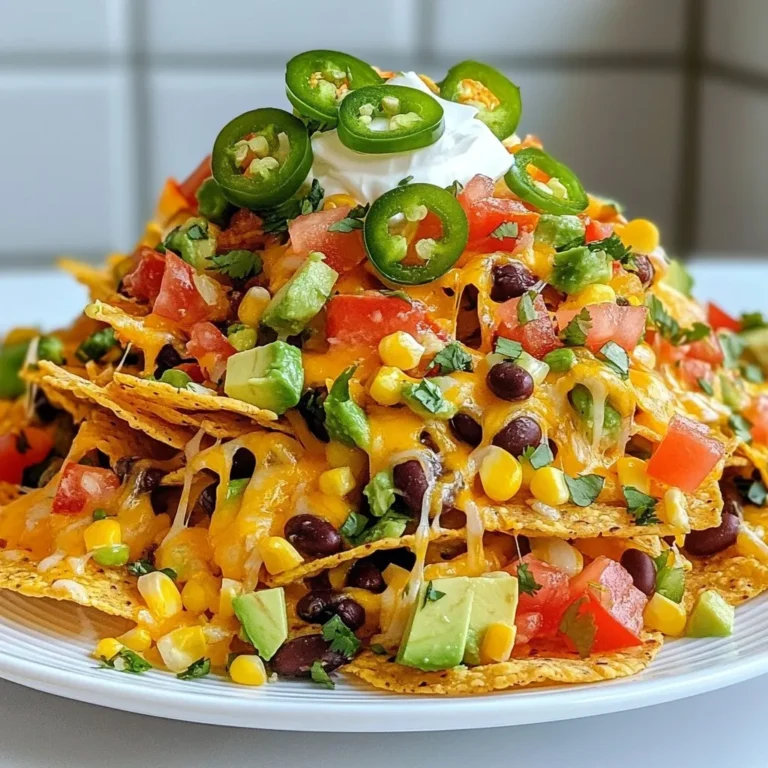 To make loaded veggie nachos, you need some key ingredients. Here’s what you’ll need: - 1 large bag of tortilla chips - 1 cup shredded cheddar cheese - 1 cup shredded pepper jack cheese - 1 can black beans, rinsed and drained - 1 cup corn kernels (fresh, canned, or frozen) - 1 medium red bell pepper, diced - 1 medium jalapeño, thinly sliced (optional) - 1 avocado, diced - 1 cup cherry tomatoes, halved - ½ cup green onions, sliced - ½ cup sour cream or dairy-free alternative - ¼ cup fresh cilantro, chopped - 2 tablespoons olive oil - Salt and pepper to taste These ingredients create a tasty mix of flavors and textures. The beans add protein, while the cheese gives that gooey goodness we all love. To enhance your nachos, you can add fun toppings. Here are some ideas: - Sliced black olives - Pickled jalapeños for heat - Diced red onions for crunch - Fresh lime juice for zest - Hot sauce for a spicy kick These toppings let you customize your nachos. Feel free to play with different options and find what suits your taste. Seasonings make your nachos pop with flavor. Here’s what I suggest: - Olive oil for a smooth finish - Ground cumin for warmth - Chili powder for depth - A pinch of garlic powder for extra flavor Drizzle olive oil over your veggie mix to keep it moist. Add the spices to bring out the best in your ingredients. These simple touches make a big difference in taste. {{ingredient_image_2}} First, gather all your ingredients. You will need a large bag of tortilla chips, shredded cheddar cheese, and shredded pepper jack cheese. Also, grab a can of black beans, corn kernels, and a medium red bell pepper. If you want some heat, get a jalapeño. Don't forget the avocado, cherry tomatoes, green onions, sour cream, fresh cilantro, olive oil, salt, and pepper. Next, preheat your oven to 400°F (200°C). This ensures your nachos bake evenly. Line a large baking sheet with parchment paper. This helps with easy cleanup and prevents sticking. Spread the tortilla chips evenly across the sheet. Make sure they do not overlap. This is key for even topping distribution. In a mixing bowl, combine the rinsed black beans, corn kernels, diced red bell pepper, and jalapeño if you choose to use it. Drizzle with olive oil and sprinkle in some salt and pepper. Toss the mixture well. You want every piece to be nicely coated. Now, gently spoon the bean and veggie mix over the tortilla chips. Spread it out evenly over the chips. This way, each bite will have flavor. Next, sprinkle the shredded cheddar and pepper jack cheeses generously on top. Make sure to cover everything. You want a gooey, cheesy layer when it bakes. Place the baking sheet in the preheated oven. Bake for about 10 to 12 minutes. You’ll know they’re ready when the cheese is melted and bubbly. Once done, carefully take the baking sheet out. Let the nachos cool for about 5 minutes. This helps prevent burns when you add the fresh toppings. Finally, top your nachos with diced avocado, halved cherry tomatoes, and sliced green onions. These add a nice crunch and freshness. Then, add dollops of sour cream or a dairy-free alternative. Finish by sprinkling with chopped fresh cilantro for a burst of flavor and color. Enjoy this tasty snack! To get cheese that melts well, use a mix of cheddar and pepper jack. These two cheeses melt nicely together. Spread the cheese evenly over your nachos. This helps all chips get the gooey goodness. Bake the nachos at 400°F for 10-12 minutes. Keep an eye on them to avoid burning. You want the cheese bubbly and golden, not brown. You can boost the health of your nachos easily. Add more veggies like corn, red bell peppers, and jalapeños. These add flavor and color. Black beans are a great source of protein. They help fill you up without extra fat. Use fresh toppings like avocado and tomatoes for added nutrients. If you want fewer calories, choose a lighter cheese or use less sour cream. Serve your nachos right on the baking sheet for a fun, casual vibe. This makes it easy for everyone to dig in. Add lime wedges on the side for a fresh twist. You can also serve salsa or guacamole for extra flavor. These pair nicely with the richness of the cheese. Don't forget to sprinkle cilantro on top for a pop of color and taste. Pro Tips Layer Wisely: For the best flavor and texture, layer your ingredients. Start with a base of chips, then add the bean mixture, followed by cheese, ensuring every chip gets a tasty topping. Customize Your Heat: Adjust the spice level by varying the amount of jalapeño or by using different types of peppers. You can also add slices of fresh chili for those who love heat! Make It Ahead: Prepare the bean and veggie mixture in advance and store it in the fridge. When ready to serve, assemble the nachos and bake for a quick and easy snack. Garnish for Freshness: Always add fresh toppings like avocado, tomatoes, and cilantro right before serving to maintain their vibrant colors and flavors. {{image_4}} You can switch up your veggie toppings for loaded nachos. Try adding: - Zucchini, sliced thin - Mushrooms, chopped - Spinach, fresh or sautéed - Olives, sliced for a briny kick - Red onion, diced for sharpness These options add texture and flavor. Feel free to mix and match based on what you have. Each choice brings its own twist to the dish. Adjust the heat based on your taste. For something spicy, add more jalapeños or use spicy cheese. For a mild version, stick with bell peppers and avoid hot peppers. You can also add: - Hot sauce before baking for extra heat - Mild salsa on top for flavor without spice This way, everyone can enjoy the nachos, no matter their spice level preference. If you want a dairy-free version, you have great options. Use dairy-free cheese instead of cheddar and pepper jack. For the sour cream, try: - Cashew cream for a rich texture - Coconut yogurt for a tangy flavor These swaps keep the nachos tasty and satisfying. You won’t miss the dairy at all! With these variations, you can make loaded veggie nachos that suit everyone’s taste and diet. Leftover nachos can be tricky. The chips get soggy when stored with toppings. To store them, first, separate the chips from the toppings. Place the chips in an airtight container. For the toppings, use another container. This keeps the chips crispy and the toppings fresh. Use them within two days for the best taste. To reheat nachos, avoid the microwave. It makes the chips soft. Instead, use the oven. Preheat the oven to 350°F (175°C). Spread the chips on a baking sheet. Add fresh toppings like cheese, beans, or veggies. Heat for about 10 minutes. This warms them up and keeps them crispy. Freezing nachos is not the best option. The chips can lose their crunch. However, you can freeze the toppings. Place them in a freezer bag or container. Use them within three months for the best flavor. When you want nachos, just bake fresh chips and add the thawed toppings. This keeps your snack fresh and tasty! Yes, you can prepare some parts ahead of time. Chop your veggies and store them in the fridge. You can also mix the beans and corn earlier. However, I recommend waiting to bake the nachos until you are ready to eat. This keeps the chips crispy and fresh. Look for sturdy tortilla chips. They should hold up under toppings. I prefer thin corn tortilla chips for a classic taste. You can also try baked tortilla chips for a lighter option. Just avoid chips that break easily. To make your nachos gluten-free, choose corn tortilla chips. Always check the label to ensure they are certified gluten-free. Most of the toppings, like cheese and veggies, are already gluten-free. Just be careful with any sauces or dips you add. Loaded veggie nachos are a fun and tasty choice for any meal. We explored essential ingredients, from toppings to seasonings, to boost flavor. The step-by-step instructions show how to prepare, assemble, and bake for the best results. I shared tips for perfect cheese and healthier options. We even covered variations and storage tips for leftovers. In the end, nachos offer endless ways to enjoy veggies. Whether spicy or mild, they can fit any taste or diet. Make them your own and enjoy every bite!