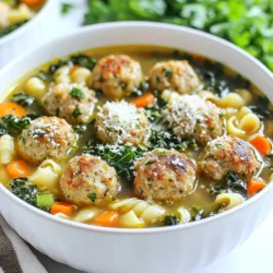 To make a cozy bowl of Italian Wedding Soup, you need the following ingredients: - 1 pound ground turkey or chicken - 1/2 cup breadcrumbs - 1/4 cup finely grated Parmesan cheese - 1 large egg, beaten - 2 cloves garlic, minced - 1 teaspoon Italian seasoning - Salt and freshly ground pepper to taste - 8 cups low-sodium chicken broth - 2 cups chopped kale or baby spinach - 1 cup diced carrots (about 2 medium-sized) - 1 cup diced celery (about 2 stalks) - 1 small onion, finely chopped - 1 cup small pasta (such as acini di pepe or orzo) - Additional Parmesan cheese for serving - Fresh parsley, finely chopped, for garnish You can swap ground turkey or chicken with other meats. Try ground beef or pork for a richer flavor. If you want a lighter option, use ground chicken. For a vegetarian twist, consider using lentils or chickpeas. These options still give you a satisfying bite without losing the soup's charm. Herbs and spices add great flavor to your soup. Fresh parsley brightens each bowl. You can also add fresh basil for a sweet touch. Thyme and oregano work well too. For a kick, sprinkle in some red pepper flakes. This soup is all about balance, so feel free to experiment with what you like! {{ingredient_image_2}} To start, grab a large mixing bowl. Add 1 pound of ground turkey or chicken. Then, mix in 1/2 cup of breadcrumbs and 1/4 cup of finely grated Parmesan cheese. Crack in 1 large beaten egg, and add 2 cloves of minced garlic. Sprinkle in 1 teaspoon of Italian seasoning. Season with salt and freshly ground pepper to taste. Now, use your hands to mix everything gently. Be careful not to overmix. After mixing, shape the mixture into small meatballs about 1 inch wide. Place them on a plate and set them aside. Next, take a large pot and heat a drizzle of olive oil over medium heat. Once the oil is warm, add 1 finely chopped onion, 1 cup of diced carrots, and 1 cup of diced celery. Stir the vegetables occasionally. Sauté them until they soften and the onion turns translucent, which takes about 5 to 7 minutes. This step builds a great base for your soup. Now, pour in 8 cups of low-sodium chicken broth. Bring this mixture to a gentle boil. Once boiling, carefully add the meatballs you prepared earlier. Reduce the heat to low and let it simmer. Cook the meatballs in the broth for about 10 minutes, until they are fully cooked. Then, stir in 2 cups of chopped kale or baby spinach and 1 cup of small pasta, like acini di pepe or orzo. Continue to simmer for another 5 to 7 minutes. The pasta should be al dente, and the greens wilted. Taste the soup and adjust the seasoning if needed. Finally, serve the soup hot, garnishing each bowl with fresh chopped parsley and an extra sprinkle of Parmesan cheese. Enjoy! To shape meatballs, start with clean hands. Take a small amount of the meat mixture. Roll it gently into a ball, about one inch wide. Make sure to keep them even in size for even cooking. Avoid packing the meat too tight; this keeps them tender. If the mixture is sticky, wet your hands with a bit of water. This helps prevent sticking and makes shaping easier. If your soup is too thick, add more chicken broth or water. Stir it in slowly until you reach the desired thickness. For a heartier texture, let it simmer longer to blend the flavors. If it's too thin, let it cook uncovered for a few minutes. This allows some liquid to evaporate, thickening the soup naturally. Remember to taste as you adjust, ensuring the flavors remain balanced. To kick up the flavor, try adding fresh herbs like basil or thyme. A squeeze of lemon juice adds brightness and depth. You can also add a pinch of red pepper flakes for some heat. Use high-quality chicken broth for the best taste. Finally, don’t skip the extra Parmesan cheese on top. It brings a rich, savory note that enhances the whole dish. Enjoy exploring these tips for a delicious bowl of comfort! Pro Tips Use Fresh Herbs: Fresh parsley not only enhances the flavor but also adds brightness to your soup. Consider adding a squeeze of lemon for extra zest. Make-Ahead Meatballs: Prepare the meatballs a day in advance and refrigerate them. This allows the flavors to meld and saves you time on the day of serving. Customize Your Greens: Feel free to substitute kale or spinach with other greens like Swiss chard or collard greens for a different taste and texture. Control the Broth Flavor: Use low-sodium chicken broth as a base and adjust the seasoning as needed to ensure a balanced flavor profile in your soup. {{image_4}} You can create a vegetarian version of this soup. Start by swapping the meat for plant-based protein. I recommend using cooked lentils or chickpeas. These give a nice texture and protein boost. Keep the breadcrumbs and Parmesan cheese, but use a vegetarian option for the cheese. For broth, choose vegetable broth. The flavors from the veggies will still shine through. Different regions in Italy have unique takes on this soup. In some areas, you might find different greens, like Swiss chard or even cabbage. Others may add beans for more protein. Some regions prefer a richer broth, adding more spices. Feel free to adjust based on what you have or like best. This soup is all about personal taste. You don’t need to stick to just one type of pasta. While acini di pepe or orzo are classic choices, you can use any small pasta you love. Try ditalini, tubetti, or even whole wheat pasta. Each will change the soup’s texture a bit but will still taste great. Experiment and find your favorite! To store leftover soup, let it cool first. Then, pour it into an airtight container. Seal it well to keep out air. You can store it in the fridge for up to three days. Always label your container with the date. This helps you track freshness. If you want to freeze the soup, use a freezer-safe container. Leave some space at the top. Soup expands when frozen. You can freeze it for up to three months. When ready to eat, thaw it overnight in the fridge. This helps keep the texture nice. To reheat, pour the soup into a pot. Warm it over medium heat. Stir often to avoid sticking. If it's too thick, add a splash of broth or water. For microwave reheating, use a microwave-safe bowl. Heat in short intervals, stirring in between. Enjoy your warm, cozy soup! Italian Wedding Soup does not come from weddings. It began in Italy, where families made it for special occasions. The name "wedding" comes from the word "wedded." It means a blend of flavors from meat and greens. This soup brings together many tastes, creating a warm and cozy meal. Yes! You can use many veggies. Try zucchini, peas, or even bell peppers. Just chop them small so they cook well. The key is to keep the balance of flavors in the soup. Feel free to mix what you have at home to make it your own. To boost nutrition, add beans or lentils. They add protein and fiber. You can also increase the greens. Try adding more kale or spinach. These greens are full of vitamins. A squeeze of lemon juice at the end adds a fresh taste and extra nutrition. Absolutely! You can make the meatballs a day ahead. Just store them in the fridge. When you're ready to cook, add them to the soup. This saves you time and allows the flavors to blend well. You can also freeze them for later use. Crusty bread is the best choice. A nice Italian loaf, ciabatta, or even garlic bread works great. The bread soaks up the broth and adds texture. Serve it on the side for a complete meal. Enjoy dipping it into the soup for a tasty treat! This article covers essential ingredients and tips for making Italian Wedding Soup. You learned about substitutions for ground meat and how to shape perfect meatballs. We explored variations, including vegetarian options, and discussed how to store leftovers. Italian Wedding Soup is versatile and can suit your tastes. With practice, you can create a delicious meal that friends and family will love. Enjoy your cooking journey!