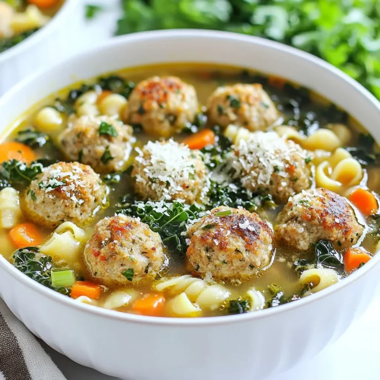 To make a cozy bowl of Italian Wedding Soup, you need the following ingredients: - 1 pound ground turkey or chicken - 1/2 cup breadcrumbs - 1/4 cup finely grated Parmesan cheese - 1 large egg, beaten - 2 cloves garlic, minced - 1 teaspoon Italian seasoning - Salt and freshly ground pepper to taste - 8 cups low-sodium chicken broth - 2 cups chopped kale or baby spinach - 1 cup diced carrots (about 2 medium-sized) - 1 cup diced celery (about 2 stalks) - 1 small onion, finely chopped - 1 cup small pasta (such as acini di pepe or orzo) - Additional Parmesan cheese for serving - Fresh parsley, finely chopped, for garnish You can swap ground turkey or chicken with other meats. Try ground beef or pork for a richer flavor. If you want a lighter option, use ground chicken. For a vegetarian twist, consider using lentils or chickpeas. These options still give you a satisfying bite without losing the soup's charm. Herbs and spices add great flavor to your soup. Fresh parsley brightens each bowl. You can also add fresh basil for a sweet touch. Thyme and oregano work well too. For a kick, sprinkle in some red pepper flakes. This soup is all about balance, so feel free to experiment with what you like! {{ingredient_image_2}} To start, grab a large mixing bowl. Add 1 pound of ground turkey or chicken. Then, mix in 1/2 cup of breadcrumbs and 1/4 cup of finely grated Parmesan cheese. Crack in 1 large beaten egg, and add 2 cloves of minced garlic. Sprinkle in 1 teaspoon of Italian seasoning. Season with salt and freshly ground pepper to taste. Now, use your hands to mix everything gently. Be careful not to overmix. After mixing, shape the mixture into small meatballs about 1 inch wide. Place them on a plate and set them aside. Next, take a large pot and heat a drizzle of olive oil over medium heat. Once the oil is warm, add 1 finely chopped onion, 1 cup of diced carrots, and 1 cup of diced celery. Stir the vegetables occasionally. Sauté them until they soften and the onion turns translucent, which takes about 5 to 7 minutes. This step builds a great base for your soup. Now, pour in 8 cups of low-sodium chicken broth. Bring this mixture to a gentle boil. Once boiling, carefully add the meatballs you prepared earlier. Reduce the heat to low and let it simmer. Cook the meatballs in the broth for about 10 minutes, until they are fully cooked. Then, stir in 2 cups of chopped kale or baby spinach and 1 cup of small pasta, like acini di pepe or orzo. Continue to simmer for another 5 to 7 minutes. The pasta should be al dente, and the greens wilted. Taste the soup and adjust the seasoning if needed. Finally, serve the soup hot, garnishing each bowl with fresh chopped parsley and an extra sprinkle of Parmesan cheese. Enjoy! To shape meatballs, start with clean hands. Take a small amount of the meat mixture. Roll it gently into a ball, about one inch wide. Make sure to keep them even in size for even cooking. Avoid packing the meat too tight; this keeps them tender. If the mixture is sticky, wet your hands with a bit of water. This helps prevent sticking and makes shaping easier. If your soup is too thick, add more chicken broth or water. Stir it in slowly until you reach the desired thickness. For a heartier texture, let it simmer longer to blend the flavors. If it's too thin, let it cook uncovered for a few minutes. This allows some liquid to evaporate, thickening the soup naturally. Remember to taste as you adjust, ensuring the flavors remain balanced. To kick up the flavor, try adding fresh herbs like basil or thyme. A squeeze of lemon juice adds brightness and depth. You can also add a pinch of red pepper flakes for some heat. Use high-quality chicken broth for the best taste. Finally, don’t skip the extra Parmesan cheese on top. It brings a rich, savory note that enhances the whole dish. Enjoy exploring these tips for a delicious bowl of comfort! Pro Tips Use Fresh Herbs: Fresh parsley not only enhances the flavor but also adds brightness to your soup. Consider adding a squeeze of lemon for extra zest. Make-Ahead Meatballs: Prepare the meatballs a day in advance and refrigerate them. This allows the flavors to meld and saves you time on the day of serving. Customize Your Greens: Feel free to substitute kale or spinach with other greens like Swiss chard or collard greens for a different taste and texture. Control the Broth Flavor: Use low-sodium chicken broth as a base and adjust the seasoning as needed to ensure a balanced flavor profile in your soup. {{image_4}} You can create a vegetarian version of this soup. Start by swapping the meat for plant-based protein. I recommend using cooked lentils or chickpeas. These give a nice texture and protein boost. Keep the breadcrumbs and Parmesan cheese, but use a vegetarian option for the cheese. For broth, choose vegetable broth. The flavors from the veggies will still shine through. Different regions in Italy have unique takes on this soup. In some areas, you might find different greens, like Swiss chard or even cabbage. Others may add beans for more protein. Some regions prefer a richer broth, adding more spices. Feel free to adjust based on what you have or like best. This soup is all about personal taste. You don’t need to stick to just one type of pasta. While acini di pepe or orzo are classic choices, you can use any small pasta you love. Try ditalini, tubetti, or even whole wheat pasta. Each will change the soup’s texture a bit but will still taste great. Experiment and find your favorite! To store leftover soup, let it cool first. Then, pour it into an airtight container. Seal it well to keep out air. You can store it in the fridge for up to three days. Always label your container with the date. This helps you track freshness. If you want to freeze the soup, use a freezer-safe container. Leave some space at the top. Soup expands when frozen. You can freeze it for up to three months. When ready to eat, thaw it overnight in the fridge. This helps keep the texture nice. To reheat, pour the soup into a pot. Warm it over medium heat. Stir often to avoid sticking. If it's too thick, add a splash of broth or water. For microwave reheating, use a microwave-safe bowl. Heat in short intervals, stirring in between. Enjoy your warm, cozy soup! Italian Wedding Soup does not come from weddings. It began in Italy, where families made it for special occasions. The name "wedding" comes from the word "wedded." It means a blend of flavors from meat and greens. This soup brings together many tastes, creating a warm and cozy meal. Yes! You can use many veggies. Try zucchini, peas, or even bell peppers. Just chop them small so they cook well. The key is to keep the balance of flavors in the soup. Feel free to mix what you have at home to make it your own. To boost nutrition, add beans or lentils. They add protein and fiber. You can also increase the greens. Try adding more kale or spinach. These greens are full of vitamins. A squeeze of lemon juice at the end adds a fresh taste and extra nutrition. Absolutely! You can make the meatballs a day ahead. Just store them in the fridge. When you're ready to cook, add them to the soup. This saves you time and allows the flavors to blend well. You can also freeze them for later use. Crusty bread is the best choice. A nice Italian loaf, ciabatta, or even garlic bread works great. The bread soaks up the broth and adds texture. Serve it on the side for a complete meal. Enjoy dipping it into the soup for a tasty treat! This article covers essential ingredients and tips for making Italian Wedding Soup. You learned about substitutions for ground meat and how to shape perfect meatballs. We explored variations, including vegetarian options, and discussed how to store leftovers. Italian Wedding Soup is versatile and can suit your tastes. With practice, you can create a delicious meal that friends and family will love. Enjoy your cooking journey!