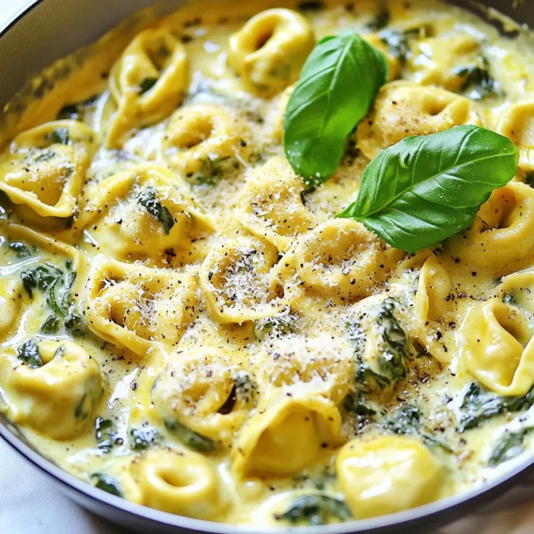- 9 oz fresh cheese-filled tortellini - 2 cups fresh spinach, roughly chopped - 1 cup heavy cream - 1 tablespoon olive oil - 2 cloves garlic, minced - 1 teaspoon Italian seasoning - 1/2 cup grated Parmesan cheese - Salt and pepper - Red pepper flakes - Fresh basil leaves for garnish The main ingredients in this creamy spinach tortellini skillet shine with flavor. The fresh cheese-filled tortellini adds a delightful texture. I like to use fresh spinach for its bright color and nutrition. The heavy cream is key to making the dish rich and satisfying. Next, the additional ingredients enhance the meal's taste. Olive oil starts the cooking process, adding a smooth base. Garlic adds depth and warmth, so I never skip it. Italian seasoning brings a mix of herbs that makes each bite flavorful. Don't forget the Parmesan cheese; it adds a nice salty finish. For those who like more flavor, consider the optional ingredients. Salt and pepper help you adjust the taste to your liking. Red pepper flakes can add an exciting kick, making the dish even more fun. Fresh basil leaves make a lovely garnish, bringing a pop of color and freshness to the plate. Gather these ingredients, and you are ready to create a quick and easy meal that you will love! {{ingredient_image_2}} To start, bring a large pot of salted water to a boil. Use about one tablespoon of salt for each quart of water. Once the water is boiling, add 9 oz of fresh cheese-filled tortellini. Cook them for 3-5 minutes or until they are al dente. Once done, drain the tortellini in a colander and set them aside. Next, heat 1 tablespoon of olive oil in a large skillet over medium heat. Make sure the oil shimmers before adding 2 minced cloves of garlic. Sauté the garlic for about 1 minute. Stir it often to keep it from burning. Burnt garlic can ruin the dish's flavor. Now, pour in 1 cup of heavy cream into the skillet. Stir to mix it well, then bring the cream to a gentle simmer. Add 2 cups of roughly chopped spinach to the skillet. Cook for 2-3 minutes while stirring. This helps the spinach wilt and brighten up in color. After the spinach wilts, stir in 1 teaspoon of Italian seasoning. Now, add salt and pepper to taste. If you like heat, sprinkle in some red pepper flakes. Let the sauce simmer for another 2 minutes while stirring. Then, add the drained tortellini into the creamy sauce. Toss them gently to coat evenly. Gradually sprinkle in 1/2 cup of grated Parmesan cheese until it melts into the sauce. If the sauce is too thick, add a tablespoon or two of reserved pasta water. This will help get the right texture. Taste the dish and adjust the seasoning. You can add more salt, pepper, or red pepper flakes if you want. Once everything is mixed well, you're ready to serve! You can pick between fresh or frozen tortellini. Fresh tortellini cooks fast and tastes great. It gives a nice bite and holds sauce well. Frozen tortellini is handy when you want a quick meal. It lasts longer in your freezer and is still tasty. Just follow the package instructions for cooking time. Either choice is good for this creamy dish. Don't be afraid to play with flavors! Add fresh herbs like basil or parsley for a burst of taste. You can also try spices like garlic powder or onion powder for depth. A squeeze of lemon juice can brighten the dish, too. For heat, consider adding crushed red pepper flakes. Each twist makes the dish unique and fun to enjoy. Gentle simmering is key for your sauce. It helps the cream blend well with the spinach. High heat can burn the cream and ruin the flavor. Stir often to mix the ingredients without splattering. If the sauce gets too thick, you can add a bit of pasta water. This keeps the sauce smooth and creamy, making your dish delightful. Pro Tips Use Fresh Ingredients: Fresh cheese-filled tortellini and spinach will elevate the dish's flavor and texture. Whenever possible, opt for high-quality, fresh ingredients for the best results. Adjust Creaminess: If you prefer a lighter sauce, you can substitute half of the heavy cream with chicken or vegetable broth. This will maintain flavor while reducing the richness. Perfect Pasta Cooking: Be sure not to overcook the tortellini. They should be al dente when you add them to the sauce, as they will continue to cook slightly when combined. Garnish for Flavor: Adding fresh basil not only enhances the dish visually but also adds a burst of fresh flavor. Consider also adding a squeeze of lemon juice for brightness. {{image_4}} You can add protein to your creamy spinach tortellini to make it heartier. Try chicken, shrimp, or tofu. - Chicken: Cook diced chicken breast in the skillet before adding garlic. This gives a nice flavor. - Shrimp: Sauté shrimp until pink and tender. Toss them in just before adding the tortellini. - Tofu: Use firm tofu. Press, cube, and sauté until golden. Mix it in with the cream and spinach. You may want to adjust this dish for special diets. Making it gluten-free or vegan is easy. - Gluten-Free: Swap regular tortellini for gluten-free options. Check labels to ensure they fit. - Vegan: Use plant-based cream and cheese. You can find great vegan substitutes at most stores. Adding new flavors can make this dish exciting. Here are some tasty options. - Sun-Dried Tomatoes: Chop and stir them in with the spinach. They add a rich, tangy taste. - Mushrooms: Sauté sliced mushrooms after the garlic. They add a nice earthiness to the dish. Feel free to mix and match these ideas to create your own tasty version! To keep your creamy spinach tortellini fresh, store leftovers in an airtight container. Make sure the dish has cooled down before sealing it. Place it in the refrigerator. This will keep the pasta and sauce from drying out. Your dish will stay good for about 3 to 4 days. When you're ready to enjoy your leftovers, reheat them gently. Use a skillet over low heat for the best results. Add a splash of cream or water to keep the sauce smooth. Stir often to prevent sticking. You can also use a microwave. Heat in short bursts, stirring in between until hot. If you want to freeze your creamy spinach tortellini, use a freezer-safe container. Let the dish cool completely before freezing. It will keep well for about 2 to 3 months. Thaw it overnight in the fridge before reheating. Note that the texture may change slightly after freezing, but it will still taste great. Yes, you can use frozen tortellini for this recipe. Just cook it according to the package instructions. This usually takes a bit longer than fresh tortellini. Follow these tips for best results: - Boil water: Start with a large pot of salted water. - Add frozen tortellini: Place the frozen tortellini in the boiling water. - Cook longer: Expect to boil it for about 5-7 minutes. - Check doneness: Taste one to ensure it is cooked through. Using frozen tortellini is a great time-saver. It still tastes delicious! To add some heat, you can include red pepper flakes. Here are other spice options: - Cayenne pepper: A small pinch boosts the heat. - Hot sauce: Drizzle some into the creamy sauce. - Chili powder: This adds warmth without overpowering. Start with a small amount and taste as you go. Adjust to your heat preference! This dish pairs well with many sides. Consider these options: - Garlic bread: Perfect for soaking up the creamy sauce. - Side salad: A fresh mix of greens balances the richness. - Steamed veggies: Broccoli or asparagus add a healthy touch. These sides create a complete meal that everyone will enjoy! Creamy Spinach Tortellini lasts in the fridge for about 3-4 days. Here are some storage tips: - Cool down: Let the dish cool to room temperature before storing. - Use airtight containers: This keeps it fresh and prevents odors. - Reheat carefully: Warm it on low heat, adding a splash of cream if needed. Always check for any off smells or changes before eating leftovers. Enjoy your meal! In this post, we explored how to make a delicious creamy spinach tortellini dish. We covered main and optional ingredients, step-by-step cooking methods, and tips to enhance your meal. You can also add proteins or adjust for dietary needs. Remember to store leftovers properly and reheat them well. This dish is easy to adapt and perfect for any occasion. Enjoy your cooking, and don’t be afraid to try new flavors. Your taste buds will thank you!