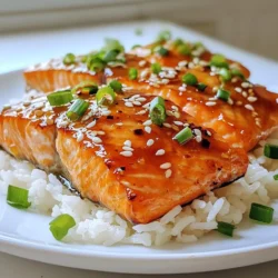 To make this tasty dish, you will need the following: - 4 salmon fillets (approximately 6 oz each) - 1/4 cup pure honey - 2 tablespoons Sriracha sauce - 2 tablespoons low-sodium soy sauce - 1 tablespoon fresh lime juice - 2 tablespoons extra-virgin olive oil - 2 garlic cloves, finely minced - Sea salt and freshly cracked black pepper, to taste - Toasted sesame seeds (for garnish) - Finely chopped green onions (for garnish) If you want to switch things up, try these options: - For the salmon, you can use trout or cod. - Maple syrup can replace honey for a different flavor. - Use chili paste instead of Sriracha for more heat. - Tamari is a good substitute for soy sauce if you need it gluten-free. - Fresh ginger can add a nice zing along with garlic. Choosing great salmon is key for this recipe. Here are my tips: - Look for bright, vibrant color. Fresh salmon should not look dull. - Check for firmness; it should bounce back when you press it. - Smell the fish. It should smell fresh, not fishy. - If possible, buy wild-caught salmon for better flavor and health. - Ask your fishmonger for recommendations on the freshest catch available. {{ingredient_image_2}} First, grab a medium bowl. You will need this for the glaze. Add 1/4 cup of pure honey to the bowl. Next, pour in 2 tablespoons of Sriracha sauce. This will give your glaze a nice kick. Then, add 2 tablespoons of low-sodium soy sauce for saltiness. Squeeze in 1 tablespoon of fresh lime juice for a zesty flavor. Toss in 2 minced garlic cloves for added depth. Finally, drizzle in 2 tablespoons of extra-virgin olive oil. Season with a pinch of sea salt and freshly cracked black pepper. Whisk everything together until it is smooth. Now, let’s get to the salmon. Place 4 salmon fillets in a shallow dish. Pour half of the prepared glaze over the salmon. Make sure each fillet gets coated well. This helps the salmon soak up all those yummy flavors. Set the rest of the glaze aside for later. Cover the dish and pop it in the fridge. Let it marinate for at least 20 minutes. This step is key for tasty salmon. You can cook the salmon in two ways: grilling or baking. If you choose to grill, preheat your grill to 400°F (200°C). Lightly oil the grill grates to prevent sticking. For baking, preheat your oven to the same temperature. Line a baking sheet with parchment paper. After marinating, take the salmon out of the fridge. Allow any extra glaze to drip off. If grilling, place the salmon on the hot grill. Cook for about 5-6 minutes on each side. The salmon is done when it turns opaque and flakes easily with a fork. If you prefer baking, place the fillets on the prepared baking sheet. Bake for 12-15 minutes. In the last few minutes, brush the salmon with the reserved glaze. This gives it a glossy finish. When done, let the salmon rest for a few minutes before serving. Enjoy this delicious dish! To cook salmon just right, aim for a temperature of 145°F (63°C). Use a meat thermometer to check. Salmon should be opaque and flake easily with a fork. If you grill, cook it for about 5-6 minutes on each side. For baking, set your oven to 400°F (200°C) and cook for 12-15 minutes. Let it rest for a few minutes after cooking. This keeps it juicy and tender. You can boost the flavor of your honey Sriracha glazed salmon by adding fresh herbs. Cilantro or basil works well. You might also try a splash of orange juice for a nice twist. If you enjoy more heat, toss in some red pepper flakes. These tweaks make the dish even more exciting. Serve your salmon on a bed of fluffy jasmine rice or quinoa. This base soaks up the glaze nicely. Drizzle any leftover glaze over the top for extra flavor. Garnish with toasted sesame seeds and chopped green onions. A side of steamed veggies or a fresh salad pairs well too. This creates a colorful and tasty meal. Pro Tips Marinate for Maximum Flavor: Allow the salmon to marinate for at least 20 minutes, but for even better results, consider marinating for up to an hour to enhance the flavor absorption. Check Doneness with Precision: Use a fork to gently flake the salmon; if it flakes easily and is opaque in the center, it's perfectly cooked. This method helps avoid overcooking. Customize the Heat Level: Adjust the amount of Sriracha according to your preference. For a milder glaze, reduce Sriracha; for more spice, add a touch more. Presentation Matters: For a stunning presentation, serve the salmon on a bed of fluffy jasmine rice or quinoa, garnished with sesame seeds and green onions to create visual appeal. {{image_4}} To spice things up, add more Sriracha to the glaze. You can even mix in some chili flakes for extra heat. This variation is perfect if you love bold flavors. The sweet honey balances the heat, making each bite exciting. For a fun twist, turn your salmon into a bowl meal. Start with a base of jasmine rice or quinoa. Add your cooked salmon on top, then drizzle with the remaining glaze. Top it off with fresh veggies like cucumbers, carrots, and avocado. This makes a colorful and filling meal. You can use chicken breasts or tofu instead of salmon. For chicken, cook it until it reaches 165°F (74°C). Tofu needs to be pressed and cut into cubes. Marinate it just like the salmon. Both options will soak up the glaze well. They offer a great alternative for those who prefer different proteins. To keep your honey Sriracha glazed salmon fresh, follow these simple steps: - Allow the salmon to cool completely. - Place it in an airtight container. - Store it in the fridge for up to three days. This method helps maintain taste and texture. When reheating, keep the salmon juicy and flavorful by: - Preheating your oven to 350°F (175°C). - Placing the salmon on a baking sheet. - Covering it with foil to prevent drying out. - Heating for about 10 minutes. Alternatively, you can reheat in a skillet over low heat, flipping gently. If you want to freeze the salmon, follow these steps: - Wrap each fillet tightly in plastic wrap. - Place the wrapped fillets in a freezer bag. - Remove as much air as possible before sealing. You can freeze the salmon for up to three months. Thaw it in the fridge overnight before reheating. This keeps the salmon tasty and safe. Yes, you can use other fish. Cod, trout, or tilapia work well. Each type will bring a different taste. Choose fish that cooks well and is easy to find. Just keep in mind that thicker fish may need longer cooking times. To change the spice level, tweak the Sriracha. Add less for a milder flavor. You can also mix in a bit of honey to balance the heat. If you like it spicier, add more Sriracha or some red pepper flakes. Taste as you go to find your perfect balance. Many side dishes go great with this salmon. Here are some ideas: - Fluffy jasmine rice - Quinoa with herbs - Steamed broccoli or green beans - A fresh garden salad - Roasted sweet potatoes These sides complement the flavors and add color to your plate. Try a mix of them for a tasty meal. In this blog post, we explored how to make delicious Honey Sriracha Glazed Salmon. We covered the key ingredients, prep steps, and cooking methods. You learned tips for great salmon and tasty serving ideas. We also discussed fun variations and how to store leftovers. Embrace this easy recipe and get creative. You can impress anyone with tasty meals while keeping it simple. Enjoy your cooking adventure!