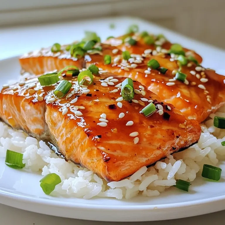 To make this tasty dish, you will need the following: - 4 salmon fillets (approximately 6 oz each) - 1/4 cup pure honey - 2 tablespoons Sriracha sauce - 2 tablespoons low-sodium soy sauce - 1 tablespoon fresh lime juice - 2 tablespoons extra-virgin olive oil - 2 garlic cloves, finely minced - Sea salt and freshly cracked black pepper, to taste - Toasted sesame seeds (for garnish) - Finely chopped green onions (for garnish) If you want to switch things up, try these options: - For the salmon, you can use trout or cod. - Maple syrup can replace honey for a different flavor. - Use chili paste instead of Sriracha for more heat. - Tamari is a good substitute for soy sauce if you need it gluten-free. - Fresh ginger can add a nice zing along with garlic. Choosing great salmon is key for this recipe. Here are my tips: - Look for bright, vibrant color. Fresh salmon should not look dull. - Check for firmness; it should bounce back when you press it. - Smell the fish. It should smell fresh, not fishy. - If possible, buy wild-caught salmon for better flavor and health. - Ask your fishmonger for recommendations on the freshest catch available. {{ingredient_image_2}} First, grab a medium bowl. You will need this for the glaze. Add 1/4 cup of pure honey to the bowl. Next, pour in 2 tablespoons of Sriracha sauce. This will give your glaze a nice kick. Then, add 2 tablespoons of low-sodium soy sauce for saltiness. Squeeze in 1 tablespoon of fresh lime juice for a zesty flavor. Toss in 2 minced garlic cloves for added depth. Finally, drizzle in 2 tablespoons of extra-virgin olive oil. Season with a pinch of sea salt and freshly cracked black pepper. Whisk everything together until it is smooth. Now, let’s get to the salmon. Place 4 salmon fillets in a shallow dish. Pour half of the prepared glaze over the salmon. Make sure each fillet gets coated well. This helps the salmon soak up all those yummy flavors. Set the rest of the glaze aside for later. Cover the dish and pop it in the fridge. Let it marinate for at least 20 minutes. This step is key for tasty salmon. You can cook the salmon in two ways: grilling or baking. If you choose to grill, preheat your grill to 400°F (200°C). Lightly oil the grill grates to prevent sticking. For baking, preheat your oven to the same temperature. Line a baking sheet with parchment paper. After marinating, take the salmon out of the fridge. Allow any extra glaze to drip off. If grilling, place the salmon on the hot grill. Cook for about 5-6 minutes on each side. The salmon is done when it turns opaque and flakes easily with a fork. If you prefer baking, place the fillets on the prepared baking sheet. Bake for 12-15 minutes. In the last few minutes, brush the salmon with the reserved glaze. This gives it a glossy finish. When done, let the salmon rest for a few minutes before serving. Enjoy this delicious dish! To cook salmon just right, aim for a temperature of 145°F (63°C). Use a meat thermometer to check. Salmon should be opaque and flake easily with a fork. If you grill, cook it for about 5-6 minutes on each side. For baking, set your oven to 400°F (200°C) and cook for 12-15 minutes. Let it rest for a few minutes after cooking. This keeps it juicy and tender. You can boost the flavor of your honey Sriracha glazed salmon by adding fresh herbs. Cilantro or basil works well. You might also try a splash of orange juice for a nice twist. If you enjoy more heat, toss in some red pepper flakes. These tweaks make the dish even more exciting. Serve your salmon on a bed of fluffy jasmine rice or quinoa. This base soaks up the glaze nicely. Drizzle any leftover glaze over the top for extra flavor. Garnish with toasted sesame seeds and chopped green onions. A side of steamed veggies or a fresh salad pairs well too. This creates a colorful and tasty meal. Pro Tips Marinate for Maximum Flavor: Allow the salmon to marinate for at least 20 minutes, but for even better results, consider marinating for up to an hour to enhance the flavor absorption. Check Doneness with Precision: Use a fork to gently flake the salmon; if it flakes easily and is opaque in the center, it's perfectly cooked. This method helps avoid overcooking. Customize the Heat Level: Adjust the amount of Sriracha according to your preference. For a milder glaze, reduce Sriracha; for more spice, add a touch more. Presentation Matters: For a stunning presentation, serve the salmon on a bed of fluffy jasmine rice or quinoa, garnished with sesame seeds and green onions to create visual appeal. {{image_4}} To spice things up, add more Sriracha to the glaze. You can even mix in some chili flakes for extra heat. This variation is perfect if you love bold flavors. The sweet honey balances the heat, making each bite exciting. For a fun twist, turn your salmon into a bowl meal. Start with a base of jasmine rice or quinoa. Add your cooked salmon on top, then drizzle with the remaining glaze. Top it off with fresh veggies like cucumbers, carrots, and avocado. This makes a colorful and filling meal. You can use chicken breasts or tofu instead of salmon. For chicken, cook it until it reaches 165°F (74°C). Tofu needs to be pressed and cut into cubes. Marinate it just like the salmon. Both options will soak up the glaze well. They offer a great alternative for those who prefer different proteins. To keep your honey Sriracha glazed salmon fresh, follow these simple steps: - Allow the salmon to cool completely. - Place it in an airtight container. - Store it in the fridge for up to three days. This method helps maintain taste and texture. When reheating, keep the salmon juicy and flavorful by: - Preheating your oven to 350°F (175°C). - Placing the salmon on a baking sheet. - Covering it with foil to prevent drying out. - Heating for about 10 minutes. Alternatively, you can reheat in a skillet over low heat, flipping gently. If you want to freeze the salmon, follow these steps: - Wrap each fillet tightly in plastic wrap. - Place the wrapped fillets in a freezer bag. - Remove as much air as possible before sealing. You can freeze the salmon for up to three months. Thaw it in the fridge overnight before reheating. This keeps the salmon tasty and safe. Yes, you can use other fish. Cod, trout, or tilapia work well. Each type will bring a different taste. Choose fish that cooks well and is easy to find. Just keep in mind that thicker fish may need longer cooking times. To change the spice level, tweak the Sriracha. Add less for a milder flavor. You can also mix in a bit of honey to balance the heat. If you like it spicier, add more Sriracha or some red pepper flakes. Taste as you go to find your perfect balance. Many side dishes go great with this salmon. Here are some ideas: - Fluffy jasmine rice - Quinoa with herbs - Steamed broccoli or green beans - A fresh garden salad - Roasted sweet potatoes These sides complement the flavors and add color to your plate. Try a mix of them for a tasty meal. In this blog post, we explored how to make delicious Honey Sriracha Glazed Salmon. We covered the key ingredients, prep steps, and cooking methods. You learned tips for great salmon and tasty serving ideas. We also discussed fun variations and how to store leftovers. Embrace this easy recipe and get creative. You can impress anyone with tasty meals while keeping it simple. Enjoy your cooking adventure!