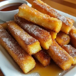 To make the best Cinnamon Sugar French Toast Sticks, you need a few key ingredients. Here’s a simple list to follow: - 4 slices of thick bread (brioche or Texas toast work best) - 2 large eggs - 1/2 cup milk - 1 teaspoon vanilla extract - 1 teaspoon ground cinnamon - 2 tablespoons granulated sugar - 1 tablespoon unsalted butter - Optional: maple syrup or honey for dipping Each ingredient plays a big role in flavor and texture. The thick bread gives a soft center and a crispy edge. Eggs and milk create a rich, custardy mix. Vanilla extract adds a warm sweetness, and ground cinnamon makes it cozy and inviting. You can choose brioche for its buttery flavor or Texas toast for its thickness. Both work great! The sugar and cinnamon make the sticks sweet and irresistible. Don't forget the butter; it adds richness when frying. For dipping, maple syrup or honey adds a touch of sweetness. It complements the cinnamon sugar perfectly. Enjoy these sticks warm for the best taste. {{ingredient_image_2}} Start by taking a wide, shallow bowl. Crack the two large eggs into it. Add the 1/2 cup of milk. Whisk them together until smooth. This helps to mix the flavors well. Next, include 1 teaspoon of vanilla extract. This gives a sweet aroma. Now add 1 teaspoon of ground cinnamon. It adds warmth and spice. Keep whisking until everything is well blended. This step is key for tasty French toast sticks. Choose thick slices of bread, like brioche or Texas toast. Each slice should be about one inch thick. Cut each slice into three long sticks. This size is perfect for dipping and eating. Ensure each stick is uniform. This way, they cook evenly. Uniformity helps you avoid some sticks being soggy while others are overcooked. Now, heat a non-stick skillet over medium heat. Once it's warm, add 1 tablespoon of unsalted butter. Let it melt and coat the bottom of the skillet. Next, dip each bread stick into the egg mixture. Make sure to coat all sides well. Allow any extra mixture to drip off. Place the sticks in the skillet without crowding them. Cook each side for about 2-3 minutes. You want them to turn a golden brown color. This step gives you that crispy texture. Enjoy watching them transform into delicious sticks! To make great French toast sticks, choose the right bread. Thick bread like brioche or Texas toast works best. These breads soak up the egg mixture well. They stay soft inside while getting crispy outside. Cooking temperature matters too. Use medium heat to cook the sticks. This allows them to cook evenly without burning. If your skillet is too hot, the outside will burn before the inside cooks. Keep your non-stick skillet in good shape. After cooking, let it cool down. Then, wash it with warm soapy water. Avoid using metal utensils; they can scratch the surface. To prevent sticking, always use enough butter. Melt it in the skillet before adding the bread sticks. If you notice sticking while cooking, lower the heat a bit. This helps the sticks cook without sticking to the pan. Pro Tips Choose the Right Bread: Using thick, sturdy bread like brioche or Texas toast helps the sticks hold their shape and absorb the egg mixture without becoming soggy. Even Cooking: Make sure not to overcrowd the skillet when cooking the sticks. This allows for better heat circulation and ensures they get crispy on all sides. Serve Immediately: For the best texture and flavor, serve the French toast sticks right after cooking while they’re warm and crispy. Experiment with Flavors: Feel free to add spices like nutmeg or a splash of orange zest to the egg mixture for a unique twist on classic cinnamon sugar flavor. {{image_4}} You can easily spice up your Cinnamon Sugar French Toast Sticks. Try adding a pinch of nutmeg or pumpkin spice to the egg mixture. These spices bring warmth and depth to each bite. For a sweet twist, mix in chocolate chips or fresh fruit like bananas or strawberries. They add flavor and make your dish more fun. If you want a healthier version, swap regular bread for whole grain or gluten-free bread. Both options are tasty and provide more fiber. You can also replace granulated sugar with natural sweeteners like honey or maple syrup. These choices can reduce refined sugar and add unique flavors. To keep your Cinnamon Sugar French Toast Sticks fresh, store them properly. Let the sticks cool first. Place them in an airtight container. If you have a lot, layer them with parchment paper to prevent sticking. You can refrigerate them for up to three days. If you want to save them longer, freeze them. Wrap each stick in plastic wrap, then place them in a freezer bag. They will stay good for about two months in the freezer. Reheating your French toast sticks is easy. The best way is to use an oven. Preheat your oven to 350°F (175°C). Place the sticks on a baking sheet for about 10 minutes. This method keeps them crispy. You can also use a toaster oven if you have one. Avoid using the microwave, as it can make them soggy. If you must use a microwave, just heat them for a few seconds. Enjoy your warm, delicious sticks! You can use several egg substitutes. Here are some popular options: - Flaxseed Meal: Mix 1 tablespoon of flaxseed meal with 2.5 tablespoons of water. Let it sit for 5 minutes to thicken. - Applesauce: Use 1/4 cup of unsweetened applesauce per egg. This adds sweetness and moisture. - Silken Tofu: Blend 1/4 cup of silken tofu until smooth. This works well for a creamy texture. - Mashed Banana: Use 1/4 cup of mashed banana. This adds a nice flavor and sweetness. These substitutes help bind the mixture while keeping it tasty. Yes, you can! Preparing the egg mixture ahead of time is smart. Here are some tips for storage: - Mix and Store: Whisk the eggs, milk, vanilla, and cinnamon. Store this in a sealed container in the fridge. - Timing: Use it within 24 hours for the best flavor and freshness. - Shake Before Use: Give the container a good shake before dipping the bread sticks. This helps blend the ingredients again. This makes morning routines quicker and easier! Dipping sauces can enhance the flavor of your sticks. Here are some great options: - Maple Syrup: A classic choice that adds sweetness and richness. - Honey: It offers a floral sweetness that pairs nicely. - Chocolate Sauce: For chocolate lovers, this adds a decadent touch. - Yogurt: Serve with Greek yogurt for a tangy contrast. These dips turn your French toast sticks into a fun and tasty treat! In this guide, we covered everything you need for perfect cinnamon sugar French toast sticks. We discussed the right ingredients, step-by-step instructions, and helpful tips. We explored fun variations and storage tips to keep your treats fresh. My final thought? With these simple steps, you can enjoy delicious French toast sticks any time. Experiment and make it your own!