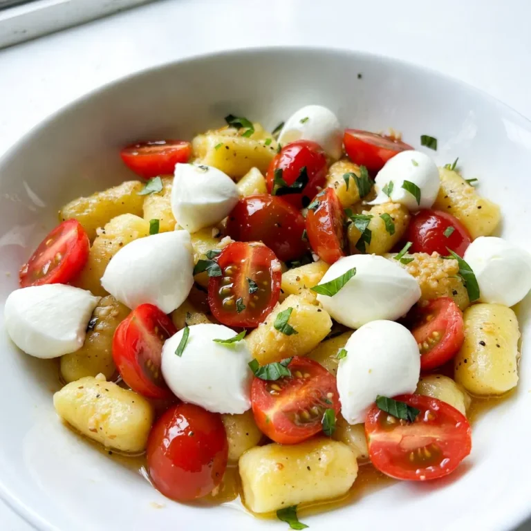 - 1 pound potato gnocchi - 4 tablespoons unsalted butter - 4 cloves garlic, minced - 1 cup cherry tomatoes, halved - 1 cup fresh mozzarella balls (bocconcini) - 1/4 cup fresh basil leaves, chopped - Salt and pepper to taste - 1 tablespoon balsamic glaze (for drizzling) - Optional: 1/4 teaspoon red pepper flakes for heat The main ingredients bring the dish to life. I love using potato gnocchi for its soft texture. It cooks quickly, making it great for busy days. The unsalted butter adds a rich flavor. Garlic is key here; it gives a warm, savory taste. Fresh ingredients make it bright and colorful. Cherry tomatoes burst with sweetness. They also add a juicy sauce. Fresh mozzarella adds creaminess. I like to use bocconcini because they melt nicely. The basil gives a fresh, herbal note that balances everything out. Seasonings round out the dish. Salt and pepper are basics, but they enhance all the flavors. Drizzling balsamic glaze adds a sweet tang. If you like spice, red pepper flakes can give it a kick. Gather these ingredients, and you are ready to make a delightful meal! {{ingredient_image_2}} - Bring a large pot of salted water to a boil. - Add the potato gnocchi and cook until they float. This takes about 2-3 minutes. The gnocchi are done when they rise to the top of the pot. This shows they are cooked through. Drain them and set aside while you prepare the sauce. - Melt unsalted butter in a skillet over medium heat. - Sauté minced garlic until fragrant. Watch the garlic closely. You want it to smell great and turn golden, not burnt. This step adds rich flavor to your dish. - Add cherry tomatoes to the skillet and cook until soft. - Toss in the cooked gnocchi and continue cooking. The tomatoes will burst and create a sauce. Stir gently so the gnocchi mix well with the tomatoes and garlic butter. Cook for another 2-3 minutes to crisp the gnocchi slightly. - Remove from heat and fold in mozzarella and basil. - Season with salt, pepper, and optional red pepper flakes. Mix everything well. The heat from the dish will melt the mozzarella a bit. This makes the meal creamy and delicious. Adjust the seasoning to your taste. To avoid overcooking gnocchi, watch closely as they cook. They float to the surface when done. This usually takes just 2-3 minutes. If you leave them too long, they become mushy. After cooking, drain them well and let them cool slightly. For crispy gnocchi, use a hot skillet and a bit of oil or butter. Sauté the gnocchi after adding them to the garlic butter mixture. Cook them for a few minutes until they are golden brown. This adds a nice crunch. To boost flavor, try adding fresh herbs like oregano or thyme. A pinch of red pepper flakes adds warmth. Mix these in when you add the garlic. Balancing garlic and tomato flavors is key. Use enough garlic to add depth but not so much that it overpowers the mild sweetness of the tomatoes. Start with four cloves and adjust to your taste. For creative plating, use a shallow bowl. Place the gnocchi in the center and arrange the mozzarella and basil on top. This makes your dish pop with color. Drizzle balsamic glaze carefully over the top. It adds a glossy finish and a sweet tang. Use a spoon to create a nice design. You can also sprinkle extra basil for a fresh touch. Pro Tips Use Fresh Ingredients: The flavor of this dish is heavily reliant on the freshness of the tomatoes and basil. Opt for ripe, in-season tomatoes and aromatic fresh basil for the best results. Don’t Overcook the Gnocchi: Gnocchi should be cooked until they float to the surface. Overcooking can make them mushy, so keep a close eye on them during boiling. Customize the Heat: Adjust the amount of red pepper flakes according to your spice preference. Start with a small amount and add more if you like it spicier! Perfect the Garlic Butter: Sauté the garlic just until fragrant and lightly golden. Overcooking can lead to a bitter taste, so stir frequently and keep the heat moderate. {{image_4}} You can easily make Caprese Garlic Butter Gnocchi even tastier with more veggies. Try adding fresh spinach or zucchini. Both will boost the nutrition and color of your dish. Simply chop the spinach and slice the zucchini. Add them to the skillet with the garlic butter. Cook for a few minutes until they soften. You can also switch up the cheese. If you want a creamier flavor, use burrata instead of mozzarella. For a sharper taste, try feta cheese. Each cheese brings its own flair to the dish, so feel free to experiment. Want to add some protein? Cooked chicken or shrimp work great in this dish. Just sauté them in the garlic butter before adding the tomatoes. This step infuses the protein with flavor. If you like Italian sausage, that’s a great choice too. Cook it in the skillet, breaking it up as it cooks. This will add a rich, savory taste to the gnocchi. Pairing sausage with the tomatoes gives a hearty feel to the meal. If you need gluten-free options, start with gluten-free gnocchi. Many brands offer this, so check your local store. They taste just as good and work well in this recipe. For a dairy-free version, look for alternative butter options. Vegan butter spreads or olive oil can be great substitutes. They will keep the creamy texture while making it dairy-free. To store your gnocchi, place it in an airtight container. Make sure it cools down first. This helps keep it fresh. Store it in the fridge. It will last about 3 days. When reheating, use a skillet. Add a little butter or oil. Heat it on low. This helps keep the gnocchi soft and tasty. Stir gently to avoid sticking. Yes, you can freeze Caprese Garlic Butter Gnocchi! It's a great way to save extra servings. To freeze, let the dish cool first. Then, transfer it to a freezer-safe container or bag. Remove as much air as possible to prevent freezer burn. To defrost, place it in the fridge overnight. For a quick method, use the microwave. Heat it in short bursts, stirring in between. This helps keep the texture nice. In the fridge, the dish lasts about 3 days. After that, check for signs that it has gone bad. Look for mold, an off smell, or a change in color. If you see any of these, it’s best to toss it. Always trust your senses when it comes to food safety. You can serve this dish with several sides. Here are some great options: - Garlic Bread: Crisp, buttery slices pair well with the rich flavors. - Simple Salad: A fresh salad with mixed greens adds a nice crunch. - Grilled Vegetables: Charred zucchini and bell peppers bring a smoky taste. - Roasted Asparagus: Tender asparagus spears complement the dish's creaminess. These sides enhance your meal and balance the flavors of the gnocchi. Yes, you can prep some parts ahead. Here are some tips: - Gnocchi: Cooked gnocchi can sit in the fridge for a day. - Garlic Butter: You can make the garlic butter in advance and keep it in the fridge. - Tomatoes: Chop the tomatoes and basil ahead of time. Just combine everything when you are ready to eat. This saves time and keeps the flavors fresh. Yes, you can make this dish vegan with a few swaps: - Gnocchi: Check for vegan gnocchi brands, as some use egg. - Butter: Use vegan butter or olive oil instead of regular butter. - Cheese: Replace mozzarella with a vegan cheese substitute. These changes keep the dish tasty while making it plant-based. Enjoy your vegan Caprese Garlic Butter Gnocchi! This dish is a delightful blend of gnocchi, garlic butter, and fresh ingredients. We covered how to cook gnocchi perfectly and enhance flavors with simple herbs. You can easily customize it by adding protein or veggies. Storing leftovers and making variations were also discussed. Remember, cooking can be fun and creative. Feel free to mix and match to find your favorite version. Enjoy making your Caprese Garlic Butter Gnocchi!