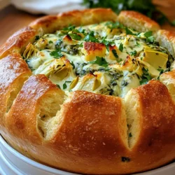 To make Spinach Artichoke Stuffed Bread, you will need: - 1 large round loaf of sourdough bread - 1 cup fresh spinach, chopped - 1 can (14 oz) artichoke hearts, drained and diced - 1 cup cream cheese, softened to room temperature - 1/2 cup sour cream - 1 cup shredded mozzarella cheese - 1/2 cup grated Parmesan cheese - 2 cloves garlic, finely minced - 1 teaspoon dried oregano - Salt and pepper to taste - Olive oil, for brushing - Fresh parsley, finely chopped (for garnish) You can swap ingredients if you need to. Here are some ideas: - Use goat cheese instead of cream cheese for a tangy twist. - Try Greek yogurt in place of sour cream for a lighter option. - Replace fresh spinach with frozen spinach. Just thaw and drain it well. - You can use any bread type, like a baguette or ciabatta, for a different flavor. Gather these tools to make your cooking easier: - A large mixing bowl for the filling. - A sharp knife to slice the bread. - A baking sheet to catch any drips. - A spoon for scooping out the bread. - A pastry brush for olive oil. - An oven to bake the delicious bread. With the right ingredients and tools, you can create this tasty dish in no time! {{ingredient_image_2}} First, you need to preheat your oven to 375°F (190°C). This step is key to getting a nice, crispy bread. Next, grab your large round loaf of sourdough bread. Carefully slice off the top about an inch down. This creates a lid for your bread. Now, scoop out the soft inside. Leave a thick shell to hold your yummy filling. Keep the scooped-out bread; it makes great dippers later! In a medium bowl, combine the following ingredients: - 1 cup fresh spinach, chopped - 1 can (14 oz) artichoke hearts, drained and diced - 1 cup cream cheese, softened - 1/2 cup sour cream - 1 cup shredded mozzarella cheese - 1/2 cup grated Parmesan cheese - 2 cloves garlic, minced - 1 teaspoon dried oregano - Salt and pepper to taste Mix everything well until it looks creamy and smooth. Taste it and add salt and pepper to your liking. Now, take your creamy filling and spoon it into the hollowed-out sourdough loaf. Pack it in tight! You want it nice and full. Lightly brush the outside of your stuffed bread with olive oil. This helps it turn a beautiful golden brown. Place the stuffed bread on a baking sheet to catch any drips. Bake it in the preheated oven for about 25-30 minutes. The cheese should be bubbly and the bread golden. Once it’s done baking, pull the bread out of the oven. Let it cool for a few minutes. Before serving, sprinkle some fresh parsley on top. This adds a nice touch of color and flavor. Slice the stuffed bread into wedges. Serve it warm, with the scooped-out bread on the side for dipping. Enjoy the creamy, cheesy goodness! Serve this dish warm. Cut it into wedges for easy sharing. The soft bread makes a great dipper. Pair it with a fresh salad or a bowl of soup. You can also serve it as a fun appetizer at parties. Everyone loves to break into that cheesy goodness! If you have leftovers, let the bread cool first. Wrap the stuffed bread tightly in foil or plastic wrap. Store it in the fridge for up to three days. This keeps the bread soft and the filling fresh. For longer storage, consider freezing it. Just wrap it well and place it in a freezer bag. To reheat, preheat your oven to 350°F (175°C). Cover the bread with foil to keep it from drying out. Heat for about 15-20 minutes. You want it warm and bubbly again. If you're in a hurry, you can also use the microwave. Heat in short bursts, checking often to avoid sogginess. Pro Tips Use Fresh Ingredients: Fresh spinach and high-quality artichoke hearts will enhance the flavor of your stuffed bread. Opt for fresh herbs if possible for a more vibrant taste. Customize the Cheese: Feel free to mix different types of cheese, such as goat cheese or cheddar, to add unique flavors and textures to the filling. Don’t Overstuff: While it’s tempting to pack in as much filling as possible, be careful not to overstuff the bread, as it may cause the filling to overflow during baking. Serve with Dippers: Utilize the scooped-out bread pieces as dippers alongside your stuffed bread for a fun and interactive eating experience! {{image_4}} You can make this dish vegetarian in a few simple ways. Instead of artichoke hearts, try using chopped mushrooms or bell peppers. Both add flavor and keep the dish tasty. You can also add cooked lentils or chickpeas for extra protein. These swaps keep the filling hearty and satisfying. Cheese plays a big role in the flavor of this dish. While mozzarella and Parmesan are classic choices, you can mix it up. Try using goat cheese for a tangy twist or cheddar for a sharper taste. You can also use a blend of your favorite cheeses. Just remember to adjust the amounts to keep the filling creamy. Want to customize your stuffed bread even more? Add-ins can make the filling special. Consider adding sun-dried tomatoes for sweetness or jalapeños for heat. You can also include fresh herbs like basil or thyme for extra freshness. Nuts, such as pine nuts or walnuts, can add crunch and depth. Just keep the balance in mind so the filling remains creamy and delicious. To store any leftovers, first let the stuffed bread cool. Wrap it tightly in plastic wrap or aluminum foil. You can also place it in an airtight container. This keeps the bread fresh and soft. Store it in the fridge for up to three days. When you're ready to enjoy it again, simply reheat. If you want to freeze the stuffed bread, follow these steps. Allow it to cool completely after baking. Wrap it well with plastic wrap, then with foil. This double layer protects it from freezer burn. You can freeze it for up to three months. When you want to eat it, thaw it overnight in the fridge. The shelf life of the spinach artichoke stuffed bread is about three days in the fridge. When reheating, preheat your oven to 350°F (175°C). Place the bread on a baking sheet and heat for about 10-15 minutes. This keeps the bread crispy and the filling warm. Enjoy your delicious leftovers! To make this recipe gluten-free, choose a gluten-free bread. Look for a large round gluten-free loaf at your local store. You can also use gluten-free bread mix to make your own loaf. Ensure the rest of the ingredients are gluten-free too. Most cheeses and canned artichokes are safe, but always check labels. Yes, you can use frozen spinach. Just make sure to thaw it first. Squeeze out any extra water. This step helps keep your filling from getting soggy. Frozen spinach is a great time-saver and still packs a lot of flavor. This stuffed bread pairs well with many dips. Try serving it with marinara sauce or garlic butter. You can also enjoy it with a light salad. A fresh garden salad adds a nice crunch and balances the creamy bread. You’ll know the stuffed bread is done when it turns golden brown. The cheese filling should bubble and look melted. This usually takes about 25 to 30 minutes in the oven. If you're unsure, you can insert a toothpick into the filling. It should come out clean, without any raw cheese. This blog post covered how to make delicious spinach artichoke stuffed bread. We listed all the key ingredients and helpful substitutions. You learned step-by-step instructions for prep, baking, and serving. Tips for storing and reheating leftovers add value to your meal. We also provided tasty variations, such as vegetarian options and cheese swaps. In the end, this recipe is versatile and easy. Enjoy your homemade treat with family and friends. Happy baking!