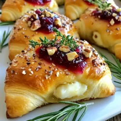 When making Cranberry Brie Crescent Bites, gather these tasty ingredients: - Refrigerated crescent roll dough - 8 ounces of Brie cheese, cut into small bite-sized pieces - 1 cup cranberry sauce (your choice: homemade or store-bought) - 2 tablespoons honey - 1/4 cup chopped pecans (optional but recommended for crunch) - Fresh rosemary leaves, for garnish (optional) - Salt and freshly cracked black pepper, to taste These ingredients work great together. The creamy Brie melts beautifully. The tart cranberry sauce adds a burst of flavor. Honey brings sweetness, making each bite special. Chopped pecans give a nice crunch, while rosemary adds fresh taste. Salt and pepper enhance all these flavors. You can find these items at most grocery stores. Using fresh ingredients helps your bites taste even better. Homemade cranberry sauce can add a personal touch. Don't skip the pecans; they really make a difference. Enjoy preparing these easy yet delicious bites! {{ingredient_image_2}} First, set your oven to 375°F (190°C). This heat will help the bites bake nicely. Line a baking sheet with parchment paper. This helps the bites not stick and makes cleanup easy. Next, open the can of crescent roll dough. Unroll it onto a clean surface. You will see perforations that separate the dough into triangles. Carefully pull apart these triangles. At the wider end of each triangle, place a small piece of Brie cheese. Make sure it is centered so it melts evenly. Spoon a teaspoon of cranberry sauce over the Brie. This will add a lovely sweet and tart flavor. Drizzle some honey on top for extra sweetness. If you like, sprinkle chopped pecans for crunch. Now, roll the crescent dough tightly from the wide end. Make sure to enclose the cheese and sauce well. Pinch the ends to seal them, so nothing leaks out during baking. Arrange the bites on your prepared baking sheet. Keep about 1 inch between each bite for even cooking. Place the baking sheet in the preheated oven. Bake for 12 to 15 minutes. Look for a golden brown color and puffed tops. When they are done, take them out and let them cool on the sheet for about 1 minute. For added flavor, sprinkle a little salt and freshly cracked black pepper on top. Garnish with fresh rosemary leaves for color and aroma. To get gooey melted Brie, use soft cheese. Cut it into small pieces. Place it in the center of the dough. Make sure you roll it tightly. This keeps the cheese inside while it melts. Bake until golden brown. The cheese should ooze out when you bite into it. Add flavor with spices like black pepper and salt. A pinch of each will make a big difference. You can also try dried herbs. Thyme or oregano can add a nice touch. If you like a bit of heat, sprinkle some red pepper flakes. This can give your bites a fun kick. Serve these bites on a colorful platter. Use fresh rosemary sprigs for a pop of green. Place a small bowl of cranberry sauce nearby for dipping. This adds both color and taste. The bites look great and taste even better! Pro Tips Use Fresh Cranberries: For a tart and vibrant flavor, consider making your own cranberry sauce using fresh cranberries, sugar, and a splash of orange juice. Experiment with Cheese: While Brie is delicious, try using other soft cheeses like Camembert or goat cheese for a different flavor profile. Adjust Sweetness: Taste your cranberry sauce before adding honey; if it's sweet enough, you can skip the honey to balance the flavors. Make Ahead: Assemble the crescent bites ahead of time and refrigerate them. Just bake them right before serving for a fresh, warm appetizer. {{image_4}} You can swap Brie for other cheeses. Creamy goat cheese works well. Sharp cheddar adds a nice twist. For a nutty flavor, try Gruyère. Each cheese brings its own taste and texture. Experiment to find your favorite combination. Cranberry sauce is great, but it’s not the only option. Try fig jam for a sweet touch. Apple butter gives a fruity flavor that pairs nicely with cheese. You can also use savory sauces like balsamic glaze for a unique taste. Feel free to get creative with your bites. Add cooked sausage for extra protein. Spinach or arugula can give a fresh crunch. For spice lovers, jalapeños add heat. Each addition can change the flavor and make it your own. If you have any leftover bites, let them cool first. Place them in an airtight container. Store them in the fridge for up to three days. This helps keep them fresh. If you want to keep them longer, consider freezing. To reheat, preheat your oven to 350°F (175°C). Place the leftover bites on a baking sheet. Bake for about 10 minutes or until warm. This method keeps them crispy. You can also use a microwave, but it may make them soggy. You can freeze these bites before baking. Assemble them as usual. Place them on a baking sheet and freeze until firm. Then transfer to a freezer bag. They can last up to three months in the freezer. When ready to bake, no need to thaw. Just add a few extra minutes to the baking time. Yes, you can make these bites ahead. Prepare them, but don’t bake yet. Instead, cover and keep them in the fridge for up to a day. When you are ready, just bake them as the recipe states. This saves time during your event. If you can't find Brie, try Camembert or goat cheese. Both melt well and add great flavor. You can even use cream cheese for a different taste, but it won’t melt in the same way. Watch for a golden color on the tops. The bites should puff up and look nicely browned. You can also check if they smell great; that means they are ready. Definitely! You can swap cranberry sauce for other jams. Try raspberry, apricot, or even fig preserves. Each will give a unique taste that pairs well with Brie. This blog post covered the tasty bites made with crescent roll dough, brie cheese, and cranberry sauce, topped with nuts and herbs. I shared easy steps to prepare, bake, and even store these appetizers. You now have tips for perfecting the cheese melt and ideas for variations to try. With these methods, you can impress others with your cooking. Enjoy creating these delightful treats and feel free to experiment with new flavors. Happy cooking!