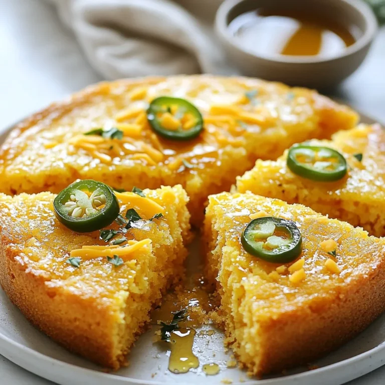 To make this tasty jalapeño cheddar cornbread, you'll need: - 1 cup cornmeal - 1 cup all-purpose flour - 1 tablespoon baking powder - 1/2 teaspoon salt - 1/4 teaspoon freshly ground black pepper - 1 cup buttermilk (or regular milk mixed with a tablespoon of vinegar) - 1/4 cup vegetable oil (or melted butter) - 2 large eggs, at room temperature - 1 cup shredded sharp cheddar cheese - 1-2 jalapeños, finely chopped - 1 tablespoon honey (optional) You can swap out some ingredients if needed. Use regular milk instead of buttermilk. If you don’t have buttermilk, mix regular milk with vinegar. For the oil, melted butter gives a richer taste. Adjust the jalapeños based on your spice level. Removing seeds makes it milder. For cheese, sharp cheddar is best. You can mix in pepper jack for extra heat. If you want a creamier texture, try Monterey Jack cheese. For jalapeños, fresh ones are great, but you can also use pickled jalapeños for a tangy twist. {{ingredient_image_2}} 1. First, preheat your oven to 400°F (200°C). This helps the cornbread rise well. 2. Next, take a 9-inch cast-iron skillet or a square baking dish. Grease it lightly with oil or butter. This step keeps the cornbread from sticking. 3. In a large bowl, mix together these dry ingredients: - 1 cup cornmeal - 1 cup all-purpose flour - 1 tablespoon baking powder - 1/2 teaspoon salt - 1/4 teaspoon freshly ground black pepper Whisk them well to combine. 4. In another bowl, whisk these wet ingredients until smooth: - 1 cup buttermilk (or regular milk with a tablespoon of vinegar) - 1/4 cup vegetable oil (or melted butter) - 2 large eggs, at room temperature 5. Slowly pour the wet mix into the dry mix. Stir gently with a spatula until just combined. Be careful not to overmix. This keeps your cornbread light. 1. Fold in these flavorful add-ins carefully: - 1 cup shredded sharp cheddar cheese - 1-2 jalapeños, finely chopped (remove seeds for less heat) - 1 tablespoon honey (optional) 2. Transfer this batter into your greased skillet or baking dish. Spread it evenly. 3. Place it in the preheated oven and bake for 20-25 minutes. The top should turn a nice golden brown. - To check if your cornbread is done, insert a toothpick into the center. If it comes out clean, your cornbread is ready. - If it takes longer than 25 minutes, continue baking but check every few minutes. This ensures you don’t overbake it. Enjoy the warm, cheesy goodness of your freshly baked jalapeño cheddar cornbread! To boost the taste of your cornbread, try adding a tablespoon of honey. This adds a nice touch of sweetness. You can also mix in some cream corn for extra moisture and flavor. A pinch of smoked paprika gives a smoky hint that pairs well with the cheese and jalapeños. One big mistake is overmixing the batter. This can make your cornbread dense and tough. Always mix gently until just combined. Another mistake is not letting the jalapeños sit in salt for a few minutes. This draws out excess moisture, keeping your cornbread from getting soggy. Lastly, avoid skipping the greasing step for your skillet or pan. This ensures a perfectly cooked cornbread that won’t stick. For soft texture, use room temperature eggs and buttermilk. This helps blend the ingredients smoothly. Also, be sure to fold in the cheese and jalapeños gently. This keeps the air in the batter, making it light. When baking, watch for a golden top. A toothpick should come out clean when it’s ready. Letting it cool in the pan for just a few minutes helps it set properly, making slicing easier. Pro Tips Use Fresh Jalapeños: Fresh jalapeños provide the best flavor and heat. Choose firm peppers with smooth skin for the best results. Room Temperature Ingredients: Ensure your eggs and buttermilk are at room temperature for a smoother batter and a fluffier cornbread. Check for Doneness: To avoid overbaking, start checking for doneness a few minutes before the timer goes off. The cornbread should be golden brown and a toothpick should come out clean. Storage Tips: Store leftover cornbread in an airtight container at room temperature for up to 2 days, or refrigerate for longer freshness. Reheat in the oven for best texture. {{image_4}} You can play with flavors in your cornbread. For a sweet twist, add honey or maple syrup. This gives a nice contrast to the heat of the jalapeños. You can also toss in corn kernels for a burst of sweetness. If you love savory, try adding cooked bacon or chives. Both options create a delicious cornbread that fits your taste. Want a gluten-free version? Use gluten-free flour instead of all-purpose flour. For a vegan choice, swap buttermilk with almond or oat milk. Use flaxseed mixed with water instead of eggs. This mix will hold the batter together. You’ll still enjoy a tasty dish without any animal products. Cornbread varies by region. In the South, people often add sugar for a sweeter dish. Texan cornbread may include cheese and jalapeños, just like this recipe. In the Southwest, cooks might add green chilies for an extra kick. Each region offers its own twist. Explore these variations to find your favorite style. To keep your leftover cornbread fresh, wrap it tightly in plastic wrap or foil. You can also place it in an airtight container. Store it at room temperature for up to two days. If you want to save it longer, refrigeration is best for up to a week. To reheat cornbread, use an oven or microwave. For the oven, preheat to 350°F (175°C). Wrap the cornbread in foil to prevent it from drying out. Heat for about 10-15 minutes or until warm. In the microwave, place a slice on a plate and cover it with a damp paper towel. Heat for 15-30 seconds, checking to avoid sogginess. For long-term storage, cornbread freezes well. First, cut it into slices. Wrap each slice in plastic wrap, then place them in a freezer bag. Remove as much air as possible before sealing. It can last up to three months in the freezer. To enjoy, thaw in the fridge overnight, then reheat as directed. Yes, you can make this cornbread ahead of time. Bake it and let it cool completely. Store it in an airtight container at room temperature for up to two days. You can also refrigerate it for up to a week. To serve, simply reheat in the oven or microwave. This cornbread pairs well with many dishes. Here are some great options: - Chilli or stew for a hearty meal. - Grilled meats like chicken or steak. - A fresh salad for a light side. - A bowl of soup, especially creamy ones. Adjusting the heat is easy! You can: - Use fewer jalapeños for less spice. - Remove the seeds and ribs from the jalapeños to tone it down. - For more heat, add extra jalapeños or mix in some chopped serrano peppers. This article shared how to make jalapeño cheddar cornbread. You learned about key ingredients, substitutions, and cheese variations. I explained the preparation and baking steps to help you succeed. We covered tips for flavor and avoiding common mistakes. There are ways to customize the recipe with sweet or savory add-ins. Plus, we discussed how to store and reheat cornbread. With this knowledge, you can create tasty cornbread your friends and family will love. Enjoy experimenting with different flavors and making it your own.