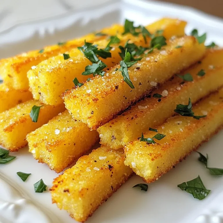 - 1 cup cornmeal - 4 cups vegetable broth - 1 cup freshly grated Parmesan cheese - 1 teaspoon garlic powder - 1 teaspoon onion powder - 1/2 teaspoon sea salt - 1/4 teaspoon freshly ground black pepper - 2 tablespoons extra virgin olive oil - Fresh parsley, finely chopped (for garnish) You can switch the Parmesan cheese with any cheese you like. Try mozzarella or cheddar for a new taste. If you want a richer flavor, use chicken broth instead of vegetable broth. For those who need gluten-free options, look for gluten-free cornmeal. This way, everyone can enjoy the fries! {{ingredient_image_2}} 1. Start by pouring 4 cups of vegetable broth into a medium saucepan. 2. Heat it over medium heat until it reaches a rolling boil. 3. As soon as the broth boils, slowly whisk in 1 cup of cornmeal. 4. Keep whisking to avoid lumps in the mixture. 1. Once the cornmeal is mixed in, reduce the heat to low. 2. Let it simmer for 10-15 minutes. Stir frequently until it thickens. 3. The polenta is ready when it pulls away from the sides of the pan. 4. Remove it from heat and mix in 1 cup of grated Parmesan cheese, 1 teaspoon of garlic powder, 1 teaspoon of onion powder, 1/2 teaspoon of sea salt, and 1/4 teaspoon of black pepper. 5. Stir until everything is creamy and well combined. 1. Pour the polenta into a greased baking dish. 2. Use a spatula to smooth it out into an even layer about 1 inch thick. 3. Let it cool at room temperature for a bit. 4. Cover and refrigerate it for at least 1-2 hours until firm. 1. Preheat your oven to 425°F (220°C). 2. Once firm, take the polenta out of the fridge. 3. Carefully cut it into fry shapes, about 1/2 inch wide. 4. Arrange the fries on a baking sheet lined with parchment paper. 5. Make sure they are spaced apart for even cooking. 6. Drizzle 2 tablespoons of extra virgin olive oil over the fries. 7. Gently toss them to coat each piece evenly. 8. Bake for 25-30 minutes, flipping them halfway through. 9. They should turn golden brown and crispy. 10. Once done, take them out and garnish with chopped parsley. 11. Serve them hot for the best taste! Spacing on the baking sheet is key. When you place the polenta fries, ensure they don’t touch. This helps them cook evenly. Each fry needs space to breathe. It prevents steaming and promotes that lovely crunch. During baking, use a flipping technique. Halfway through, turn each fry. This ensures all sides get golden brown. A gentle flip helps keep the fries intact. The goal is crispy on all sides. For added flavor, consider mixing seasonings. You can try smoked paprika or cayenne pepper. These spices give the fries a nice kick. If you want a fresh taste, add some herbs like rosemary. Serve the fries hot for the best taste. The crispiness shines when they’re fresh from the oven. Let them cool for just a minute before eating. I recommend pairing your polenta fries with dips. Marinara sauce is a classic choice. It offers a nice contrast to the crispy texture. A creamy ranch or garlic aioli also works well. When serving, presentation matters. Arrange the fries in a neat pile. Sprinkle fresh parsley on top for color. A side of dipping sauce adds flair and fun. Pro Tips Use Fresh Ingredients: For the best flavor, always opt for freshly grated Parmesan cheese instead of pre-packaged options. Chill for Crispiness: Allowing the polenta to chill and set properly in the fridge helps achieve that perfect crispy texture when baked. Flavor Variations: Experiment with different seasonings like smoked paprika or cayenne pepper for a spicy kick in your polenta fries. Serving Suggestions: Pair your fries with various dips, such as garlic aioli or a zesty salsa, to enhance the flavor experience. {{image_4}} You can change the taste of your polenta fries easily. Adding herbs like rosemary or thyme gives a fresh twist. Spices such as paprika or cayenne can add heat and depth. You can also mix in cheese beyond Parmesan. Cheddar or feta can boost flavor. You can prepare these fries in different ways. Air frying gives a crunchy texture with less oil. Just set your air fryer to 400°F and cook for about 15 minutes. If you prefer, you can pan-fry them. Heat oil in a skillet and fry until golden brown for a rich taste. Think about fun ways to serve polenta fries. You can create loaded fries by topping them with cheese, bacon, or jalapeños. Pair them with dips like marinara or garlic aioli for extra flavor. They also go well with a fresh salad or grilled veggies for a complete meal. To keep your leftover polenta fries fresh, follow these tips: - Refrigeration: Place the fries in an airtight container. This helps prevent them from drying out. They can last up to 3 days in the fridge. - Freezing: For longer storage, freeze the fries in a single layer. After they freeze, transfer them to a freezer-safe bag. They can stay good for up to 3 months. When you're ready to enjoy your fries again, here’s how to reheat them: - Oven Reheating: Preheat your oven to 400°F (200°C). Place the fries on a baking sheet. Bake for about 10-15 minutes until they are hot and crispy. - Alternative Methods: You can also use an air fryer. Set it to 375°F (190°C) and heat for about 5-7 minutes. This method works great for keeping them crispy. To make your polenta fries nice and crispy, follow these tips: - Use a thin layer of polenta when spreading it in the baking dish. - Ensure your fries are not touching on the baking sheet. This helps them crisp up. - Flip the fries halfway through baking for even browning. - Bake at a high temperature to achieve that crunchy texture. Yes, you can make this recipe vegan! Here are some ideas: - Replace Parmesan cheese with nutritional yeast for a cheesy flavor. - Use vegetable broth to keep it plant-based. - For extra richness, add a vegan cream instead of cheese. These fries pair well with many dips and dishes: - Serve with marinara sauce for a classic combo. - Try a zesty garlic aioli for a creamy twist. - They also go great with a fresh salad or grilled veggies. Here's a quick breakdown of the time needed: - Prep time: 15 minutes - Cooling and setting time: 1-2 hours - Cooking time: 25-30 minutes Overall, plan for about 1 hour and 15 minutes before you can enjoy these tasty fries! This blog post covered how to make crispy Parmesan polenta fries. We discussed the required ingredients, with tips for substitutions. I provided clear step-by-step instructions for preparation and cooking. We explored ways to achieve the perfect crispiness and shared serving ideas. Finally, I included storage tips and answered your common questions. Enjoy experimenting with flavors and textures in this versatile dish. Use the tips to create your own tasty variations. Happy cooking!