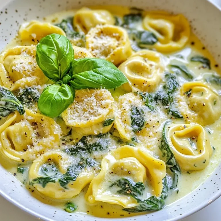- Cheese tortellini (9 oz) - Olive oil (2 tablespoons) - Fresh spinach (4 cups) - Heavy cream (1 cup) - Grated Parmesan cheese (1/2 cup) - Italian seasoning (1 teaspoon) - Garlic (3 cloves, minced) - Salt and freshly cracked black pepper - Red pepper flakes (optional) Gathering the right ingredients makes cooking more fun. For this creamy spinach tortellini skillet, you need cheese tortellini. You can use fresh or frozen. I love using fresh for a softer texture. The olive oil adds healthy fat and flavor. Fresh spinach is a must. The bright green leaves wilt down nicely, adding color and nutrients. Heavy cream gives this dish its rich, creamy base. It coats the tortellini beautifully. Grated Parmesan cheese brings a salty, nutty taste. Italian seasoning ties all the flavors together. Garlic adds a fragrant aroma and depth. Don't forget salt and freshly cracked black pepper to taste. If you like a kick, red pepper flakes add heat. You can skip them if you prefer. When you have all these ingredients ready, you can create a tasty meal in no time! {{ingredient_image_2}} - Heat 2 tablespoons of olive oil in a large skillet over medium heat. - Add 3 minced garlic cloves and sauté for about 1 minute. The garlic should smell good but not brown. - Toss in 4 cups of chopped spinach. - Stir the spinach for about 2-3 minutes until it wilts and becomes tender. - Pour in 1 cup of heavy cream and add 1/2 cup of grated Parmesan cheese. - Mix well and let it simmer for 3-4 minutes. The sauce should thicken nicely. - Boil 9 ounces of tortellini according to the package instructions. - Drain the tortellini and set it aside for later. - Add the cooked tortellini to the skillet with the creamy sauce. - Mix gently to coat the tortellini well. Season with salt, pepper, and red pepper flakes if you like some heat. - Remove the skillet from the heat and garnish with fresh basil leaves. - For extra flavor, sprinkle more Parmesan on top before serving. To achieve the best creamy texture, use heavy cream. It adds richness that makes your dish shine. You can also use half-and-half for a lighter version. If your sauce gets too thick, add a splash of pasta water. This helps keep it smooth and blend well. Add fresh herbs like thyme or oregano for depth. You can also sprinkle in some nutmeg for a warm finish. For extra nutrition, toss in veggies like peas or cherry tomatoes. They not only boost flavor but also add color to your dish. Choose a large, nonstick skillet for even cooking. This helps prevent sticking and burning. When you sauté garlic, keep the heat medium-low. Stir constantly to avoid burning. Burnt garlic can ruin the flavor of your sauce. Pro Tips Fresh Spinach is Best: Use fresh spinach for a vibrant flavor and texture. If using frozen, make sure to thaw and drain it well to avoid excess moisture. Customize Your Cheese: Feel free to experiment with different types of cheese. A mix of mozzarella and Parmesan can give a delightful twist to the dish. Perfect Tortellini Cooking: Ensure you cook the tortellini al dente to maintain its texture when mixed with the creamy sauce. This will prevent it from becoming mushy. Extra Flavor Boost: Add a splash of lemon juice or zest just before serving for a bright, fresh flavor that complements the creaminess of the dish. {{image_4}} You can add grilled chicken or shrimp to this dish. This boosts protein and adds flavor. Cook the chicken or shrimp separately and mix them in before serving. Another option is to swap out the tortellini for gnocchi. It gives a different texture and taste to the meal. Gnocchi is soft and will soak up the creamy sauce well. If you're looking for vegetarian options, consider using more veggies. Bell peppers or zucchini work great. Just sauté them with the spinach until tender. For a vegan twist, replace the cream and cheese with plant-based versions. Coconut cream and nutritional yeast can create a creamy base and cheesy flavor. Try different cheeses to change the taste. Mozzarella or goat cheese can add unique flavors. You can also add lemon zest or juice. This brightens the dish and balances the creaminess. A little acidity can make a big difference in flavor. To store leftovers, let the creamy spinach tortellini cool first. This step helps keep moisture from building up. Place the leftovers in an airtight container to maintain freshness. I recommend using glass or BPA-free plastic containers. They seal tightly and help prevent spills. Your dish should stay fresh for about three days in the fridge. Yes, you can freeze creamy tortellini skillet. However, the texture may change after freezing. To freeze, let the dish cool completely. Then, transfer it to a freezer-safe container or bag. Ensure you remove as much air as possible. This helps prevent freezer burn. When ready to eat, thaw it overnight in the fridge. For reheating, the stovetop works best. Gently warm the dish in a skillet over low heat. Stir occasionally to heat it evenly. If the cream separates, add a splash of milk or broth while stirring. This helps bring the cream back together. You can also use a microwave if needed. Just cover it to keep moisture in, and heat in short bursts. Yes, you can use frozen spinach. Just thaw it first and drain any excess water. This helps prevent a watery sauce. The flavor will still be great, and it saves time. To make this dish gluten-free, choose gluten-free tortellini. Many brands offer tasty options that mimic the original. Check the label to ensure it meets your needs. This dish pairs well with a simple salad or garlic bread. You could also serve it with roasted vegetables for added nutrition. A light white wine complements the flavors nicely. Leftovers will last about 3 to 4 days in the fridge. Store them in an airtight container to keep them fresh. Reheat the dish on the stove for best results. You can prep some parts ahead. Cook the tortellini and sauce separately. Store them in the fridge and combine them when you are ready to eat. This saves time on busy days. This creamy spinach tortellini skillet is simple and delicious. We covered key ingredients, easy steps, and helpful tips for a great meal. You can customize it with proteins or veggies. Remember to store leftovers properly for later enjoyment. This dish is perfect for busy nights or a quick lunch. Enjoy the creamy texture and tasty flavors. You now have all you need to impress your family or friends with this dish. Cook, share, and savor this delightful meal.