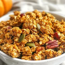 - 2 cups rolled oats - 1 cup pumpkin seeds - 1 cup chopped pecans - 1/2 cup honey or maple syrup - 1/3 cup melted coconut oil - 1 teaspoon pure vanilla extract - 1 tablespoon pumpkin spice blend - 1/2 teaspoon fine sea salt - 1/2 cup dried cranberries or raisins Pumpkin spice granola clusters are a treat you can enjoy any time. The main ingredients create a great base. Rolled oats give the clusters a nice chewy texture. Pumpkin seeds add crunch and good nutrition. Chopped pecans bring a rich, nutty flavor. Honey or maple syrup acts as a sweet binder. For flavor, melted coconut oil makes the granola crisp and tasty. Pure vanilla extract adds warmth. The pumpkin spice blend is key here, giving that cozy fall taste. Finally, sea salt balances the sweetness and enhances all the flavors. You can also add dried cranberries or raisins for a fruity kick. These optional add-ins bring a nice contrast to the spices. They make each bite a little more exciting. Feel free to mix and match. Use different nuts or add seeds based on what you like. The key is to have fun and make it your own! {{ingredient_image_2}} - Preheat oven to 350°F (175°C). - Line baking sheet with parchment paper. Start by preheating your oven. This step gets your oven ready for baking. The parchment paper keeps the granola from sticking. - Combine rolled oats, pumpkin seeds, chopped pecans, and sea salt. In a large bowl, add the rolled oats, pumpkin seeds, and chopped pecans. Don’t forget the sea salt! Stir these together until mixed well. This mix forms the base of your granola. - Whisk together honey (or maple syrup), melted coconut oil, vanilla extract, and pumpkin spice. In a separate bowl, whisk the honey, melted coconut oil, vanilla extract, and pumpkin spice. This mixture adds sweetness and flavor to your granola. Make sure it’s smooth and well combined. - Pour wet mixture over dry ingredients and stir thoroughly. Now, pour the wet mixture over the dry ingredients. Stir carefully until every oat, seed, and nut gets coated. This helps the granola stick together when baking. - Transfer to baking sheet and press into an even layer. - Bake for 20-25 minutes until golden brown. Next, transfer your mix to the baking sheet. Press it down firmly into an even layer. Bake it for 20-25 minutes. Look for a golden brown color. The smell will be amazing! - Cool for 10 minutes and cut into clusters. - Add optional cranberries or raisins. After baking, cool the granola for about 10 minutes. Once cool, use a knife to cut into clusters, or break apart by hand. If you like, mix in some dried cranberries or raisins for added sweetness. To get the best cluster formation, you must press the mixture firmly. After mixing the wet and dry ingredients, spread them evenly on the baking sheet. Use your hands or a spatula to press down hard. This helps the granola hold together when baking. Firmly pressing the mixture creates big, crunchy clusters. If you skip this step, your granola may turn out crumbly. Remember, the more you press, the better your clusters! You can swap sweeteners for a twist in flavor. Honey gives a nice taste, but maple syrup works too. You can even use agave syrup for a lighter touch. Each option adds its unique flavor. Using different nuts and seeds can also change the taste. Try almonds, walnuts, or sunflower seeds. Each nut adds its crunch and flavor. Feel free to mix and match to find your favorite combo! For a beautiful presentation, serve your granola clusters in a rustic bowl. Garnish with a sprinkle of cinnamon or extra pumpkin seeds on top. This adds color and makes your dish more inviting. You can also pair the clusters with yogurt or milk for serving. This makes a lovely breakfast or snack. Enjoy your tasty creation in style! Pro Tips Choose Your Sweetener: You can use either honey or maple syrup depending on your taste preference. Maple syrup will provide a more robust flavor, while honey adds a natural sweetness. Press Firmly: Make sure to press the granola mixture down firmly on the baking sheet. This will help the clusters stick together better and create a satisfying crunch. Storage Tips: Store your granola clusters in an airtight container at room temperature for up to two weeks. For longer freshness, consider refrigerating them. Experiment with Add-ins: Feel free to customize your granola by adding other nuts, seeds, or dried fruits according to your preference. Chocolate chips can also be a delicious addition! {{image_4}} You can make your pumpkin spice granola clusters even more festive. Adding chocolate chips gives a sweet twist. Just mix in half a cup of your favorite chocolate chips after baking. This works well for the holidays. Spice variations can also change the flavor. You could try adding cinnamon or nutmeg. Both spices pair well with pumpkin. Just swap out a little of the pumpkin spice blend for these other spices. If you need a gluten-free option, don’t worry. You can use gluten-free oats in your recipe. They taste just as good and keep the clusters crunchy. You can also use alternative nut butters for binding. Try almond butter or sunflower seed butter. They help hold everything together. For those with nut allergies, there are easy swaps. Substitute nuts with extra seeds. Pumpkin seeds or sunflower seeds work great. They still give you healthy fats and a crunch. You can also choose nut-free sweeteners. Maple syrup or coconut sugar are good options. They add sweetness without the nuts. To keep your granola clusters fresh, store them in an airtight container. This prevents moisture from making them soggy. I recommend a glass jar or a plastic container with a good seal. Place the container in a cool, dry spot away from sunlight. Avoid the fridge, as cold air can make them lose their crunch. At room temperature, your granola clusters will last about two weeks. If you want them to last longer, consider freezing them. They can stay good for up to three months in the freezer. Just make sure to use a freezer-safe bag or container. This helps maintain their flavor and texture. If your granola clusters lose some crunch, don’t worry! You can easily restore their crispness. Preheat your oven to 300°F (150°C). Spread the clusters on a baking sheet in a single layer. Bake them for about 5-10 minutes. Keep an eye on them so they do not burn. Let them cool before enjoying again! To help your granola clusters stick, use enough binding ingredients. Honey or maple syrup works best. Make sure to mix well. After mixing, press the granola firmly into the pan. This helps the clusters hold together while baking. - Use a spatula or your hands to pack it tightly. - Bake until golden brown for a crispy finish. - Let it cool before breaking it apart into clusters. Yes, you can use different sweeteners instead of honey. Agave syrup and maple syrup are great alternatives. They provide a similar sweetness and work well in this recipe. Just keep the liquid amount the same for best results. - Agave syrup has a mild taste and is vegan. - Maple syrup adds a unique flavor and is great for fall. Pumpkin spice granola clusters are versatile. They pair well with yogurt or milk. You can also sprinkle them on top of oatmeal or smoothie bowls. This adds a crunchy texture and rich flavor. - Try them with Greek yogurt for extra protein. - Use them as a topping for pancakes or waffles. Pumpkin spice granola can be healthy. It is full of oats, seeds, and nuts. These ingredients provide fiber, healthy fats, and protein. The dried fruits add natural sweetness and vitamins. - Rolled oats help with heart health and digestion. - Pumpkin seeds are rich in magnesium and zinc. - Just watch the portion size if you are mindful of sugar. This pumpkin spice granola clusters recipe combines tasty ingredients and easy steps. You learned how to mix dry and wet ingredients, shape the mixture, and bake until golden. Remember to press firmly for the best clusters. You can customize with seasonal flavors or store them for later. Enjoy these clusters as a snack or with yogurt. Whether for yourself or guests, this treat is sure to impress. Make it your own and savor the warmth of pumpkin spice!
