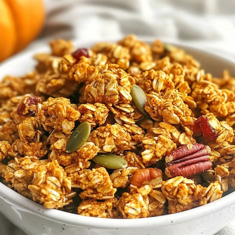 - 2 cups rolled oats - 1 cup pumpkin seeds - 1 cup chopped pecans - 1/2 cup honey or maple syrup - 1/3 cup melted coconut oil - 1 teaspoon pure vanilla extract - 1 tablespoon pumpkin spice blend - 1/2 teaspoon fine sea salt - 1/2 cup dried cranberries or raisins Pumpkin spice granola clusters are a treat you can enjoy any time. The main ingredients create a great base. Rolled oats give the clusters a nice chewy texture. Pumpkin seeds add crunch and good nutrition. Chopped pecans bring a rich, nutty flavor. Honey or maple syrup acts as a sweet binder. For flavor, melted coconut oil makes the granola crisp and tasty. Pure vanilla extract adds warmth. The pumpkin spice blend is key here, giving that cozy fall taste. Finally, sea salt balances the sweetness and enhances all the flavors. You can also add dried cranberries or raisins for a fruity kick. These optional add-ins bring a nice contrast to the spices. They make each bite a little more exciting. Feel free to mix and match. Use different nuts or add seeds based on what you like. The key is to have fun and make it your own! {{ingredient_image_2}} - Preheat oven to 350°F (175°C). - Line baking sheet with parchment paper. Start by preheating your oven. This step gets your oven ready for baking. The parchment paper keeps the granola from sticking. - Combine rolled oats, pumpkin seeds, chopped pecans, and sea salt. In a large bowl, add the rolled oats, pumpkin seeds, and chopped pecans. Don’t forget the sea salt! Stir these together until mixed well. This mix forms the base of your granola. - Whisk together honey (or maple syrup), melted coconut oil, vanilla extract, and pumpkin spice. In a separate bowl, whisk the honey, melted coconut oil, vanilla extract, and pumpkin spice. This mixture adds sweetness and flavor to your granola. Make sure it’s smooth and well combined. - Pour wet mixture over dry ingredients and stir thoroughly. Now, pour the wet mixture over the dry ingredients. Stir carefully until every oat, seed, and nut gets coated. This helps the granola stick together when baking. - Transfer to baking sheet and press into an even layer. - Bake for 20-25 minutes until golden brown. Next, transfer your mix to the baking sheet. Press it down firmly into an even layer. Bake it for 20-25 minutes. Look for a golden brown color. The smell will be amazing! - Cool for 10 minutes and cut into clusters. - Add optional cranberries or raisins. After baking, cool the granola for about 10 minutes. Once cool, use a knife to cut into clusters, or break apart by hand. If you like, mix in some dried cranberries or raisins for added sweetness. To get the best cluster formation, you must press the mixture firmly. After mixing the wet and dry ingredients, spread them evenly on the baking sheet. Use your hands or a spatula to press down hard. This helps the granola hold together when baking. Firmly pressing the mixture creates big, crunchy clusters. If you skip this step, your granola may turn out crumbly. Remember, the more you press, the better your clusters! You can swap sweeteners for a twist in flavor. Honey gives a nice taste, but maple syrup works too. You can even use agave syrup for a lighter touch. Each option adds its unique flavor. Using different nuts and seeds can also change the taste. Try almonds, walnuts, or sunflower seeds. Each nut adds its crunch and flavor. Feel free to mix and match to find your favorite combo! For a beautiful presentation, serve your granola clusters in a rustic bowl. Garnish with a sprinkle of cinnamon or extra pumpkin seeds on top. This adds color and makes your dish more inviting. You can also pair the clusters with yogurt or milk for serving. This makes a lovely breakfast or snack. Enjoy your tasty creation in style! Pro Tips Choose Your Sweetener: You can use either honey or maple syrup depending on your taste preference. Maple syrup will provide a more robust flavor, while honey adds a natural sweetness. Press Firmly: Make sure to press the granola mixture down firmly on the baking sheet. This will help the clusters stick together better and create a satisfying crunch. Storage Tips: Store your granola clusters in an airtight container at room temperature for up to two weeks. For longer freshness, consider refrigerating them. Experiment with Add-ins: Feel free to customize your granola by adding other nuts, seeds, or dried fruits according to your preference. Chocolate chips can also be a delicious addition! {{image_4}} You can make your pumpkin spice granola clusters even more festive. Adding chocolate chips gives a sweet twist. Just mix in half a cup of your favorite chocolate chips after baking. This works well for the holidays. Spice variations can also change the flavor. You could try adding cinnamon or nutmeg. Both spices pair well with pumpkin. Just swap out a little of the pumpkin spice blend for these other spices. If you need a gluten-free option, don’t worry. You can use gluten-free oats in your recipe. They taste just as good and keep the clusters crunchy. You can also use alternative nut butters for binding. Try almond butter or sunflower seed butter. They help hold everything together. For those with nut allergies, there are easy swaps. Substitute nuts with extra seeds. Pumpkin seeds or sunflower seeds work great. They still give you healthy fats and a crunch. You can also choose nut-free sweeteners. Maple syrup or coconut sugar are good options. They add sweetness without the nuts. To keep your granola clusters fresh, store them in an airtight container. This prevents moisture from making them soggy. I recommend a glass jar or a plastic container with a good seal. Place the container in a cool, dry spot away from sunlight. Avoid the fridge, as cold air can make them lose their crunch. At room temperature, your granola clusters will last about two weeks. If you want them to last longer, consider freezing them. They can stay good for up to three months in the freezer. Just make sure to use a freezer-safe bag or container. This helps maintain their flavor and texture. If your granola clusters lose some crunch, don’t worry! You can easily restore their crispness. Preheat your oven to 300°F (150°C). Spread the clusters on a baking sheet in a single layer. Bake them for about 5-10 minutes. Keep an eye on them so they do not burn. Let them cool before enjoying again! To help your granola clusters stick, use enough binding ingredients. Honey or maple syrup works best. Make sure to mix well. After mixing, press the granola firmly into the pan. This helps the clusters hold together while baking. - Use a spatula or your hands to pack it tightly. - Bake until golden brown for a crispy finish. - Let it cool before breaking it apart into clusters. Yes, you can use different sweeteners instead of honey. Agave syrup and maple syrup are great alternatives. They provide a similar sweetness and work well in this recipe. Just keep the liquid amount the same for best results. - Agave syrup has a mild taste and is vegan. - Maple syrup adds a unique flavor and is great for fall. Pumpkin spice granola clusters are versatile. They pair well with yogurt or milk. You can also sprinkle them on top of oatmeal or smoothie bowls. This adds a crunchy texture and rich flavor. - Try them with Greek yogurt for extra protein. - Use them as a topping for pancakes or waffles. Pumpkin spice granola can be healthy. It is full of oats, seeds, and nuts. These ingredients provide fiber, healthy fats, and protein. The dried fruits add natural sweetness and vitamins. - Rolled oats help with heart health and digestion. - Pumpkin seeds are rich in magnesium and zinc. - Just watch the portion size if you are mindful of sugar. This pumpkin spice granola clusters recipe combines tasty ingredients and easy steps. You learned how to mix dry and wet ingredients, shape the mixture, and bake until golden. Remember to press firmly for the best clusters. You can customize with seasonal flavors or store them for later. Enjoy these clusters as a snack or with yogurt. Whether for yourself or guests, this treat is sure to impress. Make it your own and savor the warmth of pumpkin spice!