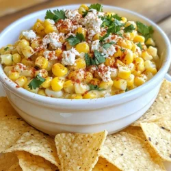 - 2 cups corn kernels (either fresh or frozen) - 1 cup cream cheese, softened to room temperature - 1 cup crumbled Cotija cheese - 1/2 cup sour cream - 1/2 cup mayonnaise - 1 jalapeño pepper, finely chopped (seeds removed for a milder flavor) - 1/4 cup fresh cilantro leaves, finely chopped - 2 tablespoons fresh lime juice - 1 teaspoon chili powder - Salt and pepper to taste In this recipe, corn kernels are the star. They bring a sweet crunch. You can use fresh or frozen corn. If you want a creamy base, you need cream cheese, sour cream, and mayonnaise. Cream cheese adds richness. Cotija cheese gives a nice salty bite. The jalapeño pepper adds a kick. Remove the seeds if you want less heat. Fresh cilantro brightens the dish. Lime juice adds zest. Finally, chili powder adds depth. Salt and pepper balance the flavors. Gathering these ingredients helps you create a flavorful dip that everyone will love. {{ingredient_image_2}} First, heat a medium skillet over medium heat. Next, add 2 cups of corn kernels to the skillet. Sauté the corn for about 5 to 7 minutes. Stir occasionally. Look for a slight char and caramelization on the corn. This step brings out its natural sweetness. It also adds depth to the dip. Once done, remove the skillet from heat and let the corn cool for a bit. In a large mixing bowl, combine 1 cup of softened cream cheese, 1/2 cup of sour cream, and 1/2 cup of mayonnaise. Using a hand mixer or a whisk, blend these ingredients until smooth. You want a creamy texture without lumps. This base gives the dip its rich flavor. After the corn cools, fold it into the cream cheese mixture. Now, add 1 cup of crumbled Cotija cheese, 1/4 cup of finely chopped cilantro, and 1 finely chopped jalapeño (make sure to remove the seeds for less heat). Pour in 2 tablespoons of fresh lime juice and add 1 teaspoon of chili powder. Season with salt and pepper to taste. Stir thoroughly until all ingredients blend well. Taste the dip and adjust the seasoning if needed. If you want a bolder flavor, add more lime juice or chili powder. Spoon the dip into a nice serving dish, and enjoy the vibrant flavors! To make your Mexican street corn dip even better, play with the seasonings. You can add a bit more chili powder for heat. If you like it spicy, try adding more jalapeño or a pinch of cayenne pepper. Lime juice adds brightness, so don’t be shy with it. Taste your dip as you go. Adjust the flavors until it's just right for you. Serving matters! For a fun touch, use a colorful bowl. You can layer the dip for a nice look. Top it with extra Cotija cheese and cilantro for a pop of color. A sprinkle of chili powder also adds visual flair. Serve it with tortilla chips arranged around the bowl. This makes the dip inviting and ready to enjoy. You’ll need a few key tools for this dip. A medium skillet is great for sautéing the corn. For mixing, a large bowl works well. A hand mixer helps get that creamy texture quickly. If you don’t have one, a whisk will do. Just mix until everything is smooth and well combined. This will ensure your dip is creamy and delicious. Pro Tips Use Fresh Corn: Fresh corn will provide a sweeter and crunchier texture compared to frozen. If in season, opt for fresh corn on the cob for the best flavor. Adjust Spice Level: For a milder dip, remove the seeds from the jalapeño. If you prefer more heat, consider adding a pinch of cayenne pepper or using a spicier variety of pepper. Make Ahead: This dip can be prepared a few hours in advance. Just cover it with plastic wrap and refrigerate until ready to serve. This allows the flavors to meld together beautifully. Garnish for Presentation: Enhance the visual appeal by garnishing with extra Cotija cheese, a sprinkle of chili powder, and a few additional cilantro leaves before serving. {{image_4}} You can switch up the cheese in this dip for different flavors. If you want a creamier texture, try using goat cheese. It adds a tangy taste that pairs well with corn. Another great option is feta cheese. It gives a similar salty kick and is easy to find. If you want a lighter dip, use yogurt instead of sour cream. Greek yogurt works well and adds a nice tang. It also cuts down on calories while keeping a creamy texture. This simple swap can make the dip feel fresh and healthy. To change the spice level, use different peppers. For a milder dip, leave out the jalapeño seeds. If you want more heat, add diced serrano peppers for a spicy kick. You can also try using smoked paprika for a rich, smoky flavor. Feel free to add other herbs and spices. Fresh dill or parsley can brighten the taste. A dash of cumin can also add warmth and depth. Mixing in some garlic powder or onion powder can enhance the overall flavor as well. Using seasonal ingredients can add fun twists to this dip. In summer, try adding diced tomatoes or avocado for freshness. These ingredients bring a burst of flavor and color. In the fall, roasted pumpkin or butternut squash can make it creamy and sweet. For summer barbecues, keep the dip cool. Use ice packs under the serving bowl to keep it fresh. You can also serve it in a hollowed-out bell pepper for a festive look. This makes it easy for guests to grab and dip while enjoying the sun. To keep your Mexican street corn dip fresh, store it in an airtight container. Make sure the lid fits tightly. This helps keep out air and moisture. The dip lasts about 3 to 5 days in the fridge. If you notice any changes in smell or color, it’s best to throw it away. Yes, you can freeze this dip! Just place it in a freezer-safe container. Seal it well to avoid freezer burn. When you’re ready to eat, move it to the fridge to thaw overnight. To reheat, warm it in a skillet over low heat. Stir it often until it’s hot and smooth again. After storage, serve the dip chilled or warm. If it seems thick, mix in a splash of sour cream or mayonnaise to restore its creamy texture. For extra flavor, add a sprinkle of lime juice or fresh cilantro on top before serving. Enjoy it with tortilla chips for the best crunch! You can serve this dip with tortilla chips. They add a nice crunch. You can also try fresh veggies like carrots or celery sticks. These add color and crunch too. For drinks, pair it with a light beer or a refreshing margarita. Both drinks balance the rich flavors of the dip nicely. Yes, you can make this dip ahead of time. I recommend making it up to a day before serving. Store it in an airtight container in the fridge. To keep the flavors fresh, mix in the lime juice just before serving. This keeps the dip bright and flavorful. Absolutely! To make it vegetarian, skip the Cotija cheese. You can use feta cheese for a similar taste. If you want to keep it creamy, use plain yogurt instead of sour cream. This dip is versatile and can fit many diets. Just check the ingredients to ensure they meet your needs. This blog post detailed how to make a tasty Mexican Street Corn Dip. You learned about the key ingredients, like corn, cream cheese, and Cotija cheese. We covered steps for preparation and mixing, along with tips for flavor and presentation. You can even tweak the recipe with seasonal ingredients or alternative flavors. Remember, store leftovers properly for the best taste. Enjoy making this dip and impress your family and friends. This dip is sure to be a hit at your next gathering!