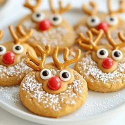 To make No-Bake Reindeer Cookies, gather these fun and simple ingredients: - 1 cup creamy peanut butter - 1 cup powdered sugar - 1 cup graham cracker crumbs - ½ cup mini chocolate chips - ½ cup pretzel twists (for antlers) - 12 candy eyes - Red candy (such as M&M's or red chocolate pearls, for noses) - 1 tablespoon melted chocolate (for attaching decorations) These ingredients create a sweet treat that is perfect for the holiday season. The peanut butter adds a rich flavor, while the graham cracker crumbs give a nice crunch. The candy eyes and red noses make these cookies extra cute! You can easily find these items at your local grocery store. Make sure to have everything ready before you start. This way, your cookie-making fun will flow smoothly! {{ingredient_image_2}} Start by blending 1 cup of creamy peanut butter with 1 cup of powdered sugar. Use a spatula or whisk for this task. Make sure you get a smooth mixture that holds together well. Next, gradually fold in 1 cup of graham cracker crumbs. Stir well until you have a thick, moldable dough. If the mix feels too sticky, simply add a bit more graham cracker crumbs. Now, take portions of the dough, about 1 tablespoon each. Roll them into small balls. Place the balls gently on a baking sheet lined with parchment paper. This makes it easy to remove them later. For antlers, carefully insert two pretzel twists into the top of each dough ball. Adjust them so they look like real antlers. Press two candy eyes onto each cookie, placing them slightly above the center. This gives your cookies a cute reindeer face. Finally, use melted chocolate to stick a red candy right below the eyes for the nose. Now, it's time to chill the cookies. Place the baking sheet in the refrigerator for about 30 minutes. Chilling helps the cookies firm up and keep their shape. To get the right dough, start with the base. Mix the peanut butter and powdered sugar well. If your mix feels sticky, add a bit more graham cracker crumbs. This helps adjust the moisture level. You want a thick, moldable dough that holds its shape. Use melted chocolate as glue for your decorations. It works great for holding the eyes and noses in place. For the eyes, place them slightly above the center. This gives your cookies a cute reindeer face. When adding noses, a dab of melted chocolate helps stick the red candy right below the eyes. Serving your cookies in fun ways can make them pop! Stack them on a plate or display them on a festive tray. Adding edible glitter around the cookies gives them a magical look. You can also use colorful paper or fabric underneath for extra flair. Pro Tips Use Fresh Ingredients: Ensure your pretzels are fresh for the best texture and flavor, as stale pretzels can affect the overall taste of the cookies. Chill Thoroughly: Allowing the cookies to chill for a full 30 minutes helps them set properly and makes them easier to handle when serving. Customize Your Decor: Feel free to mix and match different candies for the eyes and nose to create your own unique reindeer designs! Storage Tips: Store any leftover cookies in an airtight container in the refrigerator to keep them fresh for up to a week. {{image_4}} You can change up the flavor of your No-Bake Reindeer Cookies. If you want a different taste, try using almond or cashew butter instead of peanut butter. This swap gives a unique twist to the classic recipe. You can also use dark, milk, or white chocolate instead of mini chocolate chips. Each chocolate type adds its own flavor and sweetness. For those with dietary needs, you can make gluten-free versions. Simply use gluten-free graham crackers in the recipe. This keeps the texture while ensuring everyone can enjoy them. If you want vegan cookies, substitute the creamy peanut butter with a vegan nut butter. Use vegan chocolate chips to ensure all ingredients fit a vegan diet. It’s easy to make these cookies for everyone! These cookies are perfect for holiday fun. You can create different designs for various celebrations. For Halloween, add orange candy for noses and use chocolate-covered pretzels for spooky antlers. For Christmas, decorate with festive sprinkles or edible glitter. You can even create a snowman version by using white chocolate and round cookie shapes. The ideas are endless, and you can customize them for any holiday! To keep your no-bake reindeer cookies fresh, store them in an airtight container. This helps prevent them from drying out or absorbing other odors. You can use any container with a tight seal. A glass jar or plastic container works well. Layer parchment paper between cookies if stacking them. This will help keep them from sticking together. You can freeze no-bake cookies for later enjoyment. To do this, first, let the cookies cool in the fridge for about 30 minutes. Once firm, place them in a single layer on a baking sheet. Freeze until solid, then transfer them to an airtight container. Be sure to separate layers with parchment paper. When you are ready to serve the cookies, take them out of the freezer. Let them thaw in the fridge for a couple of hours. This keeps them from getting too soft. Enjoy your festive treats at any time! No-bake reindeer cookies last about a week at room temperature. Keep them in an airtight container to stay fresh. If you store them in the fridge, they can last up to two weeks. The cold helps maintain their shape and flavor. Yes, you can use many types of candies! For eyes, you might try chocolate chips or candy corn. For noses, any red candy works, like red gummy bears or cherry jelly beans. Get creative and use what you have! If you need a nut-free option, use sun butter. It has a similar texture and taste. You can also try soy nut butter or a thick cream cheese. These options keep the cookies tasty and safe for everyone. Chilling the cookies is important. It helps them firm up and hold their shape. If you skip this step, they may not look as nice. Chill them for about 30 minutes before serving. This small wait makes a big difference! In this blog post, we explored a fun recipe for No-Bake Reindeer Cookies. You learned about the ingredients, mixing the base, shaping cookies, and adding festive features. I shared tips for the perfect dough and decorating ideas. Variations offer flavor swaps and dietary options. Proper storage ensures freshness, and FAQs answered common questions. No-Bake Reindeer Cookies are a simple and fun treat. They are perfect for your holiday gatherings. Enjoy making these treats and let your creativity shine!