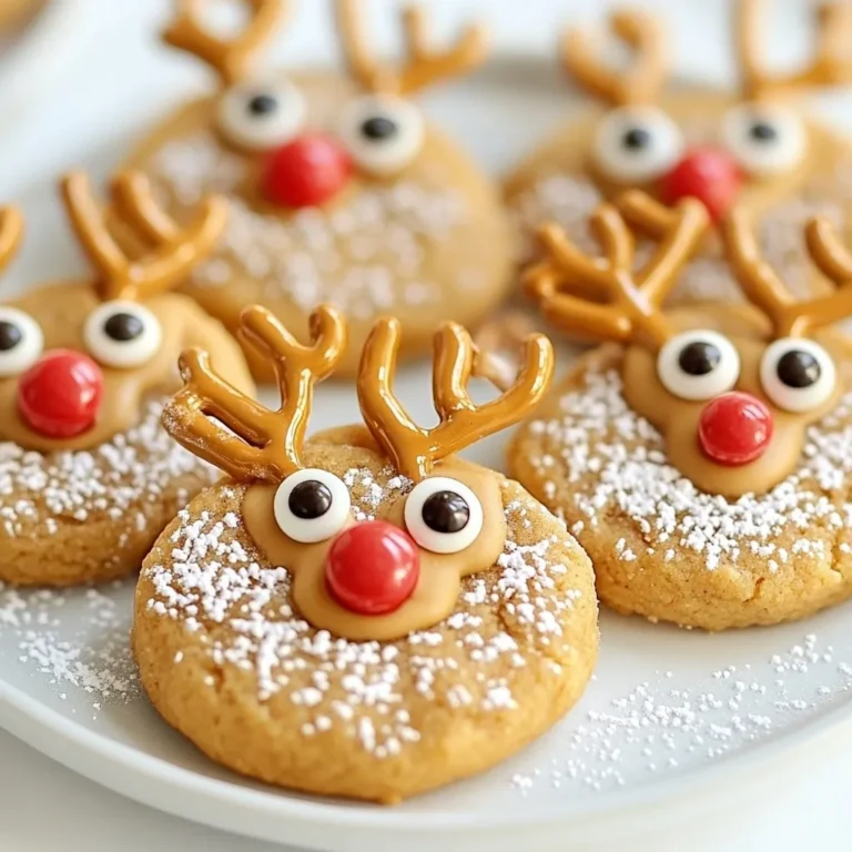 To make No-Bake Reindeer Cookies, gather these fun and simple ingredients: - 1 cup creamy peanut butter - 1 cup powdered sugar - 1 cup graham cracker crumbs - ½ cup mini chocolate chips - ½ cup pretzel twists (for antlers) - 12 candy eyes - Red candy (such as M&M's or red chocolate pearls, for noses) - 1 tablespoon melted chocolate (for attaching decorations) These ingredients create a sweet treat that is perfect for the holiday season. The peanut butter adds a rich flavor, while the graham cracker crumbs give a nice crunch. The candy eyes and red noses make these cookies extra cute! You can easily find these items at your local grocery store. Make sure to have everything ready before you start. This way, your cookie-making fun will flow smoothly! {{ingredient_image_2}} Start by blending 1 cup of creamy peanut butter with 1 cup of powdered sugar. Use a spatula or whisk for this task. Make sure you get a smooth mixture that holds together well. Next, gradually fold in 1 cup of graham cracker crumbs. Stir well until you have a thick, moldable dough. If the mix feels too sticky, simply add a bit more graham cracker crumbs. Now, take portions of the dough, about 1 tablespoon each. Roll them into small balls. Place the balls gently on a baking sheet lined with parchment paper. This makes it easy to remove them later. For antlers, carefully insert two pretzel twists into the top of each dough ball. Adjust them so they look like real antlers. Press two candy eyes onto each cookie, placing them slightly above the center. This gives your cookies a cute reindeer face. Finally, use melted chocolate to stick a red candy right below the eyes for the nose. Now, it's time to chill the cookies. Place the baking sheet in the refrigerator for about 30 minutes. Chilling helps the cookies firm up and keep their shape. To get the right dough, start with the base. Mix the peanut butter and powdered sugar well. If your mix feels sticky, add a bit more graham cracker crumbs. This helps adjust the moisture level. You want a thick, moldable dough that holds its shape. Use melted chocolate as glue for your decorations. It works great for holding the eyes and noses in place. For the eyes, place them slightly above the center. This gives your cookies a cute reindeer face. When adding noses, a dab of melted chocolate helps stick the red candy right below the eyes. Serving your cookies in fun ways can make them pop! Stack them on a plate or display them on a festive tray. Adding edible glitter around the cookies gives them a magical look. You can also use colorful paper or fabric underneath for extra flair. Pro Tips Use Fresh Ingredients: Ensure your pretzels are fresh for the best texture and flavor, as stale pretzels can affect the overall taste of the cookies. Chill Thoroughly: Allowing the cookies to chill for a full 30 minutes helps them set properly and makes them easier to handle when serving. Customize Your Decor: Feel free to mix and match different candies for the eyes and nose to create your own unique reindeer designs! Storage Tips: Store any leftover cookies in an airtight container in the refrigerator to keep them fresh for up to a week. {{image_4}} You can change up the flavor of your No-Bake Reindeer Cookies. If you want a different taste, try using almond or cashew butter instead of peanut butter. This swap gives a unique twist to the classic recipe. You can also use dark, milk, or white chocolate instead of mini chocolate chips. Each chocolate type adds its own flavor and sweetness. For those with dietary needs, you can make gluten-free versions. Simply use gluten-free graham crackers in the recipe. This keeps the texture while ensuring everyone can enjoy them. If you want vegan cookies, substitute the creamy peanut butter with a vegan nut butter. Use vegan chocolate chips to ensure all ingredients fit a vegan diet. It’s easy to make these cookies for everyone! These cookies are perfect for holiday fun. You can create different designs for various celebrations. For Halloween, add orange candy for noses and use chocolate-covered pretzels for spooky antlers. For Christmas, decorate with festive sprinkles or edible glitter. You can even create a snowman version by using white chocolate and round cookie shapes. The ideas are endless, and you can customize them for any holiday! To keep your no-bake reindeer cookies fresh, store them in an airtight container. This helps prevent them from drying out or absorbing other odors. You can use any container with a tight seal. A glass jar or plastic container works well. Layer parchment paper between cookies if stacking them. This will help keep them from sticking together. You can freeze no-bake cookies for later enjoyment. To do this, first, let the cookies cool in the fridge for about 30 minutes. Once firm, place them in a single layer on a baking sheet. Freeze until solid, then transfer them to an airtight container. Be sure to separate layers with parchment paper. When you are ready to serve the cookies, take them out of the freezer. Let them thaw in the fridge for a couple of hours. This keeps them from getting too soft. Enjoy your festive treats at any time! No-bake reindeer cookies last about a week at room temperature. Keep them in an airtight container to stay fresh. If you store them in the fridge, they can last up to two weeks. The cold helps maintain their shape and flavor. Yes, you can use many types of candies! For eyes, you might try chocolate chips or candy corn. For noses, any red candy works, like red gummy bears or cherry jelly beans. Get creative and use what you have! If you need a nut-free option, use sun butter. It has a similar texture and taste. You can also try soy nut butter or a thick cream cheese. These options keep the cookies tasty and safe for everyone. Chilling the cookies is important. It helps them firm up and hold their shape. If you skip this step, they may not look as nice. Chill them for about 30 minutes before serving. This small wait makes a big difference! In this blog post, we explored a fun recipe for No-Bake Reindeer Cookies. You learned about the ingredients, mixing the base, shaping cookies, and adding festive features. I shared tips for the perfect dough and decorating ideas. Variations offer flavor swaps and dietary options. Proper storage ensures freshness, and FAQs answered common questions. No-Bake Reindeer Cookies are a simple and fun treat. They are perfect for your holiday gatherings. Enjoy making these treats and let your creativity shine!