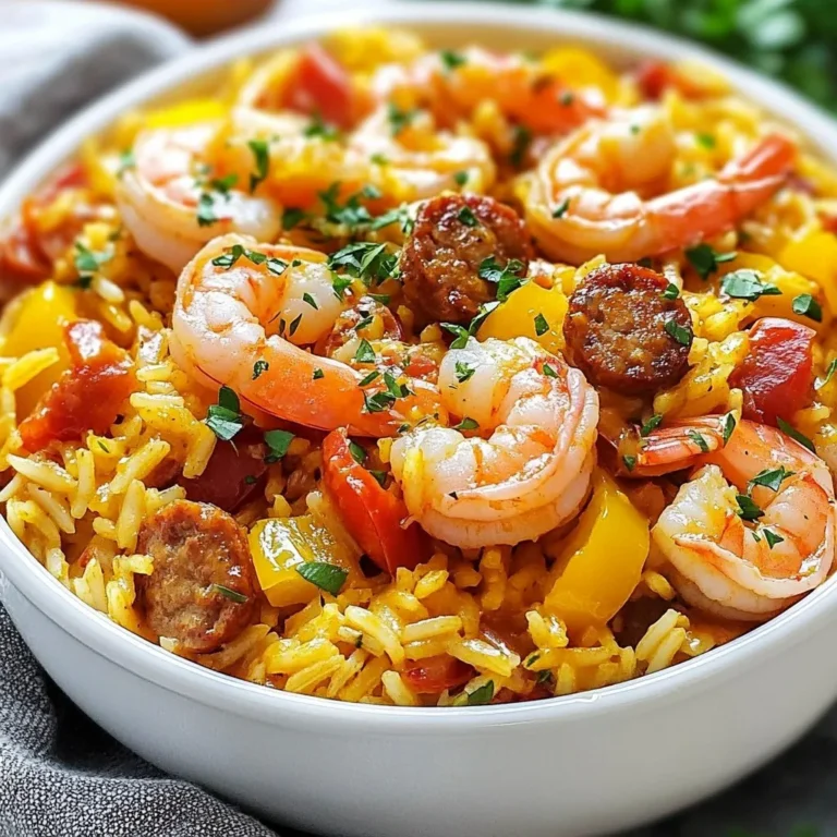 - 1 lb shrimp, peeled and deveined - 1/2 lb Andouille sausage, sliced - 1 bell pepper (red or green), diced - 1 medium onion, finely chopped - 2 celery stalks, diced - 3 cloves garlic, minced - 1 can (14.5 oz) diced tomatoes, with juices - 2 cups chicken broth - 1 1/2 cups long-grain rice These main ingredients form the heart of the dish. The shrimp adds a sweet and briny flavor. Andouille sausage gives a smoky kick. The vegetables add freshness and crunch. Tomatoes bring acidity and richness to the mix. - 2 teaspoons Cajun seasoning - 1/2 teaspoon dried thyme - 1/2 teaspoon dried oregano - Salt and freshly ground pepper, to taste Cajun seasoning is vital. It brings heat and depth. Thyme and oregano add earthiness. Salt and pepper enhance all the flavors. The right balance of spices makes this dish shine. - 2 tablespoons olive oil - Fresh parsley, chopped, for garnish Olive oil helps sauté the sausage and veggies. It adds richness to the dish. Fresh parsley brightens the plate and adds a pop of color. This garnish makes the dish look inviting and fresh. {{ingredient_image_2}} 1. Start by cleaning the shrimp. Rinse them well under cold water. 2. Pat the shrimp dry with a paper towel. 3. Season the shrimp with salt and pepper. 4. Next, slice the Andouille sausage into bite-sized pieces. 5. Chop the onion and dice the bell pepper. 6. Dice the celery and set all the veggies aside. 1. Heat two tablespoons of olive oil in a large pot over medium heat. 2. Add the sliced sausage and sauté for about 5-7 minutes until it's brown. 3. Remove the sausage from the pot, leaving the fat. 4. In the same pot, add the chopped onion, bell pepper, and celery. 5. Sauté the vegetables for about 5 minutes until they soften. 6. Add minced garlic and cook for another minute. 7. Pour in the diced tomatoes with their juices and chicken broth. 8. Sprinkle in Cajun seasoning, thyme, and oregano. Stir everything well. 1. Increase the heat and bring the mixture to a boil. 2. Once boiling, add the rinsed rice and return the sausage to the pot. 3. Stir gently, then reduce the heat to low. 4. Cover the pot and let it simmer for 20-25 minutes. 5. While the rice cooks, sauté the shrimp in a separate skillet for 3-4 minutes. 6. Remove the shrimp when they turn pink and opaque. 7. Once the rice is tender, gently fold in the shrimp. 8. Cover the pot again and let it sit for 5 minutes. 9. Fluff the jambalaya with a fork before serving. 10. Garnish with chopped parsley for a fresh touch. To make Cajun seasoning at home, you can mix salt, pepper, paprika, cayenne, garlic powder, and onion powder. This blend gives your dish that classic, rich taste. Always use fresh, high-quality ingredients. Fresh shrimp and good sausage will make your jambalaya shine. For the best jambalaya, use a heavy pot like a Dutch oven. It holds heat well and helps the rice cook evenly. When adding rice, stir it gently. This prevents it from sticking. Cook it on low heat for about 20-25 minutes. This timing ensures the rice is tender but not mushy. For a stunning presentation, serve jambalaya in deep bowls. Top each bowl with fresh parsley and a sprinkle of Cajun seasoning. Pair it with crusty bread or a light salad. A cold drink, like lemonade or iced tea, complements the flavors nicely. Pro Tips Freshness Matters: Use the freshest shrimp you can find for the best flavor and texture. If possible, buy shrimp that has been previously frozen but never thawed to maintain its quality. Customize Your Spice Level: Adjust the amount of Cajun seasoning based on your heat preference. Start with a little less and taste as you go to find your perfect balance. Perfect Rice Texture: Rinse your rice before cooking to remove excess starch, which helps achieve a fluffier texture. Ensure not to stir the rice too much while it cooks to prevent it from becoming mushy. Flavor Boost: For an extra layer of flavor, consider adding a splash of hot sauce or a squeeze of lemon juice just before serving. This brightens up the dish and enhances the Cajun flavors. {{image_4}} You can easily change the main protein in jambalaya. If you want a different taste, use chicken. Just cut it into bite-sized pieces and cook it like the sausage. You can also try adding other seafood, like fish or scallops. For a veggie option, swap in tofu or mushrooms. These choices give you great flavor while keeping the dish filling. Feel free to switch up the veggies in your jambalaya. Use zucchini, corn, or even okra for a twist. Each vegetable adds a unique taste and texture. You can also try different rice types. Brown rice adds a nutty flavor but takes longer to cook. Quinoa is a great gluten-free choice too, and it cooks faster than long-grain rice. Adjusting the spice level is simple. If you prefer mild flavors, use less Cajun seasoning. You can add more herbs, like parsley or basil, to keep it tasty. For a spicier kick, boost the Cajun seasoning or add red pepper flakes. Taste as you go to find your perfect heat level. To store leftovers in the fridge, let the jambalaya cool first. Place it in an airtight container. This keeps it fresh and tasty. I recommend using glass or BPA-free plastic containers. These types don't absorb odors. For freezing jambalaya, cool it completely before packing. Use freezer-safe containers or heavy-duty freezer bags. Squeeze out as much air as you can. This helps prevent freezer burn. When you’re ready to eat, thaw it overnight in the fridge. Reheat in a pot over low heat, adding a splash of broth if needed. In the fridge, jambalaya lasts about 3 to 4 days. In the freezer, it can last up to 3 months. Check for signs of spoilage before eating. If it smells off or has a strange texture, throw it away. Always trust your senses when it comes to food safety. Jambalaya comes from Louisiana. It blends French, Spanish, and African cooking styles. This dish shows the rich culture of the region. People made it to feed many mouths, using local ingredients. Over time, it became a staple at gatherings and parties. Yes, you can use brown rice. However, it takes longer to cook. Brown rice needs about 40-45 minutes to become tender. You might need to add more broth. Be sure to check the rice often while it cooks. To reduce the heat, use mild sausage. You can also skip the Cajun seasoning or use less of it. Adding more vegetables like bell peppers helps balance the spice. Serve with sour cream or yogurt on the side to cool it down. This blog post covered the essential ingredients, cooking steps, and handy tips for making Cajun Shrimp and Sausage Jambalaya. You learned about prepping shrimp, sausage, and vegetables, and the spices that add real flavor. By using quality ingredients and following our cooking techniques, you can achieve that authentic taste. Now it’s your turn to experiment with proteins and spice levels. Jambalaya is adaptable, so feel free to make it your own. Enjoy the process and flavor in every bite!