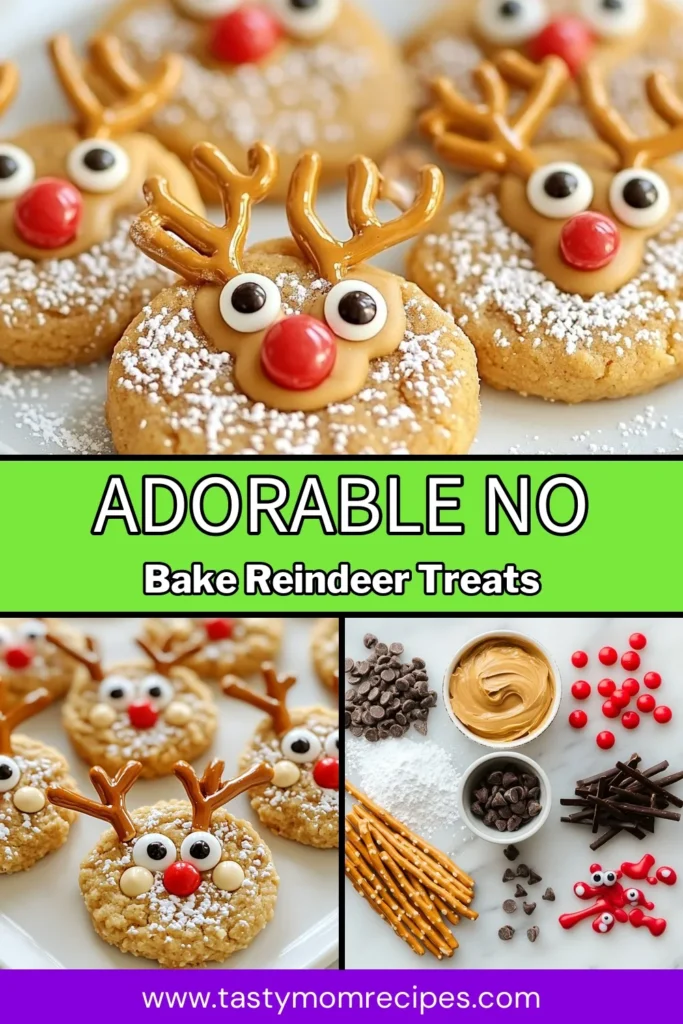 Get into the holiday spirit with these adorable no-bake reindeer cookies! These easy holiday cookie recipes are perfect for festive celebrations and make delightful Christmas treats. Simply mix peanut butter cookie balls with crunchy graham crackers, and add cute pretzel antlers. Ideal for gatherings or as fun no-bake dessert ideas, these cookies will impress all. Save this recipe to your holiday board now! #NoBakeReindeerCookies #EasyHolidayRecipes #FestiveChristmasTreats #NoBakeDessertIdeas