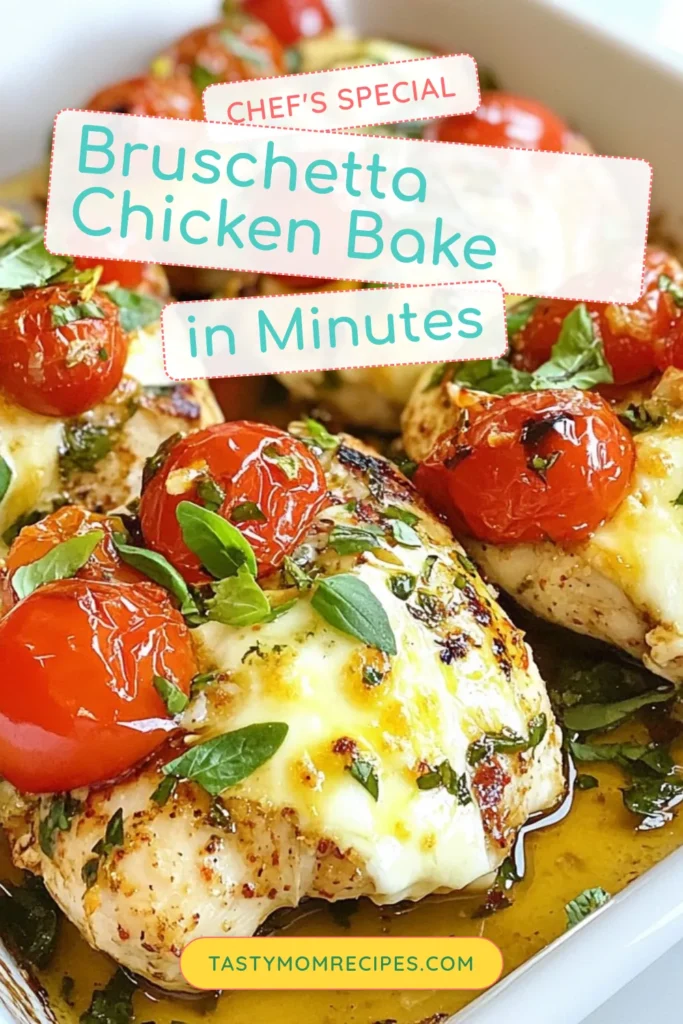 Looking for an easy chicken recipe? Try this Bruschetta Chicken Bake, a delightful blend of baked chicken with tomatoes and melted mozzarella cheese! This healthy chicken dinner idea is perfect for busy weeknights and packs a flavorful punch. With fresh ingredients like cherry tomatoes and basil, it’s a family favorite. Save and make this delicious mozzarella chicken bake tonight! #BruschettaChickenBake #EasyChickenRecipes #HealthyDinnerIdeas #BakedChickenWithTomatoes