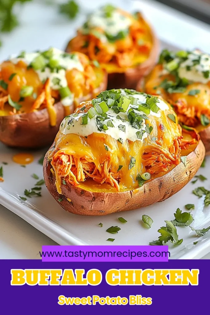Savor the deliciousness of Buffalo Chicken Stuffed Sweet Potatoes with this easy dinner recipes with chicken! This healthy buffalo chicken recipe features baked sweet potatoes filled with spicy buffalo chicken and melted cheese, drizzled with a tangy yogurt-lime sauce. Perfect for a nutritious meal and packed with flavor, you'll love every bite! Try this stuffed sweet potatoes recipe today. Save it for your next meal! #BuffaloChickenSweetPotatoes #HealthyDinner #StuffedSweetPotatoes #EasyRecipes
