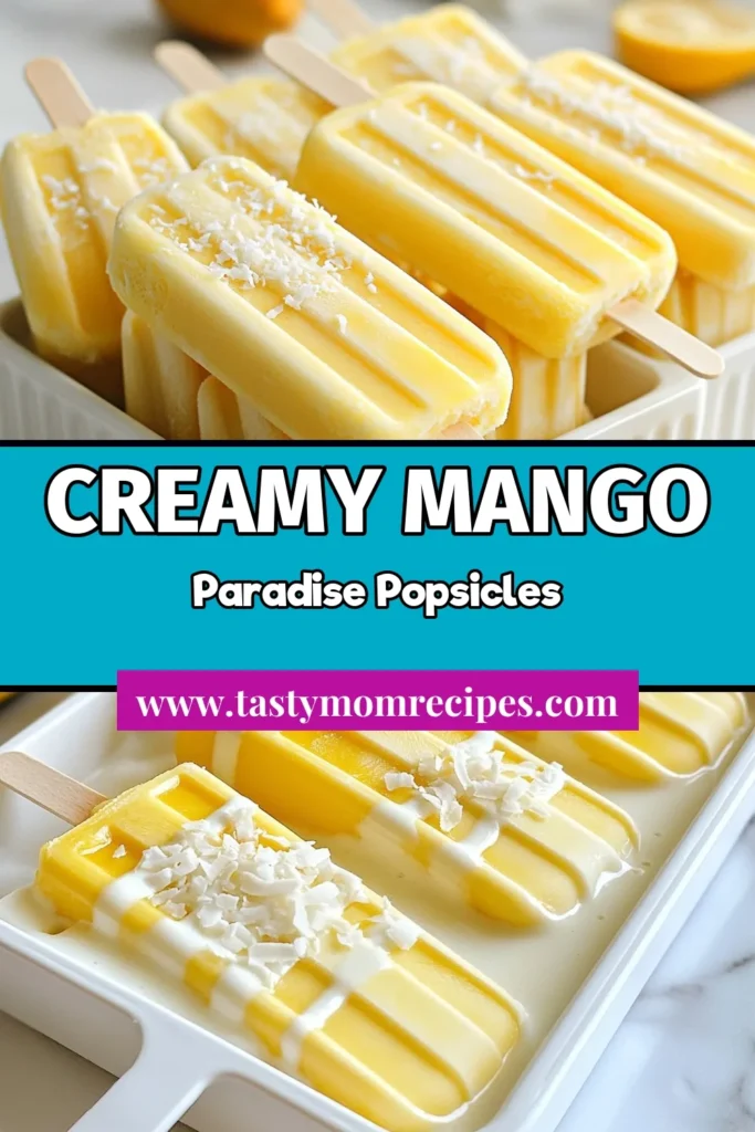 Indulge in these creamy coconut mango popsicles that offer a taste of the tropics with every bite! These homemade mango popsicles are not only refreshing but also a healthy popsicle recipe, perfect for summer treats. Made with creamy coconut milk and Greek yogurt, these dairy-free frozen treats are easy to make. Beat the heat and enjoy a delicious tropical coconut dessert today! Save this recipe for later! #Popsicles #HealthyTreats #SummerRecipes #TropicalDessert