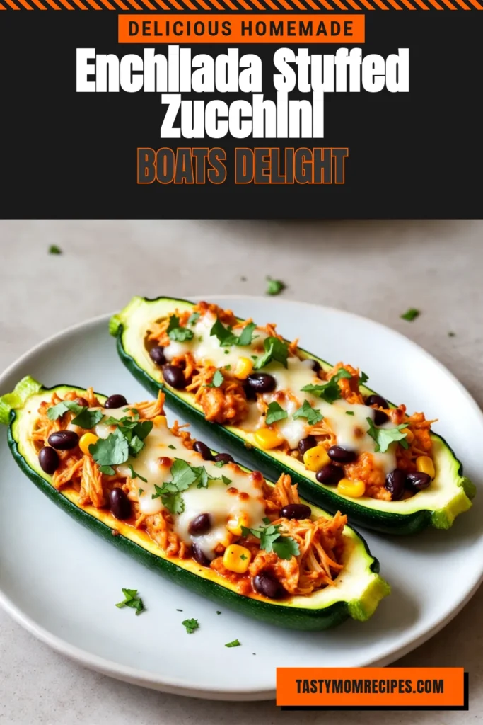 Delicious chicken enchilada stuffed zucchini boats are the perfect low-carb enchilada recipe for a healthy meal! This zucchini boats recipe features zesty chicken and black beans, topped with melted cheese for a comforting dish. With just 15 minutes of prep, you can enjoy baked zucchini with chicken that the whole family will love. Try these tasty, healthy chicken enchiladas today! Save now for a flavorful dinner idea! #HealthyRecipes #ZucchiniBoats #LowCarbRecipes #ChickenEnchiladas